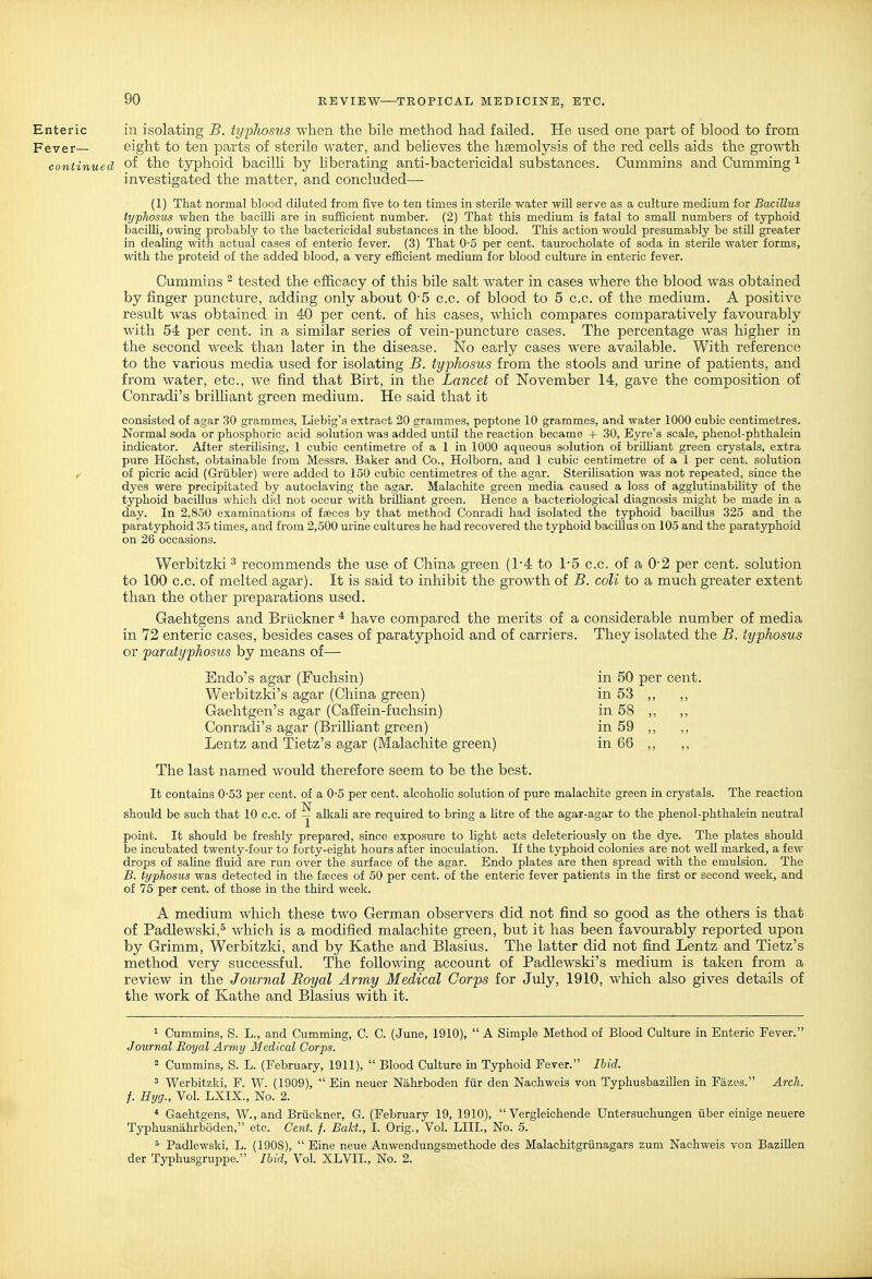 Enteric in isolating B. typhosus wlien the bile method had failed. He used one part of blood to from Fever— eight to ten parts of sterile water, and beheves the haemolysis of the red cells aids the growth continued the typhoid bacilU by liberating anti-bactericidal substances. Cummins and Gumming ^ investigated the matter, and concluded— (1) That normal blood diluted from five to ten times in sterile water wUl serve as a culture medium for Bacillus typhosus when the bacilli are in sufficient number. (2) That this medium is fatal to small numbers of typhoid bacilli, owing probably to the bactericidal substances in the blood. This action would presumably be stUl greater in deahng with actual cases of enteric fever. (3) That 0-5 per cent, taurocholate of soda in sterile water forms, with the proteid of the added blood, a very efficient medium for blood culture in enteric fever. Cummins ^ tested the efficacy of this bile salt water in cases where the blood was obtained by finger puncture, adding only about 0-5 c.c. of blood to 5 c.c. of the medium. A positive result was obtained in 40 per cent, of his cases, which compares comparatively favourably with 54 per cent, in a similar series of vein-puncture cases. The percentage was higher in the second week than later in the disease. No early cases were available. With reference to the various media used for isolating B. typhosus from the stools and urine of patients, and from water, etc., we find that Birt, in the Lancet of November 14, gave the composition of Conradi's brilhant green medium. He said that it consisted of agar 30 grammes, Liebig's extract 20 grammes, peptone 10 grammes, and water 1000 cubic centimetres. Normal soda or phosphoric acid solution was added until the reaction became + 30, Eyre's scale, phenol-phthalein indicator. After sterilising, 1 cubic centimetre of a 1 in 1000 aqueous solution of brUliant green crystals, extra pure Hochst, obtainable from Messrs. Baker and Co., Holborn, and 1 cubic centimetre of a 1 per cent, solution ^ of picric acid (Griibler) were added to 150 cubic centimetres of the agar. Sterilisation was not repeated, since the dyes were precipitated by autoclaving the agar. Malachite green media caused a loss of agglutinabihty of the typhoid bacillus which did not occur with brilliant green. Hence a bacteriological diagnosis might be made in a day. In 2,850 examinations of faeces by that method Conradi had isolated the typhoid bacillus 325 and the paratyphoid 35 times, and from 2,500 urine cultures he had recovered the typhoid bacillus on 105 and the paratyphoid on 26 occasions. Werbitzki ^ recommends the use of China green (1-4 to 15 c.c. of a 02 per cent, solution to 100 c.c. of melted agar). It is said to inhibit the growth of B. coli to a much greater extent than the other preparations used. Gaehtgens and Briickner ^ have compared the merits of a considerable number of media in 72 enteric cases, besides cases of paratyphoid and of carriers. They isolated the B. typhosus or paratyphosus by means of— Endo's agar (Fuchsin) in 50 per cent. Werbitzki's agar (China green) in 53 ,, ,, Gaehtgen's agar (Cafi^ein-fuchsin) in 58 ,, ,, Conradi's agar (Brilliant green) in 59 ,, ,, Lentz and Tietz's agar (Malachite green) in 66 ,, ,, The last named would therefore seem to be the best. It contains 0-53 per cent, of a 0-5 per cent, alcoholic solution of pure malachite green in crystals. The reaction should be such that 10 c.c. of ^ alkaU are required to bring a htre of the agar-agar to the phenol-phthalein neutral point. It should be freshly prepared, since exposure to light acts deleteriously on the dye. The plates should be incubated twenty-four to forty-eight hours after inoculation. If the typhoid colonies are not well marked, a few drops of saline fluid are run over the surface of the agar. Endo plates are then spread with the emulsion. The B. typhosus was detected in the faeces of 50 per cent, of the enteric fever patients in the first or second week, and of 75 per cent, of those in the third week. A medium which these two German observers did not find so good as the others is that of Padlewski,^ which is a modified malachite green, but it has been favourably reported upon by Grimm, Werbitzki, and by Kathe and Blasius. The latter did not find Lentz and Tietz's method very successful. The following account of Padlewski's medium is taken from a review in the Journal Royal Army Medical Corps for July, 1910, which also gives details of the work of Kathe and Blasius with it. ^ Cummins, S. L., and Cumming, C. C. (June, 1910),  A Simple Method of Blood Culture in Enteric Fever. Journal Royal Army Medical Corps. 2 Cummins, S. L. (February, 1911),  Blood Culture in Typhoid Fever. Hid. 3 Werbitzki, F. W. (1909),  Ein neuer Nahrboden fiir den Nachweis von Typhusbazfilen in Fazes. Arch, f. Hyg., Vol. LXIX., No. 2. * Gaehtgens, W., and Bruckner, G. (February 19, 1910),  Vergleichende Untersuchungen fiber einige neuere Typhusnahrboden, etc. Cent. f. Balct, I. Orig., Vol. LIII., No. 5. 5 Padlewski, L. (1908),  Eine neue Anwendungsmethode des Malachitgriinagars zum Nachweis von Bazillen der Typhusgruppe. Ihid, Vol. XLVII., No. 2.
