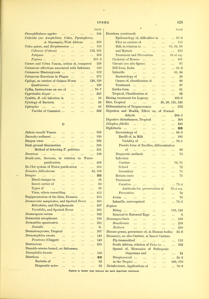 PAGE Ctenophthalmus agyrtes ... ... ... ... 144 CuUcidoe (see Anophelince, Culex, Pyretophonis, (fc (Siegromyj'a), West African ... 203 Culex genus, and Herpetomonaa ... ... ... 153 Cubensis (Cuhens) 162, 202 Fatigans ... ... ... ... ... 203 Pipiens 201-2 Curare and Cobra Venom, action of, compared 326 Cutaneous affections associated with Influenza 143 Cutaneous Blastomycosis ... ... ... ... 312 Cutaneous Reactions in Plague ... ... ... 275 Cyclops, as carriers of Guinea-Worm ... 128, 129 Quadricornis ... ... ... ... ... 129 CyUin, Instructions on use of ... ... ... 76-7 Cyprinodon dispar ... ... ... ... ... 205 Cystitis, B. coli infection in ... ... ... 16 Cytology of Bacteria ... ... ... ... 26 Cytoryctes ... ... ... ... ... ... 48 Variolce of Guarnieri ... ... ... ... 322 D Daboia russelU Venom. ... ... ... ... 326 Dacnodes wellmani ... ... ... ... ... 150 Danysz virus ... ... ... ... ... 392 Dark-ground illumination ... ... ... 358 Method detecting T. pallidum ... 351 Davainea ... ... ... ... ... ... 150 Death-rate, decrease, in relation to Water- purification ... ... ... 408 De-Clor system of Water-purification ... ... 404 Demodex folliculorum ... ... ... 42,162 Dengue ... ... ... ... ... ... 58 Blood-changes in ... ... ... ... 59 Insect carrier of ... ... ... ... 60 Types of 59 Virus, others resembling ... ... ... 415 Depigmentation of the Skin, Reunion ... ... 313 Dermacentor marginatus, a,nd S'pottedYevev ... 365 Reticulatus, and Piroplasmosis ... ... 267 Fana6«7w, and Spotted Fever ... ... 365 Dermanyssus avium ... ... ... ... 342 Dermatitis atrophicans ... ... ... ... 310 Dermatobia cyaniventris ... ... ... ... 211 Noxialis ... ... ... ... ... ib. Dermatomycoses, Tropical ... ... ... 307 Dermatophilus ccecata ... ... ... ... 143 Penetrans {Chigger) ... ... ... ... 143 Destructors ... ... ... ... ... 293 Diamido-arseno-benzol, see Salvarsan. Diamphidia locusta ... ... ... ... 150 Diarrhcea ... ... ... ... ... ... 60 Bacteria of ... ... ... ... 62 Diagnostic notes 63 Figures in darker type indicate Diarrhoea (continued) Epidemiology of, difficulties in FUes as carriers of Milk in relation to ... and Myiasis Treatment and Prevention Choleraic of Horses ... Chronic (see also Sprue) Hill form, India Infantile Bacteriology of Causes of, classification of Treatment ... Sutika form Tropical, Classification of Dieting treatment for Leprosy Diet, Tropical Differentiation of Trypanosomes Digestion and Health, Effect on, of dehyde Digestive disturbances, Tropical Dilophus febrilis Diphtheria ... Bacteriology of BaciUi of, in Milk Viability of Pseudo form of Bacillus, difierentiation of Diagnostic methods Infection Carriers School Secondary Return cases Treatment Cmative .... Antitoxin for, preservation of Preventive Avian ... Infantile, unrecognised Diptera Biting ... Inimical to Entozoal Eggs Discomyces bovis Brasiliensis MadurcB Disease-germs, persistence of, in Human bodies Disease(s), see also Carriers, & Insect Carriers. Fly-transmitted South African, relation of Ticks to ... Spread of. Bionomics of Pathogenic Organisms and Streptococcal ... in the Tropics ... Disinfectants, Applications of the more important references ... 65-6 ... 115 61, 64, 65 ... 213 64 et seq. ... 401 ... 67 ... 61-2 61, 64 ... 20 ... 66 ... 67 ... 61 ... 62 165-6 26, 28, 121, 124 372 Formal- 284-5 368 243 68 68-9 195 70-1 ... 69 ... 73 70, 71 ... 72 ... 71 ... 75 ... 73-4 72 et seq. ... 74 ... 70 ... 75-6 118, 120 8 ... 210 ... 210 ... 210 25-6 ... 115 ... 362 ... 24 ... 24-5 369, 370 ... 78-9