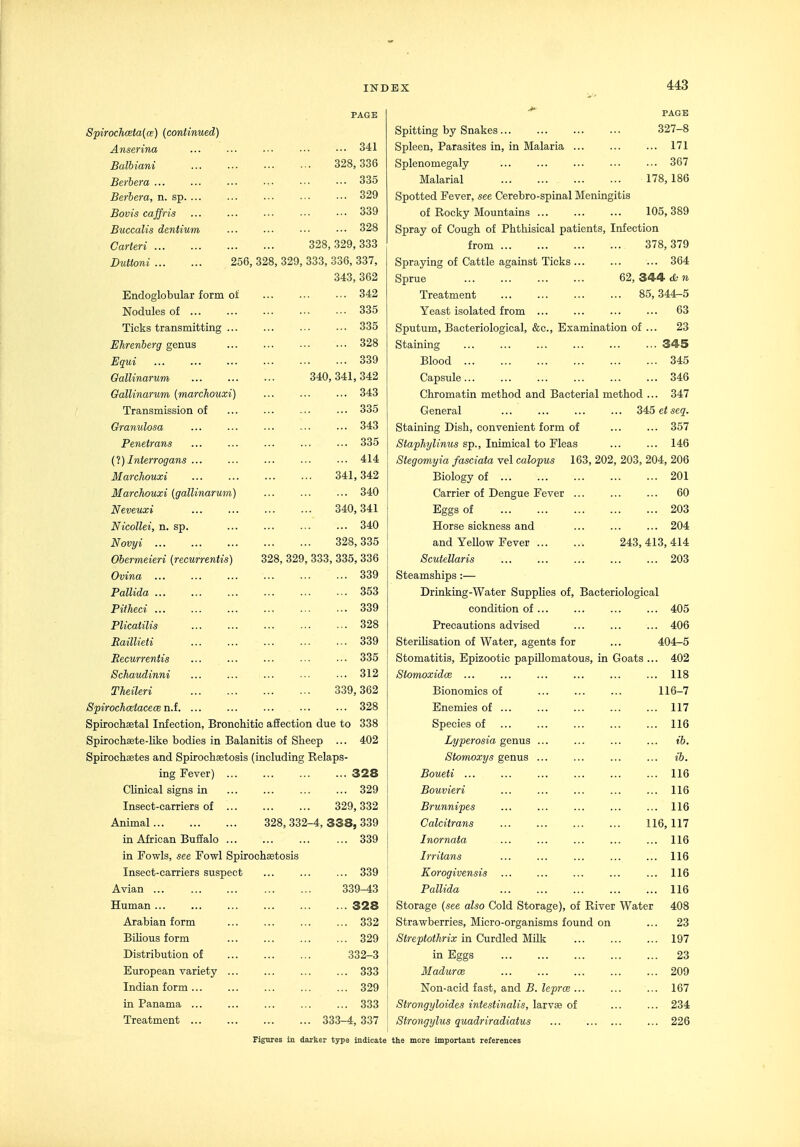 Spirochceta(ce) (continued) Anserina Balbiani Berbera ... Berhera, n. sp. ... Bovis caffris Buccalis dentium Carteri ... DuUoni ... ... 341 328, 336 ... 335 ... 329 ... 339 ... 328 328, 329, 333 256, 328, 329, 333, 336, 337, 343, 362 ... 342 ... 335 ... 335 ... 328 ... 339 340, 341, 342 ... 343 ... 335 ... 343 ... 335 ... 414 341, 342 ... 340 340, 341 ... 340 328, 335 328, 329, 333, 335, 336 ... 339 ... 353 ... 339 ... 328 ... 339 Becurrentis ... ... ... ... ■•. 335 Schaudinni ... ... ... ... ... 312 Theileri 339,362 Spirochcetacece n.i. ... ... ... ... ... 328 Spirocliaetal Infection, Bronchitic affection due to 338 Spirochsete-Hke bodies in Balanitis of Sheep ... 402 Spirochetes and SpirochEetosis (including Relaps- ing Fever) 328 CUnical signs in ... ... ... ... 329 Insect-carriers of 329, 332 Animal 328, 332-4, 338, 339 Endoglobular form of Nodules of ... Ticks transmitting ... Ehrenberg genus Equi ... Gallinarum Gallinarum [marchouxi) Transmission of Granulosa Penetrans {1) Interrogans ... Marchouxi Marchouxi (gallinarum) Neveuxi Nicollei, n. sp. Novyi ... Obermeieri (recurrentis) Ovina ... Pallida Pithed ... Plicatilis in African Buffalo in Fowls, see Fowl Spirochaetosis Insect-carriers suspect Avian ... Human ... Arabian form BiUous form Distribution of European variety ... Indian form ... in Panama ... Treatment ... 339 339 339-43 328 332 329 332-3 333 329 333 333-4, 337 PAGE Spitting by Snakes... ... ... ... 327-8 Spleen, Parasites in, in Malaria ... ... ... 171 Splenomegaly ... ... ... ... ... 367 Malarial 178, 186 Spotted Fever, see Cerebro-spinal Meningitis of Rocky Mountains 105, 389 Spray of Cough of Phthisical patients. Infection from 378,379 Spraying of Cattle against Ticks ... ... ... 364 Sprue 62, 344 A- n Treatment 85,344-5 Yeast isolated from ... ... ... ... 63 Sputum, Bacteriological, &c.. Examination of ... 23 Staining ... ... ... ... ... ... 345 Blood 345 Capsule... ... ... ... ... ... 346 Chromatin method and Bacterial method ... 347 General 345 et seq. Staining Dish, convenient form of ... ... 357 Siaphylinus sp., Inimical to Fleas ... ... 146 Stegomyia fasciata vel calopus 163, 202, 203, 204, 206 Biology of 201 Carrier of Dengue Fever ... ... ... 60 Eggs of 203 Horse sickness and ... ... ... 204 and YeUow Fever 243, 413, 414 Scutellaris ... ... ... ... ... 203 Steamships :— Drinking-Water Supplies of, Bacteriological condition of ... ... 405 Precautions advised ... ... ... 406 Sterihsation of Water, agents for ... 404-5 Stomatitis, Epizootic papillomatous, in Goats ... 402 StomoxidcB ... ... ... ... ... ... 118 Bionomics of ... ... ... 116-7 Enemies of ... ... ... ... ... 117 Species of ... ... ... ... ... 116 Lyperosia genus ... ... ... ... ib. Stomoxys genus ... ... ... ... ib. Boueti 116 Bouvieri ... ... ... ... ... 116 Brunnipes ... ... ... ... ... 116 Calcitrans 116, 117 Inornata ... ... ... ... ... 116 Irritans ... ... ... ... ... 116 Korogivensis ... ... ... ... ... 116 Pallida 116 Storage (see also Cold Storage), of River Water 408 Strawberries, Micro-organisms found on ... 23 Streptothrix in Curdled Milk 197 in Eggs 23 MadurcB 209 Non-acid fast, and B. lepras ... ... ... 167 Strongyloides intestinalis, larvae of ... ... 234 Strongylus quadriradiatus ... ... 226
