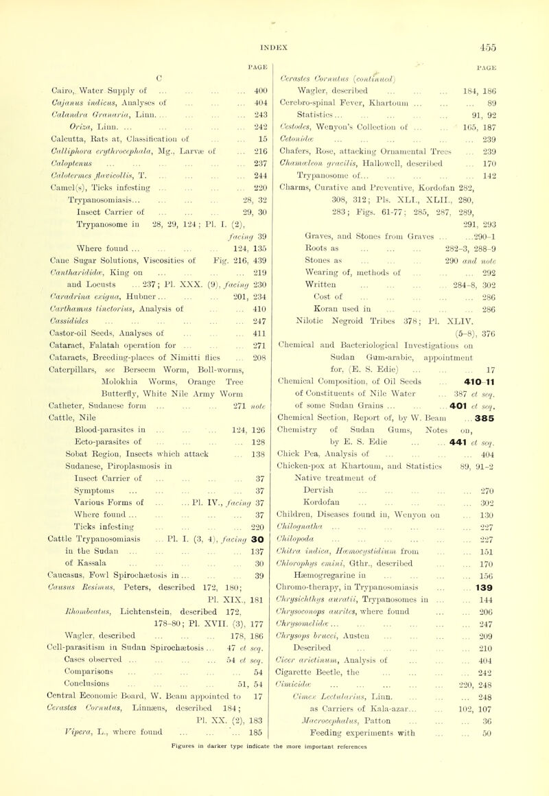 PAGE C Cairo,. Water Snpi)ly ol: ... ... ... ... 400 Cajanus indicus, Analyses of ... ... ... 404 Calandra Oranaria, Linu. ... ... ... ... 243 Orizd, Ijiiiii. ... ... ... ... ... 242 Calcutta, Rats at, Classitieatiou of ... ... 15 Galliphora crythruccpltitla, Mg., Larviu of ... 216 Galoptenus ... ... ... ... ... ... 237 Gulotcrmcs Jidvicollis, T. ... ... ... ... 244 Caniel(s), Ticks iufestiiig ... ... ... ... 220 Trypanosomiasis... ... ... ... 28, 32 lusect Carrier of ... ... ... 29, 30 Trypauosome iu 28, 29, 124 ; PI. I. (2), f'«;in<j 39 Where found 124, 135 Caue Sugar Solutions, Viscosities of Fig. 216, 439 Cantharidida', King ou ... ... ... ... 219 and Locusts ...237; PI. XXX. (d), faciiKj 230 Caradrina exigua, Hubncr... ... ... 201, 234 Oarthamus tinctoriu.s, Analysis of ... ... 410 Gassidides ... ... ... ... ... ... 247 Castor-oil Seeds, Analyses of ... ... ... 411 Cataract, Falatah operation for ... ... ... 271 Cataracts, Breeding-places of Nimitti Hies ... 208 Caterpiillars, sec Berseem Worm, Boll-worms, Molokhia Worms, Orange Tree Butterfly, White Nile Army Worm Catheter, Sudanese form ... ... ... 271 iioti: Cattle, Nile Blood-parasites in ... ... ... 124, 126 Ecto-parasites of ... ... ... ... 128 Sobat Region, Insects which attack ... 138 Sudanese, Piroplasmosis in Insect Carrier of ... ... ... ... 37 Symptoms ... ... ... ... ... 37 Various Forms of ... ...PI. YV., faciiKj 37 Where found... ... ... ... ... 37 Ticks infesting 220 Cattle Trypanosomiasis ... PI. I. (3, 4.), faciiuj 30 in the Sudan ... ... ... 1.37 of Kassala ... ... ... 30 Caucasus, Fowl Spiroch;etosis in... ... ... 39 Gd'usas Mesiinus, Peters, described 172, 18U; PI. XIX., 181 Jlhoinhciit IIS, Lichtenstein, described 172, 178-80; PI. XVII. (3), 177 Wagler, described 178, 186 Cell-parasitism in Sudan Spirochsetosis ... 47 cl scq. Cases observed ... ... ... ... 54 scq. Comparisons ... ... ... ... ... 54 Conclusions ... ... ... ... 51, 54 Central Economic Board, W. Beam appointed to 17 GciasLes CurniUas, Linnaeus, doscrilied 184; PI. XX. (2), 183 Vipcra, L., where found ... ... ... 185 PAGE Cerastes Coniulns {cunliiiucd) Wagler, described 184, 186 Cerebro-sijinal Fever, Khartoum ... ... 89 Statistics 91, 92 Ccslodcs, Wenyoii's Colluctiou of ... . ■ 105, 187 Cctiinidii: ... 239 Chafers, Rose, attacking Onuuneutal Trees ... 239 Ghavuclcon rjrucilis, Hallowell, described ... 170 Try^jauosome of... ... 142 Charms, Curative and Preventive, Kordoian 282, 308, 312; Pis. XLI., XLIL, 280, 283; Figs. 61-77; 285, 2.'- 7. 289, 291, 293 Graves, and Stones from Graves . ...290-1 Roots as 282-3, 288-9 Stones as 290 and nuta Wearing of, metliods of ... 292 Written . 284-8, 302 Cost of ... 286 Koran used in ... 286 Nilotic Negroid Tribes 378; PI. XLIV. (5-8), 376 Chemical and Bacteriological Investigations on Sudan Gum-arabic, appointment for, (E. S. Edie) 17 Chemical Composition, of Oil Seeds 4-10 11 of Constituents of Nile Water 387 ct scq. of some Sudan Grains ... 401 ct .scq. Chemical Section, Report of, by W. Beam 385 Chemistry of Sudan Gums, Notes on, by E. S. Edie 441 ct scq. Chick Pea, Analysis of ... 404 Chicken-pox at Khartoum, aud Statistics 89, 91-2 Native treatment ut Dervish ... 270 Kordof an ... 302 Children, Diseases found in, Weuyou on ... 130 ChiloijuK/ha ... 227 (Jltilopoda ... ... ... .... ... 227 Chitra indica, Hmmocystidium from ... 151 Ohiorophi/s cmini, Gthr., described ... 170 Hsemogregarine in ... 156 Chromo-therapy, in Trypanosomiasis 139 ChnjsicJdhijs auratii, Trypanosomes iu ... ... 144 Chrysoconops auritcs, where found ... 206 Uhrysomclidee ... ... 247 Chrysops brucci, Austen ... 209 Described ... 210 Gker arictinum, Analysis of ... 404 Cigarette Beetle, the 242 'Jiniicidd- 220, 248 Ciiiie.i: Lcclulai'ius, Linn. ... 248 as Carriers of Kala-azar... 102, 107 Jfiicrocrjihahis, Patton ... .36 Feeding experiments with ... 50