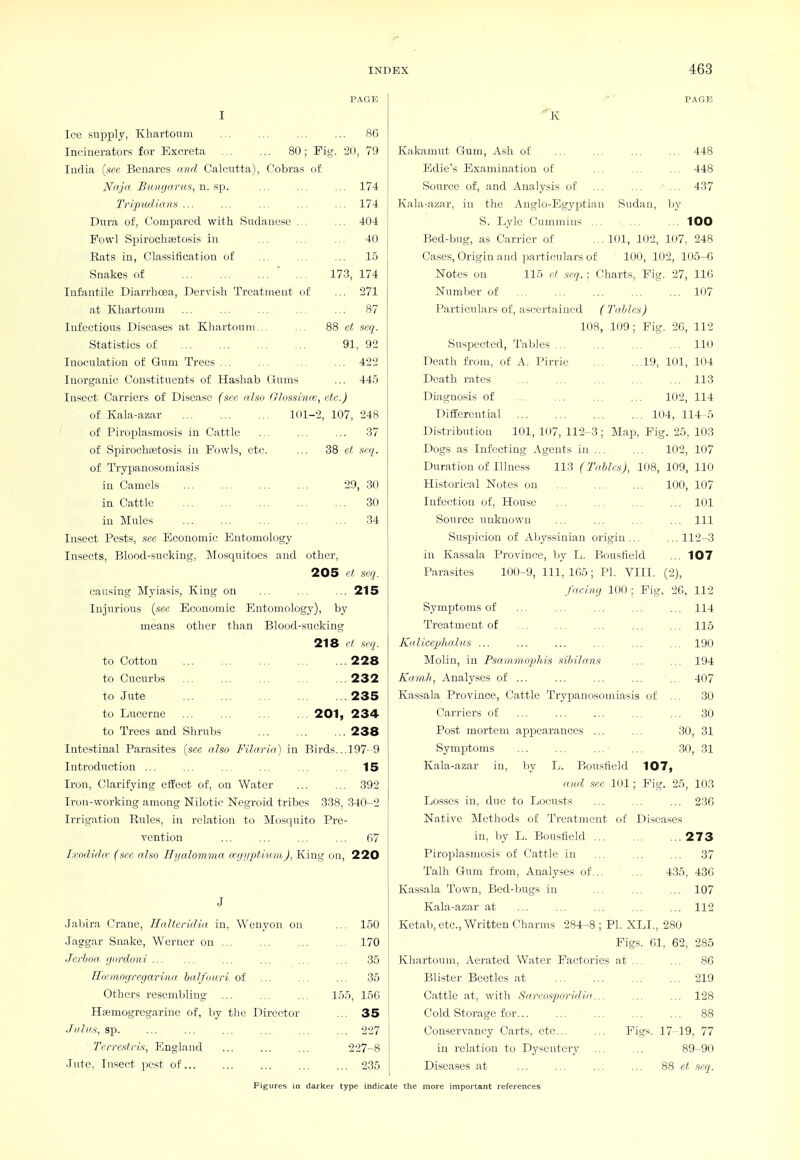 Ice supply, Khartoum ... ... ... ... 86 Inoinerators for Excreta 80; Pig. 20, 79 India (.sec Benares and Calcutta), Cobras of Nfija Bii.iifjnriis, n. siY>. ... ... ... 174 Tripudiaiis ... ... ... ... ... 174 Dura of, Compared with Sudanese ... ... 404 Fowl Sjjirochsetosis in ... ... ... 40 Eats in, Classification of ... ... ... 15 Snakes of ' ... 173, 174 Infantile Diarrhoea, Dervish Treatment of ... 271 at Khartoum ... ... ... ... ... 87 Infectious Disea.ses at Khartoum... ... 88 et seq. Statistics of 91, 92 Inoculation of Gum Trees ... ... ... ... 422 Inorganic Constituents of Hashab Gums ... 445 Insect Carriers of Disease (sec also Glossinrc, etc.) of Kala-azar 101-2, 107, 248 of Piroplasmosis in Cattle ... ... ... 37 of SpirochiKtosis in Fi)wls, etc. ... 38 ct scq. of Trypanosomiasis in Camels 29, 30 in Cattle ... ... ... ... ... 30 in Mules 34 Insect Pests, sec Economic Entomology Insects, Blood-sucking, Mosquitoes and other, 205 ct scq. causing Myiasis, King on ... .. ... 215 Injurious {sec Economic Entomology), by means other than Blood-sucking 218 et seq. to Cotton 228 to Cucurbs 232 to Jute 235 to Lucerne 201, 234 to Trees and Shrubs 238 Intestinal Parasites {see also Filaria) in Birds...197-9 Introduction ... ... .. ... ... ... 15 Iron, Clarifying effect of, on Water ... ... 392 Iron-working among Nilotic Negroid tribes 338, 340-2 Irrigation Rules, in relation to Mosquito Pre- vention ... ... ... ... 07 Irodula; (see also Hyalommia Kt/i/ptkcmJ, King on, 220 Jabira Crane, Hnltcrldia in, Wen_yon on ... 150 Jaggar Snake, Werner on ... ... ... ... 170 Jerboa rjordoni ... ... ... ... 35 Hiemoffregariiia halfonri of ... ... ... 35 Others resembling ... ... ... 155, 156 Hfemogregarino of, by the Director ... 35 Jiihis, sp. ... ... ... ... ... ... 227 Tcn-estris, England 227-8 Jute, Insect pest of ... 235 K Kakamut Gum, Ash of ... 448 Edie's Examination of ... ... ... 448 Source of, and Analysis of ... ... ... 437 Kala-azar, in the Anglo-Egyptian Sudan, Ijy S. Lyle Cummius .,, ,. ,. 100 Bed-bug, as Carrier of ... 101, 102, 107, 248 Cases, Origin and particulars of 100, 102, 105-0 Notes on 115 el seq.: Charts, Pig. 27, 116 Number of 107 Particulars of, ascertained (Tidiles) 108, 109; Fig. 26, 112 Suspected, Tables 110 Death from, of A. Pirrie 19, KH, 104 Death rates 113 Diagnosis of 102, 114 DiflEerential 104, 114-5 Distribution 101, 107, 112-3; Map, Fig. 25, 103 Dogs as Infecting Agents in ... ... 102, 107 Duration of Illness 113 (Tables), 108, 109, 110 Historical Notes on 100, 107 Infection of. House ... ... ... ... 101 Soiirce unknown ... ... ... ... Ill Suspicion of Abyssinian origin... ...112-3 in Kassala Province, by L. Bousfield ... 107 Parasites 100-9, 111, 165; PI. VIII. (2), facincj 100 ; Fig. 26, 112 . 114 . 115 . 190 . 194 . 407 30 . 30 30, 31 30, 31 Symp)toms of Treatment of Kaliceplialus ... Molin, in Psammophis sUtilans Kamh, Analyses of ... Kassala Province, Cattle Trypanosomiasis of Carriers of Post mortem appearances ... Symptoms ... ... ... ■ Kala-azar in, by L. Bousfield 107, and see lul; Fig. 25, 103 Losses in, due to Locusts ... ... ... 236 Native Methods of Treatment of Diseases in, by L. Bousfield ... ... ...273 Pirop)lasmosis of Cattle in ... ... ... 37 Talh Gum from. Analyses of... ... 435, 436 Kassala Town, Bed-bugs in ... ... ... 107 Kala-azar at ... ... ... ... ... 112 Ketab, etc., Written Charms 284-8; PI. XLL, 280 Figs. 61, 62, 285 Khartoum, Aerated Water Factories at ... ... 86 Blister Beetles at 219 Cattle at, with Sarcosporidia... ... ... 128 Cold Storage for 88 Conservancy Carts, etc... ... Figs. 17-19, 77 in relation to Dysentery ... ... 89-90 Diseases at ... ... ... ... 88 ct scq.