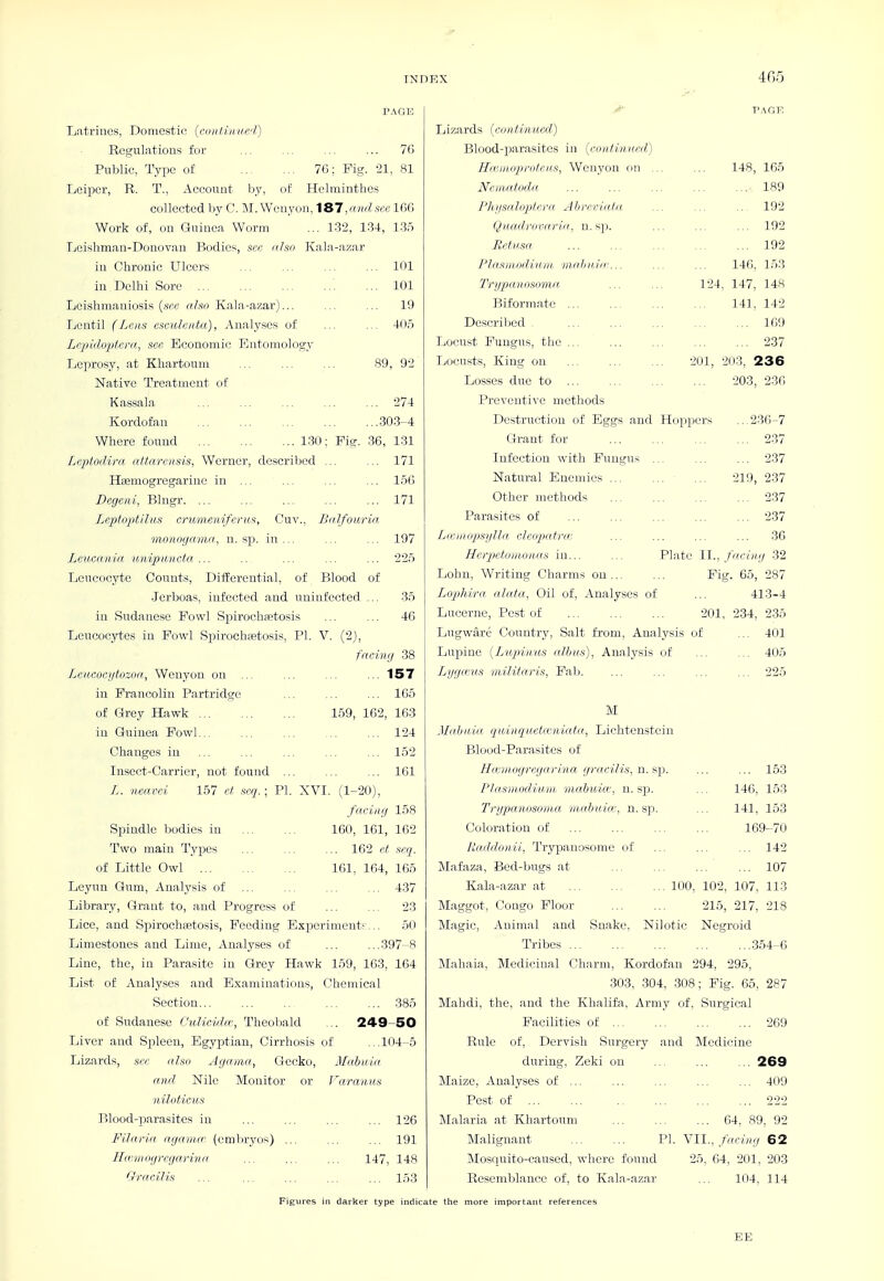 405 PAGE Latrines, Domestic (coni.i/i,ire'l) Regulations for ... ... ... ... 7C> Public, Type of 76; Pig. 21, 81 Leiper, R. T., Account by, of Helminthes collected by C. M.Wenyon, 187, and see 166 Work of, on Guinea Worm ... 1.32, 1.S4, 13,5 Leishman-Donovan Bodies, see nho Kala-azar in Chronic Ulcers ... ... ... ... 101 in Delhi Sore '. ... 101 Leishmaniosis (.sY'c aha Kala-azar)... ... ... 19 Lentil (Lens csculeida), Analyses of ... ... 405 Lepidopisra, see Economic Entomology Leprosy, at Khartoum ... ... ... 89, 92 Native Treatment of Kassala 274 Kordofan 30.3-4 Where found 130; Fig. .36, 131 197 225 35 46 Leptodira attarensis, Werner, described ... ... 171 Hsemogregarine in ... ... ... ... 156 Degeni, Blngr. ... ... ... ... ... 171 Leptoptilus crumeniferus, Cuv., Balfouria monogama, n. sj). in ... Leucania. unipuncta ... Leucocyte Counts, Differential, of Blood of ■Jerboas, infected and uninfected ... in Sudanese Fowl Spirochsetosis Leucocytes in Fowl Spirochfetosis, PI. V. (2), facing 38 Lericoci/tozoa, Wenyon on ... ... ... ... 157 in Francolin Partridge ... ... ... 165 of Grey Hawk 159, 162, 163 in Guinea Fowl... ... ... ... ... 124 Changes in ... ... ... ... ... 152 Insect-Carrier, not found ... ... ... 161 L. neavci 157 ef. seq.; PI. XVI. (1-20), facing 158 160, 161, 162 162 et seq, 161, 164, 165 4.37 23 Spindle Ijodies in Two main Types of Little Owl Leyun Gum, Analysis of Library, Grant to, and Progress of Lice, and Spirochastosis, Feeding Experiments... 50 Limestones and Lime, Analyses of ... ...397-8 Line, the, in Parasite in Grey Hawk 159, 163, 164 List of Analyses and Examinations, Chemical Section... ... ... ... 385 of Sudanese Cidicida-, Theobald ... 249-50 Liver and Spleen, Egyptian, Cirrhosis of ...104-5 Lizards, sec also Agama, Gecko, Mcdtida and Nile Monitor or Varanus niliiUcus Blood-parasites in ... ... ... ... 126 Filaria nganur (embryos) ... ... ... 191 Hamogregarina ... ... ... 147, 148 Gracilis ... ... ... ... ... 153 Lizards (conl/imied) Blood-parasites in (continued) Hceinoproteiis, Wenyon fin . Neinatoda, I'llijHtdoplrca. Ahrer/uiiii (iiuulvncnrUi, n. sp. Retii.Sii Plasmodium, malmJic... Trypanosoma, Biformate ... Descrilied . Locust Fungus, the ... Locusts, King on Losses due to Preventive methods Destruction of Eggs and Hopper> Grant for Infection with Fungus ... Natural Enemies ... ... Other methods Parasites of Lceniopsylla cleopatra'. Hcrpefomonas in... Lohn, Writing Charms on... Lophira alata, Oil of. Analyses of 201 148, 165 189 192 192 192 146, 153 124, 147, 148 141, 142 109 2.37 203, 236 203, 230 ..230-7 2.37 2.37 . ... 219, 2.37 237 2.37 .36 Plate II., facing 32 Fig. 65, 287 41.3-4 Lucerne, Pest of 201, 234, 235 Lugware Country, Salt from, Analysis of ... 401 Lupine (Lupimis albus), Analysis of ... ... 405 Lygecus militaris, Fab. ... ... ... ... 225 M Liclitenstein Midjit.i.a, qn,inqn,eta_'n.i,ata Blood-Parasites of Hmmogregarina gracilis, n. sp. Pla,sm,odium, mabuicc, n. sp. Trypanosoma mabuicr, n. sp. Coloration of Raddonii, Trypaiiosome of Mafaza, Bed-bugs at Kala-azar at Maggot, Congo Floor Magic, Animal and Snake, Tribes ... 153 146, 153 141, 153 169-70 142 ... 107 ... 100, 102, 107, 113 215, 217, 218 Nilotic Negroid .354-6 Mahaia, Medicinal Charm, Kordofan 294, 295, .303, .304, .308; Fig. 65, 287 Mahdi, the, and the Khalifa, Army of, Surgical Facilities of 269 Rule of. Dervish Surgery and Medicine during, Zeki on ... ... ... 269 Maize, Analyses of ... ... ... ... ... 409 Pest of 222 Malaria at Khartoum 64, 89, 92 Malignant PI. VII., facing 62 Mosquito-caused, where found 25, 64, 201, 203 Resemblance of, to Kala-azar ... 104, 114 Figures in darker type indicate tlie more important references EE