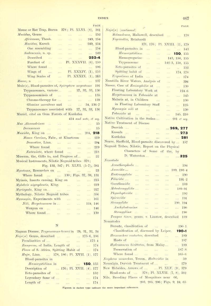 PAGE Mouse or Rat Trap, Burua 378 ; PI. XLVI. (8), 381 , Mucidus, Genus ... ... ... ... ... 252 Africanus, Theob. ... ... ... 249, 254 llucid'us, Karsch ... ... ... 249, 254 One resembling ... ... ... ... 254 Sudaiicnsis, n. sp. ... ... ... ... 249 Dcseribed 252-4 Forefoot of PI. XXXVII. (G), 2.-)'.l Where found ... ... ... ... ... 2(.)(i Wings of PI. XXXIV. (1), 253 Wing Scales of ... PI. XXXIX. (1), 263 A/ucor, a ... ... ... ... ... ... 237 Mule(s), Blood-parasites of, Spi.ropf.em megastomii, 191 Trypauosomes, various... ... 27, 32, 33, 136 Trypanosomiasis of ... ... ... ... 135 Chromo-therapy for ... ... ... ... 139 Glossina. morsitans and ... ... 34, 136-7 Trypanosomes associated with 27, 32, 33, 136 Muriel, cited on Gum Forests of Kordofan 414 and riofe, et aeq. Mus Alexandrinus ... ... ... ... ... 15 Decumanus ... ... ... ... ... 15 Muscidce, King on 204, 218 Musca Corvina, Fabr., at Khartoum ... 219 Domestiea, Linn. ... ... ... ... 204 Where found 219 Entccniata, where found ... ... ... 218 Museum, the, Gifts to, and Progress of... ... 22 Musical Instruments, Nilotic Negroid tribes 378 ; Fig. 132, 347; PI. XLVI. (5-7), 381 Mi/eefoma, Researches on ... ... ... ... 23 Where found 130 ; Figs, 37, 38, 131 Myiasis, Insects causing. King ou ... ... 215 Mylahris vigroplnriti.s, Kliig. ... ... ... 219 Myriapoda, King on... ... ... ... ... 227 Mythology, Nilotic Negroid tribes ... ... 356 Myzomyia, Experiments with ... ... ... 161 Nili, ffcrpetomonris in ... ... ... 124, 146 Wenyon on ... ... ... 146 Where found 130 N Nagana Disease, Tryixivnsoiiiahrii.crixw 29, 31, 32, 34 Nnja{(r) Genus, described ... ... ... 175-6, 186 Peculiarities of ... Bimgnrus, of India, Length of Flavn of S. Africa, Spitting Habit of Hajfc, Linn. ... 178, 186 Blood-parasites in Hccmocystidium in Description of Ecto-parasites of Legendary fame of Length of PI. XVII. (11 ...173-4 ... 174 ... 174 177 150. 155 176; PL XVII. (4\ 177 152 174 174 I Figures in darker type indicate the more important references Naja{fr) {continued) Melamileuea, Hallowell, described ... ... 178 Nigricoll in, Re i nha rdt 171, 176; PI. XVIII. !'2), 170 Blood-parasites in ... ... ... ... 143 Hcmiwcystidiuin. ... ... ... 150, 155 Haemogrcgarine 143, 150, 155 Trypauosome 142-3, 150, 155 Ecto-parasites of ... ... 152 Spitting habit of 174, I7,s Tripiiilimifi of India ... ... ... ... 174 Nanitilla River Waters, Analysis of 394 Nasser, Case of Eo»i,mpIti.li(i, at 130 Floating Laboratory Work at ... 124-6 Heipctimionas in Tahanid(r. at ... ... 145 Malaria at, in Children 130 in Floating Laboratory StafE 125 Mijzomyia nili aA, ... 1.30 Tnbanidcc at ... ... ... ... 145 2IO Native Cultivation in the Sudan 201 d aeq. Native Treatment of Disease Dervish 269, 277 Kassala ... ... ... 273 Kordofan ... ... ... ... 281 Neave, Sheffield, Blood-parasite discovered by ... 157 Negroid Tribes, Nilotic, Report on the Physical Characters of Some of the, by D. Watei'ston 325 Xeiii.alodd ACitiith>oecp]ti(hi ... ... ... ... .. 194 A.scaridm 189. 193-4 E n.strongylidco ... ... ... ... ... 190 Filarida: ... 191-2 ('hiastJiomida'. ... ... ... ... ... 189 MetastrongyHda' ... ... 189-91 Plujanhiptevidcc ... ... ... 192 Spiritrida ... ... ... ... ... 191 Strongglvki: 190, 194 AnclujlostoinitiK ... ... - ... ... 190 Strongylinm ... ... ... ... ... I9(i Tanqva tifirii. genus, v. Ijinstow, dcscril)ed 189 Nematodes Bnrsate, classification of 190-1 Classification of, discussed bv Leiper. 190-1 Hrcmonchita coiitortiitt, described ... ... 189 Hosts of 187 Hydrosaurits hivittnfus, from Mala.y... ... 189 Preservation of ... ... ... 187-8 Where found 16.5-6 Nenphron monachus, Teuun., HaUcridin in ... 59 Neuralgia, Dervish Treatment of... ... ... 279 New Hebrides, Arrows of PI. XLV. (9), 379 Head-rests of ... 378; PI. XLVII. (7, 8), 382 Nile, Breeding Places of Mosquitoes near 66, 203, 205, 206; Figs. 9, 10, 65