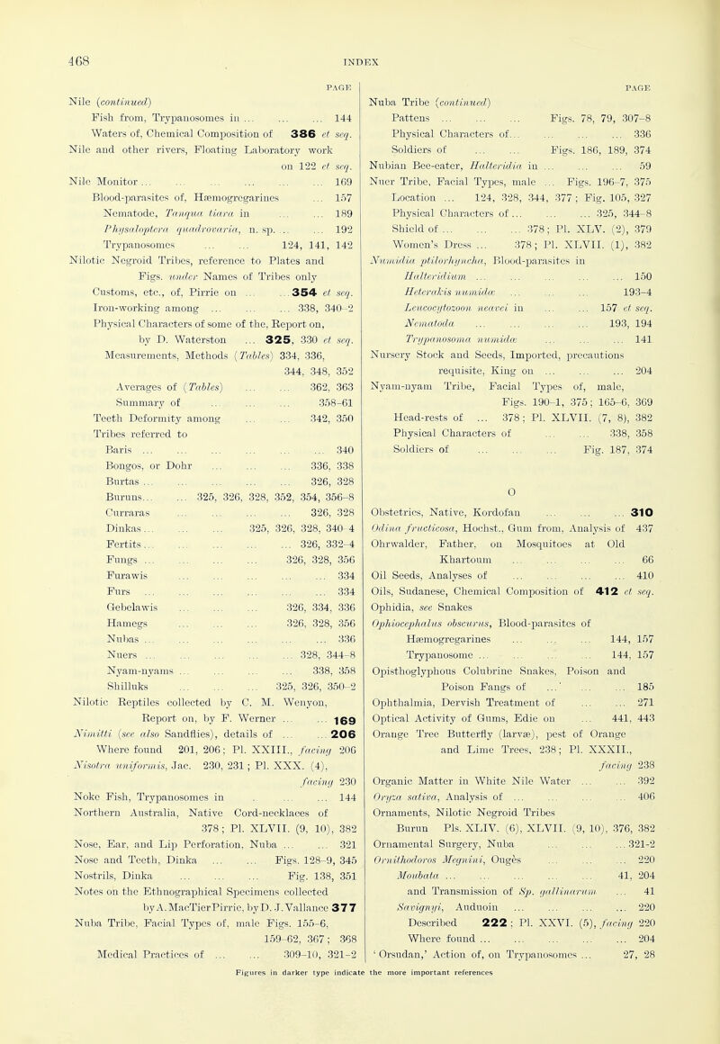 PAGE Nile {continued) Fish from, Trypauosomes in ... ... ... 144 Waters of, Chemical Composition of 386 et seq. Nile and other rivers, Floating Laboratory work on 122 cf ftrq. Nile Monitor 169 Blood-parasites of, Hsemogrcgarines ... 157 Nematode, Tnnqua tiara in ... ... 189 Pliysaloptcra quadrovaria, n. sp. ... ... 192 Trypanosomcs ... ... 124, 141, 142 Nilotic Negroid Triljcs, reference to Plates and Figs, under Names of Tribes only Customs, etc., of, Pirrie on 354 et seq. Iron-working among ... ... ... .338, 340-2 Physical Characters of some of the. Report on, by D. Waterston ... 325, 330 ct seq. Measurements, Methods {Tables) 334, 336, 344, 348, 352 Averages of {Tables) 362, 363 Summary of ... ... ... 358-61 Teeth Deformity among ... ... 342, 350 l.^'ibes referred to Baris ... 340 Bongos, or Dohr 336, 338 Bnrtas ... 326, 328 Buruns... 325, 326, 328, 352, 354, 356-8 Curraras 326, 328 Dinkas... 325, 326, 328, 340- 4 Fertits 326, 332-4 Fungs ... 326, 328, 366 Purawis 334 Furs 334 Gebelawis .326, 3.34, 336 Hamegs 326, 328, 356 Nubas ... 3.36 Nuers ... 328, 344-8 Nyam-nyams ... 338, 358 ShiUuks 325, 326, 350-2 Nilotic Reptiles collected by C. M. Wenyon, Report on, by F. Werner ... ... igg Nimitti {see also Sandflies), details of ... ...206 Where found 201, 206; PI. XXIII., facing 206 Nisotra uniformis, Jac. 230, 231 ; PI. XXX. (4), facing 230 Nokc Fisli, Trypanosomcs in .. ... ... 144 Northern Australia, Native Cord-necklaces of 378; PI. XLVII. (9, 10), 382 Nose, Ear, and Lip Perforation, Nuba ... ... 321 Nose and Teeth, Dinka Figs. 128-9, 345 Nostrils, Dinka Fig. 138, 351 Notes on the Ethnographical Specimens collected byA.MacTierPirrie, byD. .J. Vallance 377 Nuba Tribe, Facial Types of, male Figs. 155-6, 159-62, 367; 368 Medical Practices of 309-10, 321-2 PAGE Nuba Tribe {continued) Pattens Figs. 78, 79, 307-8 Physical Characters of 336 Soldiers of Figs. 186, 189, 374 Nubian Bee-eater, Halteridi.a in ... ... ... 59 Nuer Tribe, Facial Types, male ... Figs. 196-7, 375 Location ... 124, 328, -344, 377; Fig. 105, 327 Physical Characters of 325, 344-8 Shield of 378; PI. XLV. (2), .379 Women's Dress ... 378; PI. XLVII. (1), 382 Numidia ptilo7'hyncJui, Blood-parasites in Ualteridium ... ... ... ... ... 150 Heterakis numidpc ... ... ... 193-4 Leiccocytozoon neavei in ... ... 157 et seq. Ncmatoda 193, 194 Trypanosoma mmiidcv ... ... ... 141 Nur.sery Stock and Seeds, Imported, precautions requisite, King on ... ... ... 204 Nyaui-uyam Tribe, Facial Types of, male, Figs. 190-1, 375; 165-6, 369 Head-rests of ... 378; PI. XLVII. (7, 8), 382 Physical Characters of 338, 358 Soldiers of Fig. 187, 374 0 Obstetrics, Native, Kordofan 310 Odina fructicosa, Hochst., Gum from. Analysis of 437 Ohrwalder, Father, on Mosquitoes at Old Khartoum ... ... ... ... 66 Oil Seeds, Analyses of ... ... ... ... 410 Oils, Sudanese, Chemical Composition of 412 et seq. Ophidia, see Snakes Ophioeephalus obseurus, Blood-parasites of Hsemogrcgarines ... ... ... 144, 157 Trypanosomc ... ... ... ... 144, 157 Opisthoglyphous Colubrine Snakes, Poison and Poison Fangs of ...' ... .... 185 Ophthalmia, Dervish Treatment of ... ... 271 Optical Activity of Gums, Edie on ... 441, 443 Orange Tree Butterfly (larvas), pest of Orange and Lime Trees, 238; PI. XXXIL, facing 238 Organic Matter in White Nile Water 392 Oryxa sativa, Analysis of ... ... ... ... 406 Ornaments, Nilotic Negroid Tribes Burun Pis. XLIV. (6), XLVII. (9, 10), 376, 382 Ornamental Surgery, Nuba ... ... ...321-2 Ornithodoros Megnini, Oug^s ... ... ... 220 lloubata 41, 204 and Transmission of Sp. gallinarum ... 41 S'avignyi, Anduoin ... ... ... ... 220 Described 222 ; Pi. XXVI. (5), facing 220 Where found 204 I ' Orsudan,' Action of, on Trypanosomcs ... 27, 28