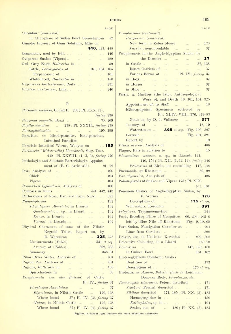 I'AGE ' Oi'sudaa' (ciui/ijincil) ill Aftcr-i3liasu of Sudau Fowl Spiruchajtosis 57 ftsmotic Pressure of Giiiii Sululiuiis, Ertic (ui 446, 447, 448 Osmometer, used by Kdie ... ... ... ... 446 Oviparous Suakes (Viijers) ... ... ... ... 180 Owl, Grey Eagle Hiillcri. Un iu 59 Little, LciicocijhmiOH of ... IGl, 1(14, 1G5 Trypauosomc of ... ... ... ... IGl Whitc-faeed, Hnlhridin iu ... ... ... 150 Oxijcaycnus hijnlinipciiiiifi, Costa ... ... ... 231 Osonium auricotmini, Link... ... ... ... 240 rai-hiiofhi xKmiiiyi. G. and .P. 239; PL XXX. (2), faclii;/ 230 Pangonia mdiiniti, Bezzi ... ... ... 30, 209 Papilio demolciis ... 238; PI. XXXU., fariii;/ 238 ParampJiistomidce ... ... ... ... 195, 199 Parasites, .■icr. Blood-parasites, Euto-parasites, Intestinal Parasites Parasitir Intestinal Worms, Wcnyon on ... 165 J'lir/iifiii-iii ( ]J')hsfcrieUii) hhincltariU, Sart;. Tozz. 240; PI. XXVIII. (1, 3, C>), fna.inj 220 Pathologist and Assistant Bacteriologist, Ap]joiut- ment of (R. G. Archibald)... 21, 22 Peas, Analyses of ... ... ... ... ... 400 Chick 404 Pigeon ... ... ... ... ... ... 404 Pciijiisetiini ti/jihiii'/riiin. Analyses of ... ... 406 Pentoses in Gums 441, 442, 443 Perforations of Nose, Ear, aiul Lips, Nuba ... 321 I'Inixiihiiiln-hlir 192 I'liijsnhiiilcrii Jhrrriot'i. in Lizards ... 192 Quailrdcnriii, u. sp., in Lizard ... ... 192 lictuH((, ill Lizards ... ... ... ... 192 I'draiii, in Lizards ... ... ... ... 192 Physical Characters of some of tlie Nilotic Negroid Tribes, lieport on, l)y D. Waterstou 325, 32K Measureiiieuts [Tahlcf,) ... ... 334 el .■<cij. Average of (TuhlrH) 362, 363 Summary... ... ... ... ... 358-61 Pibor River Water, Analysis of ... ... ... 394 Pigeon Pea, Analyses of ... ... ... ... 404 Pigeons, HnHcridui in ... ... ... ... 163 Spirochaetcsis in ... ... ... ... 38 l'inip!i(Siiinta {sec. uho lltthrxhi) of Cattle PI. IV., faciiiij 37 Piriiplitsiiia Aimiolafam ... ... ... 37 BUjeminuin, in Nilotic Cattle ... 126, 138 Where found 37; PI. IV. (S). farhi;/ 37 Mutans, iu Nilotic Cattle 126, 138 Where found .37; PI. IV. (4). .37 PAGK I' n'nfihtsiiiiilii [I'fiiil i II Kill) r imjiliisiii ti {run IiII Ui'il') New form in Zebra Mouse ... ... 128 Favvivni,, non-iuoculaljle ... ... ... 37 Piroplasmosis in the Anglo-Egyptian Sudan, by the Director 37 iu Cattle 37, 138 Insect Carriers of ... ... ... ... 37 Various Forms of ... PL YSffnciiiij 37 in Dogs ... ... ... ... ... ... 37 in Horses ... ... ... ... ... 37 in Mice 37 Pirrie, A. ]MacTier (the late). Anthropological Work of, and Death 19, 101, 104, 325 Appointment of, to Staff ... ... ... 18 Ethnographical Specimens collected by Pis. XLIV. VIII., 376, 379-83 Notes on, by D. J. Vallance 377 •Journeys of ... ... ... ... 18, 19 Waterstou on ... 325 d .svvy.; Fig. 105, 327 Portrait Fig. 104, 324 Report liy ... ... ... ... ... 19 I'luniii arcnisi:. Analysis of ... ... ... 406 Plague, Rats iu relation to ... ... ... 15 Ph.isiniiiliiiiii uiiiliiiiir, ii. sp., in Lizards 141. 140, 153; PL XII. {1, 12, 14), fncln:/ 140 J'riilciKomii of Birds, one resembling 147, 148 Piieuiiioiiia, at Khartoum ... ... ... 89, 92 Poll iibi/ssiiiicit, Analysis of ... ... ... 406 Poison-glands of Snakes and Vipers 175 ; PL XIX. ('-■•), 181 Poisonous Snakes of Aiiglo-Egyj^tiau Sudan, liy F. Werner 173 Descrijrtions of ... ... ... 175 < / .sn/. WelLwaters, Kordoi'an 397 Pii/i/ji/rriin, TrypauosoiiiL'-frce , . ... .. 144 Pools, Breeding Places of ilosquitoes 66, 203, 205 6 left by Blue Nile off Khartoum Figs. 9, 10, 65 Port Sudau, Fumigation Chaiiilier at ... ... 204 Lime from Coral at ... ... ... ... 398 Prayer, etc., in Medicine, Kordofan ,, 292, 308 l.^rotcctive Colouriug, iu a Lizard .. 109 70 I'riilriisnillll. 147, 149, 100 in Guinea Fowl .. ... ... 161, 162 Proteroglyj)hous Colnbrine Snakes Deutitiou of ... ... ... ... ... 173 Descriptions of ... ... ... ... 175 ft snj. Protozoa, si:r Ammhii, Biibcsiii, JJnrtii in, Leishmau- Donovan Body, Piruphisiiia, etc. Pmdiiiiiiiphis Biserkdiis, Peters, described ... 171 Schokari, Forskal, described ... ... ... 171 SWilam described 171, 185; PL XX. (3), 183 Hsemogregarine in ... ... ... ... 156 Kaliccphahis, s^. in ... ... ... ... 194 Scales, etc., of ... 186; PL XX. (3), 183