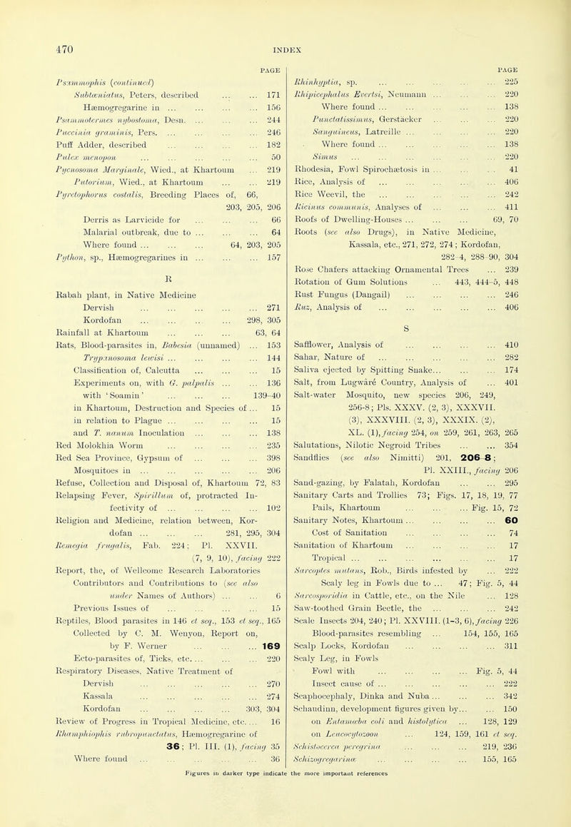 PsMiinwphis {coniiuued) Suhtceniatus, Peters, described ... ... 171 Hsemogregarine iu ... ... ... ... 156 Fsammotcrmcs iiijbostoma, Desu. ... ... ... 244 Puccinia graminis, Pers. ... ... ... ... 246 PufE Adder, described 182 Pulex menopon ... ... ... ... ... 50 Pycnosoma Marginale, Wied., at Khartoum ... 219 Putorium, Wied., at Khartoum ... ... 219 Pijrctojjhorus costalis, Breeding Places of, 66, 20.3, 205, 206 Derris as Larvicide for ... ... ... 66 Malarial outbreak, due to ... ... ... 64 Where fouud 64, 203, 205 Pijthun, sp., Hffimogregariiies in ... ... ... 157 R ... 271 298, 305 63, 64 153 144 15 136 139-40 15 15 138 235 398 206 '2, 83 102 Rabah plant, in Native Medicine Dervish Kordof an Rainfall at Khartoum Rats, Blood-parasites in, Babesia (unnamed) Trypanosoma lewisi ... Classitieation of, Calcutta Experiments on, with (J. palpalis ... v^ith ' Soamiu' in Khartoum, Destruction and Species of in relation to Plague ... and T. nanum Inoculation Red Molokhia Worm Red Sea Province, GyjDsuin of Mosquitoes iu ... Refuse, Collection and Disposal of, Khartoum Relapsing Fever, Spirillum of, protracted lu- feetivity of ... Religion and Medicine, relation between, Kor- dofan 281, 295. Pemegia fnujalis, Fab. 224; PI. XXVII. (7, 9, 10), facing 222 Report, the, of Wellcome Research Laboratories Contributors and Contributions to {sea also tmder Names of Authors) ... ... 6 Previous Issues of ... ... ... ... 15 Reptiles, Blood parasites in 146 et seq., 153 et seq., 165 Collected hy C. M. Weuyon, Report on, by F. Werner 169 Ecto-parasites of, Ticks, etc.... ... ... 220 Respiratory Diseases, Native Treatment of Dervish ... ... ... ... ... 270 Kassala 274 Kordofan 303, .304 Review of Progress in Tropical Medicine, etc. ... 16 PhnmpJiiophis ruhrnpaiictatus, Hsemogregarine of 36; PI. III. (1), facing 35 Where found 36 Figures in darker type indicate 304 PAGE lUtiiihgptia, sp. ... ... ... ... ... 225 PJiipiceplialus Evcrtsi, Neumann ... ... ... 220 Where found 138 Punctatissi/nus, Gerstiieker ... ... ... 220 Sanguineus, Latreille ... ... ... ... 220 Where found 138 Simus 220 Rhodesia, Fowl Spiroehsetosis in 41 Rice, Analysis of ... ... ... ... ... 406 Rice Weevil, the 242 lUciitus communis, Analyses of ... ... ... 411 Roofs of Dwelling-Houses ... 69, 70 Roots {see also Drugs), in Native Medicine, Kassala, etc., 271, 272, 274 ; Kordofan, 282-4, 288-90, 304 Rose Chafers attacking Ornamental Trees ... 239 Rotation of Gum Solutions ... 443, 444-5, 448 Rust Fungus (Daugail) 246 liuz, Analysis of ... ... ... ... ... 406 S. Saffiower, Analysis of ... 410 Sahar, Nature of ... 282 Saliva ejected by Sjjitting Snake... ... ... 174 Salt, from Lugware Country, Analysis of ... 401 Salt-water Mosquito, new species 206, 249, 256-8; Pis. XXXV. (2, 3), XXXVII. (3), XXXVIII. (2, 3), XXXIX. (2), XL. (1), facing 254, on 259, 261, 263, 265 Salutations, Nilotic Negroid Tribes 354 Sandflies {see also Nimitti) 201, 206-8 ; PI. XXIII., facing 206 Sand-gazing, by Falatah, Kordofan ... ... 295 Sanitary Carts and Trollies 73; Figs. 17, 18, 19, 77 Pails, Khartoum ... Fig. 15, 72 60 74 17 17 222 5, 44 128 242 Sanitary Notes, Khartoum ... Cost of Sanitation Sanitation of Khartoum Tropical ... Sarcoptes w.u.taiis. Rub., Birds infested by Scaly leg in Fowls due to ... 47 ; Fig. Sarcospuridia in Cattle, etc., on the Nile Saw-toothed Grain Beetle, the Scale Insects 204, 240; PI. XXVIII. (1-3, 6), facing 226 Blood-parasites resembling Scalp Locks, Kordofan Scaly Leg, iu Fovids Fowl with Insect cause of ... Scaphocephaly, Diuka and Nuba... Schaudinn, development figures given by. on Eiiianmha eoli and histolytiai on LeH.coc.yiozooii. Schisiocerca picregrina Schizogr-egarina; the more important references 154, 155, 165 311 .. Fig. 5, 44 222 342 150 128, 129 124, 159, 161 cl seq. 219, 236 155, 165