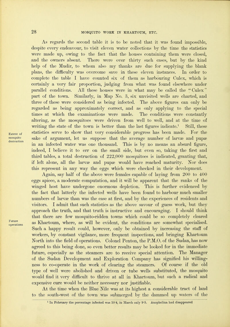Extent of mosquito destruction Future operations As regards the second table it is to be noted that it was found impossible, despite every endeavour, to visit eleven water collections by the time the statistics were made up, owing to the fact that the houses containing them were closed, and the owners absent. There were over thirty such cases, but by the kind help of the Mudir, to whom also my thanks are due for supplying the blank plans, the difficulty was overcome save in these eleven instances. In order to complete the table I have counted six of them as harbouring Culex, which is certainly a very fair proportion, judging from what was found elsewhere under parallel conditions. All these houses were in what may be called the  Culex part of the town. Similarly, in Map No. 3, six unvisited wells are charted, and three of these were considered as being infected. The above figures can only be regarded as being approximately correct, and as only applying to the special times at which the examinations were made. The conditions were constantly altering, as the mosquitoes were driven from well to well, and at the time of writing the state of the town is better than the last figures indicate.' Still, these statistics serve to show that very considerable progress has been made. For the sake of argument, let us suppose that the average number of larvee and pupaa in an infected water was one thousand. This is by no means an absurd figure, indeed, I believe it to err on the small side, but even so, taking the first and third tables, a total destruction of 222,000 mosquitoes is indicated, granting that, if left alone, all the larvse and pupae would have reached maturity. Nor does this represent in any way the eggs which were checked in their development. Again, say half of the above were females capable of laying from 200 to 400 eggs apiece, a moderate computation, and it will be apparent that the ranks of the winged host have undergone enormous depletion. This is further evidenced by the fact that latterly the infected wells have been found to harbour much smaller numbers of larvae than was the case at first, and by the experiences of residents and visitors. I admit that such statistics as the above savour of guess work, but they approach the truth, and that truth is instructive and encouraging. I should think that there are few mosquito-ridden towns which could be so completely cleared as Khartoum, where, as will be evident, the conditions are somewhat speciahsed. Such a happy result could, however, only be obtained by increasing the staff of workers, by constant vigilance, more frequent inspections, and bringing Khartoum North into the field of operations. Colonel Penton, the P.M.O. of the Sudan, has now agreed to this being done, so even better results may be looked for in the immediate future, especially as the steamers are to receive special attention. The Manager of the Sudan Development and Exploration Company has signified his willing- ness to co-operate in the work of clearing the steamers. Of course if the old type of well were abolished and driven or tube wells substituted, the mosquito would find it very difficult to thrive at all in Khartoum, but such a radical and expensive cure would be neither necessary nor justifiable. At the time when the Blue Nile was at its highest a considerable tract of land to the south-west of the town was submerged by the dammed up waters of the 1 In February the percentage infected was 10'4, in March only 9'5. Anophelina had disappeared