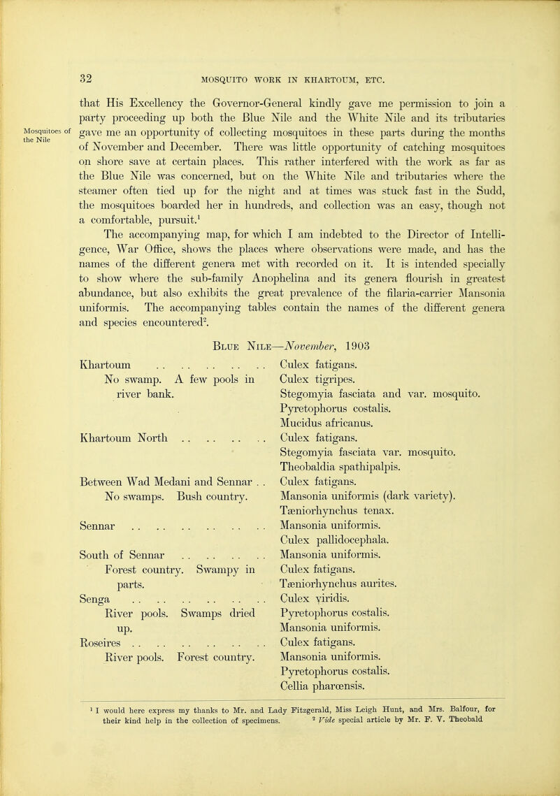 that His Excellency the Governor-General kindly gave me permission to join a party proceeding up both the Blue Nile and the White Nile and its tributaries ^^os^u^itoes of gave me an opportunity of collecting mosquitoes in these parts during the months of jSTovember and December. There was little opportunity of catching mosquitoes on shore save at certain places. This rather interfered with the work as far as the Blue Nile was concerned, but on the White Nile and tributaries where the steamer often tied up for the night and at times was stuck fast in the Sudd, the mosquitoes boarded her in hundreds, and collection was an easy, though not a comfortable, pursuit.^ The accompanying map, for which I am indebted to the Director of InteUi- gence. War Office, shows the places where observations were made, and has the names of the different genera met with recorded on it. It is intended specially to show where the sub-family Anophelina and its genera flourish in greatest abundance, but also exhibits the great prevalence of the filaria-carrier Mansonia uniformis. The accompanying tables contain the names of the different genera and species encountered^. Blue Nile- Khartoum No swamp. A few pools in river bank. Khartoum North Between Wad Medani and Sennar No swamps. Bush country. Sennar . . South of Sennar Forest country. Swampy in parts. Senga . River pools. Swamps dried up. Roseires River pools. Forest country. -November, 1903 Culex fatigans, Culex tigripes. Stegomyia fasciata and var. mosquito. Pyretophorus costalis. Mucidus africanus. Culex fatigans. Stegomyia fasciata var. mosquito, Theobaldia spathipalpis. Culex fatigans. Mansonia uniformis (dark variety). Tseniorhynchus tenax. Mansonia uniformis. Culex pallidocephala. Mansonia uniformis. Culex fatigans. Tffiniorhynchus aurites. Culex viridis. P5rretophorus costalis. Mansonia uniformis. Culex fatigans. Mansonia uniformis. Pyretophorus costalis. Cellia pharoensis. 11 would here express my thanks to Mr. and Lady Fitzgerald, Miss Leigh Hunt, and Mrs. Balfour, for their kind help in the collection of specimens. ^ Vide special article by Mr. F. V. Theobald