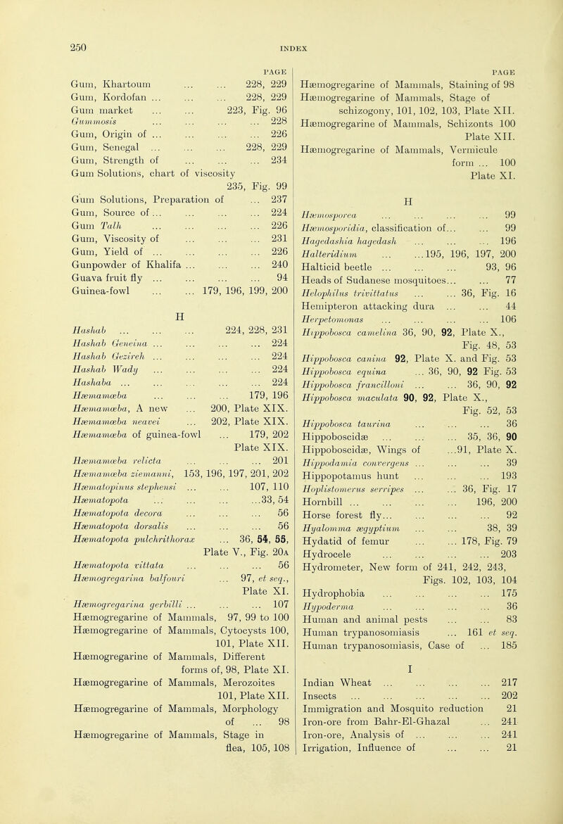l^AGE Gum, Khartoum 228, 229 Gum, Kordofan ... 228, 229 Gum market 223, Fig. 96 Gummosis 228 Gum, Origin of ... ... 226 Gum, Senegal 228, 229 Gum, Strength of 234 Gum Solutions, chart of viscosity 235, Fig. 99 Gum Solutions, Preparation of ... 237 Gum, Source of... 224 Gum Talk 226 Gum, Viscosity of 231 Gum, Yield of ... 226 Gunpowder of Khalifa ... 240 Guava fruit fly ... 94 Guinea-fowl 179, 196, 199, 200 H Hashah 224, 228, 231 Hashab Ge?ieiiia ... 224 Hashah Oezireh ... 224 Hashah Wady 224 Hashaha ... 224 Hsemamoeba 179, 196 Hsemamoeha, A new 200, Plate XIX. Hse7n.am0e.ha neavei 202, Plate XIX. Hiemamoeha of guinea-fowl 179, 202 Plate XIX. Hsemamoeha relicta 201 Hsemamoeha ziemanni, 153, 196, 197, 201, 202 Hasmatopinus stephensi 107, 110 Hsematopota 33, 54 Hsematopota decora 56 Hsematopota dorsalis 56 Hsematopota pulchrithorax ... 36, 54, 55, Plate v.. Fig. 20a Hsematopota vittata 56 Hsemogregarina halfouri 97, et seq., Plate XI. Hsemogregarina gerhilli ... 107 Haemogregarine of Mammals, 97, 99 to 100 Hsemogregarine of Mammals, Cytocysts 100, 101, Plate XII. Hasmogregarine of Mammals, Different forms of, 98, Plate XL Haemogregarine of Mammals, Merozoites 101, Plate XII. Hsemogregarine of Mammals, Morphology of ... 98 Hsemogregarine of Mammals, Stage in flea, 105, 108 PAGE Haemogregarine of Mammals, Staining of 98 Haemogregarine of Mammals, Stage of schizogony, 101, 102, 103, Plate XII. Hsemogregarine of Mammals, Scliizonts 100 Plate XII. Haemogregarine of Mammals, Vermicule form ... 100 Plate XI. H Hajmosporea ... ... ... ... 99 Hsemosporidia, classification of... ... 99 Hagedashia hagedash ... ... ... 196 Halteridium 195, 196, 197, 200 Halticid beetle 93, 96 Heads of Sudanese mosquitoes... ... 77 Helophilus trivittatus ... ... 36, Fig. 16 Hemipteron attacking dura ... ... 44 He rpetomonas ... ... ... ... 106 Hippohosca camelina 36, 90, 92, Plate X., Fig. 48, 53 Hippohosca canina 92, Plate X. and Fig. 53 Hippohosca equina ... 36, 90, 92 Fig. 53 Hippohosca francilloni ... ... 36, 90, 92 Hippohosca maculata 90, 92, Plate X., Fig. 52, 53 Hippohosca taurina ... ... ... 36 Hippoboscidae ... ... ... 35, 36, 90 Hippoboscidae, Wings of ...91, Plate X. Hippodamia convergens ... ... ... 39 Hippopotamus hunt ... ... ... 193 Hoplistomerus serripes ... ... 36, Fig. 17 Hornbill 196, 200 Horse forest fly... ... ... ... 92 Hyalomma xgyptium ... ... 38, 39 Hydatid of femur 178, Fig. 79 Hydrocele ... ... ... ... 203 Hydrometer, New form of 241, 242, 243, Figs. 102, 103, 104 Hydrophobia ... ... ... ... 175 Hypoderma ... ... ... ... 36 Human and animal pests ... ... 83 Human trypanosomiasis ... 161 et seq. Human trypanosomiasis, Case of ... 185 Indian Wheat 217 Insects 202 Immigration and Mosquito reduction 21 Iron-ore from Bahr-El-Ghazal ... 241 Iron-ore, Analysis of ... ... ... 241 Irrigation, Influence of ... ... 21