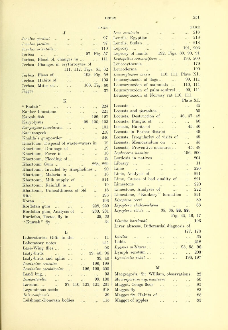 PAGE J Jacidus gordoiii ... Jacnlns jacnlug Jaciilns orieiitalis... Jerboa Jerboa, Blood of, changes in ... Jerboa, Changes in erythrocytes of 111, 112, Figs. 61, 62 ... 97 ... 97 ... 110 97, Fig. 57 ... Ill Jerboa, Fleas of... Jerboa, Habits of Jerboa, Mites of... Jigger 103, Fig. 58 ... 103 108, Fig. 60 ... 37 K Kadab ... 224 Kanker limestone ... ... ... 221 Karesh fish 196, 197 Karyolysus 99, 100, 103 Kari/olyniis lacerturuiii ... ... ... 101 Kashrangeek ... ... ... ... 218 Khalifa's gunpowder ... ... ... 240 Khartoum, Disposal of waste-waters in 19 Khartoum, Drainage of ... ... 19 Khartoum, Fever in 18 Khartoum, Flooding of... ... ... 19 Khartoum Gum 228, 229 Khartoum, Invaded by Anophelines ... 20 Khartoum, Malaria in ... 18 Khartoum, Milk supply of ... ... 214 Khartoum, Rainfall in ... ... ... 19 Khartoum, Unhealthiness of old ... 18 Kite 196 Koran ... ... ... ... ... 196 Kordofan gum 228, 229 Kordofan gum, Analysis of ... 230, 231 Kordofan, Tsetse fly in ... 29, 30 Kunteb fly 34 Laboratories, Gifts to the ... ... 11 Laboratory notes ... ... ... 241 Lace-Wing flies ... ... ... ... 96 Lady-birds 39, 40, 96 Lady-birds and aphis ... ... 39, 40 Laniarius cruentus ... ... 196, 198 Laniarius excubitorius ... 196, 199, 200 Land bug... ... ... ... ... 93 Lankesterella ... ... ... 99, 100 Laveran 97, 110, 123, 125, 201 Leguminous seeds ... ... ... 218 Leis coiifornvis ... ... ... ... 39 Leishman-Donovan bodies ... ... 115 I'AGE 218 218 218 191, 203 192, Figs. 89, 90, 91 196, 200 179 190 110, 111, Plate XI. 99, 111 110, 111 99, 111 46, .. 45 .. 50 47, 48 45 Levs esculenta Lentils, Egyptian Lentils, Sudan ... Leprosy ... Leprosy of hands LeptojjUlus cruhie)/ifeni Leucocythemia ... Leucoderma Leucoc>jtozoo)i maris Leucocytozoon of dogs... Leucocytozoon of mammals ... Leucocytozoon of palm squirrel Leucocytozoon of Norway rat 110, 111, Plate XI. Locusts Locusts and parasites ... Locusts, Destruction of Locusts, Fungus of Locusts, Habits of Locusts in Berber district Locusts, Irregularity of visits of Locusts, Memorandum on Locusts, Preventive measures... Lo'phoceros nasutus Lordosis in natives Library ... Lime Lime, Analysis of Lime, Causes of bad quality of Limestone Ijimestone, Analyses of Limestone,  Kankery  formation Lipoptera cervi Lipoptera chalcomeliena ... ... 88 Lipoptera ihicis ... 35, 36, 88, 89, Fig. 45, 46, 47 Lissotis liartlmuli ... ... ... 196 Liver abscess. Differential diagnosis of 177 Lucilia Lubia Lygiens militaris ... ... ... 98 Lymph scrotum ... 50 , 46 ... 49 ... 49 45 45, 48 196, 200 ... 204 ... 11 ... 220 ... 221 ... 221 ... 220 ... 222 ... 221 ... 89 178 . 35 . 218 95, 96 . 203 Lynodontis sclial 196, 197 M Macgregor's, Sir William, observations 22 Macrosporiuni nigricantium ... ... 50 Maggot, Congo floor ... ... ... 85 Maggot fly 83 Maggot fly. Habits of 85 Maggot of apples ... ... ... 93