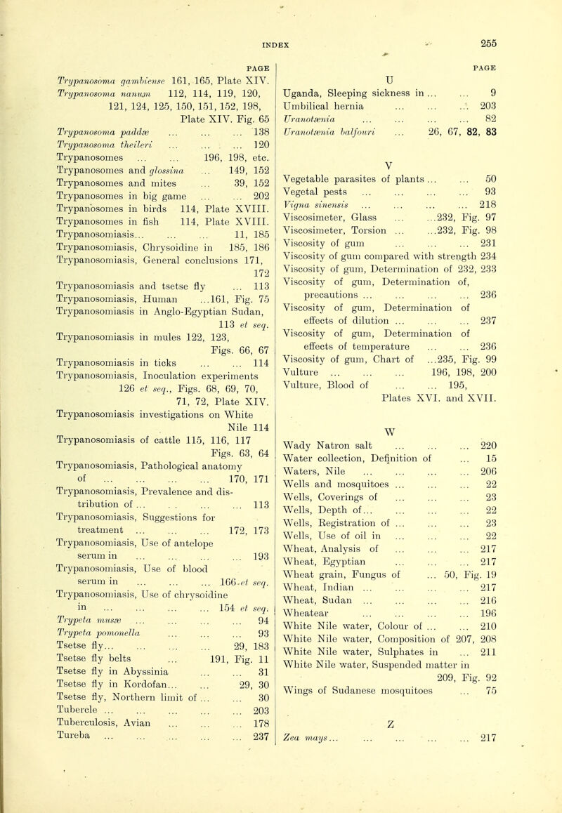 PAGE Trypanosoma gambiense 161, 165, Plate XIV. Trypanosoma nanuan 112, 114, 119, 120, 121, 124, 125, 150, 151, 152, 198, Plate XIV. Fig. 65 Trypanosoma paddee ... ... ... 138 Trypanosoma theileri ... ]20 Trypanosomes ... ... 196, 198, etc. Trypanosomes and glosstna ... 149, 152 Trypanosomes and mites ... 39, 152 Trypanosomes in big game ... ... 202 Trypanosomes in birds 114, Plate XVIII. Trypanosomes in fish 114, Plate XVIII. Trypanosomiasis... ... ... 11, 185 Trypanosomiasis, Chrysoidine in 185, 186 Trypanosomiasis, General conclusions 171, 172 Trypanosomiasis and tsetse fly ... 113 Trypanosomiasis, Human ...161, Fig. 75 Trypanosomiasis in Anglo-Egyptian Sudan, 118 et seq. Trypanosomiasis in mules 122, 123, Figs. 66, 67 Trypanosomiasis in ticks ... ... 114 Trypanosomiasis, Inoculation experiments 126 et seq., Figs. 68, 69, 70, 71, 72, Plate XIV. Trypanosomiasis investigations on White Nile 114 Trypanosomiasis of cattle 115, 116, 117 Figs. 63, 64 Trypanosomiasis, Pathological anatomy of 170, 171 Trypanosomiasis, Prevalence and dis- tribution of... . . ... ... 113 Trypanosomiasis, Suggestions for treatment 172, 173 Trypanosomiasis, Use of antelope serum in ... ... ... ... 193 Trypanosomiasis, Use of blood serum in 166^-/ seq. Trypanosomiasis, Use of chrysoidine in 154 et seq. Trypeta mnsse ... ... ... ... 94 Trypeta pomonella ... ... ... 93 Tsetse fly 29, 183 Tsetse fly belts ... 191, Fig. 11 Tsetse fly in Abyssinia 81 Tsetse fly in Kordofan 29, 80 Tsetse fly. Northern limit of 30 Tubercle 203 Tuberculosis, Avian ... ... ... 178 Tureba 237 PAGE U Uganda, Sleeping sickness in... ... 9 Umbilical hernia ... ... 203 Uranotsenia, ... ... ... ... 82 Uranotsenia halfonri ... 26, 67, 82, 83 V Vegetable parasites of plants ... ... 50 Vegetal pests ... ... ... ... 93 Vigna sinensis ... ... ... ... 218 Viscosimeter, Glass 232, Fig. 97 Viscosimeter, Torsion ... ...232, Fig. 98 Viscosity of gum ... ... ... 231 Viscosity of gum compared with strength 284 Viscosity of gum. Determination of 282, 233 Viscosity of gum. Determination of, precautions ... ... ... ... 236 Viscosity of gum, Determination of effects of dilution 287 Viscosity of gum. Determination of effects of temperature ... ... 236 Viscosity of gum, Chart of ...285, Fig. 99 Vulture 196, 198, 200 Vulture, Blood of 195, Plates XVI. and XVII. W Wady Natron salt Water collection. Definition of Waters, Nile Wells and mosquitoes ... Wells, Coverings of Wells, Depth of Wells, Eegistration of ... Wells, Use of oil in Wheat, Analysis of Wheat, Egyptian Wheat giain. Fungus of ... 50, Fij Wheat, Indian ... Wheat, Sudan ... Wheatear White Nile water. Colour of White Nile water, Composition of 207 White Nile water, Sulphates in White Nile water. Suspended matter in 209, Fi Wings of Sudanese mosquitoes Ze lys.. 220 15 206 22 28 22 28 22 217 217 19 217 216 196 210 208 211 . 92 75 217