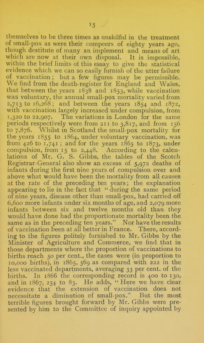 themselves to be three times as unskilful in the treatment of small-pox as were their compeers of eighty years ago, though destitute of many an implement and means of art which are now at their own disposal. It is impossible, within the brief limits of this essay to give the statistical evidence which we can so easily furnish of the utter failure of vaccination; but a few figures may be permissible. We find from the death-register for England and Wales, that between the years 1838 and 1853, while vaccination was voluntary, the annual small-pox mortality varied from 2,713 to 16,268; and between the years 1854 ^^^^ 1872, with vaccination largely increased under compulsion, from 1,320 to 22,907. The variations in London for the same periods respectively were from 211 to 3,817, and from 156 to 7,876. Whilst in Scotland the small-pox mortality for the years 1855 to 1864, under voluntary vaccination, was from 426 to 1,741 ; and for the years 1865 to 1873, under compulsion, from 15 to 2,448. According to the calcu- lations of Mr. G. S. Gibbs, the tables of the Scotch Registrar-General also show an excess of 5,972 deaths of infants during the first nine years of compulsion over and above what would have been the mortality from all causes at the rate of the preceding ten years; the explanation appearing to lie in the fact that  during the same period of nine years, disease other than small-pox, had carried off 6,600 more infants under six months of age, and 2,079 more infants between six and twelve months old than they would have done had the proportionate mortality been the same as in the preceding ten years. Nor have the results of vaccination been at all better in France. There, accord- ing to the figures politely furnished to Mr. Gibbs by the Minister of Agriculture and Commerce, we find that in those departments where the proportion of vaccinations to births reach 50 per cent., the cases were (in proportion to 10,000 births), in 1865, 569 as compared with 222 in the less vaccinated departments, averaging 33 per cent, of the births. In 1866 the corresponding record is 400 to 130, and in 1867, 254 to 83. He adds,  Here we have clear evidence that the extension of vaccination does not necessitate a diminution of small-pox. But the most terrible figures brought forward by Mr. Gibbs were pre- sented by him to the Committee of inquiry appointed by