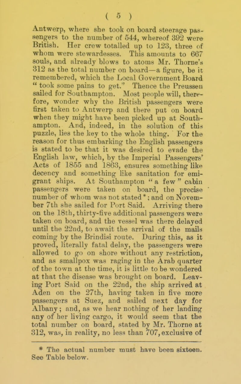 ( 6 ) Antwerp, where she took on board steerage pas- sengers to the number of 544, whereof 392 were British. Her crew totalled up to 123, three of whom were stewardesses. This amounts to 667 souls, and already blows to atoms Mr. Thome's 312 as the total number on board—a figure, be it remembered, which the Local Government Board  took some pains to get.*' Thence the Preussen sailed for Southampton. Most people will, there- fore, wonder why the British passengers were first taken to Antwerp and there put on board when they might have been picked up at South- ampton. And, indeed, in the solution of this puzzle, lies the key to the whole thing. For the reason for thus embarking the English passengers is stated to be that it was desired to evade the English law, which, by the Imperial Passengers' Acts of 1855 and 1863, ensures something like decency and something like sanitation for emi- grant ships. At Southampton  a few  cabin passengers were taken on board, the precise number of whom was not stated *; and on Novem- ber 7th she sailed for Port Said. Arriving there on the 18th, thirty-five additional passengers were taken on board, and the vessel was there delayed until the 22nd, to await the arrival of the mails coming by the Brindisi route. During this, as it proved, literally fatal delay, the passengers were allowed to go on shore without any restriction, and as smallpox was raging in the Arab quarter of the town at the time, it is little to be wondered at that the disease was brought on board. Leav- ing Port Said on the 22nd, the ship arrived at Aden on the 27th, having taken in five more passengers at Suez, and sailed next day for Albany; and, as we hear nothing of her landing any of her living cargo, it would seem that the total number on board, stated by Mr. Thome at 312, was, in reality, no less than 707, exclusive of * The actual number must have been sixteen. See Table below.