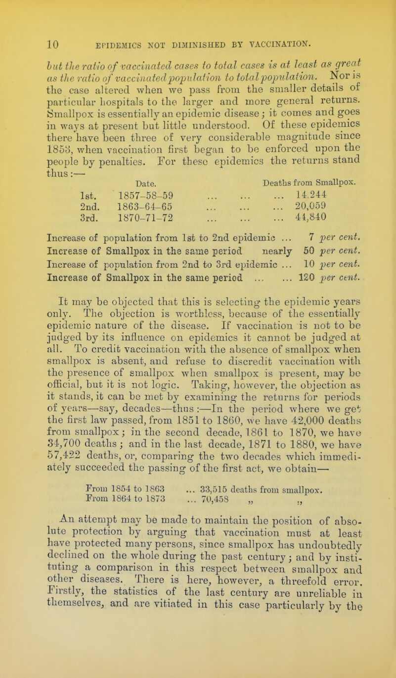 hut the ratio of vaccinated cases to total cases is at least as great as the ratio of vaccinated population to total population. Nor is the case altered when we pass from the smaller details of particular hospitals to the larger and more general returns. Smallpox is essentially an epidemic disease; it comes and goes in ways at present but little understood. Of these epidemics there have been three of very considerable magnitude since 1858, when vaccination first began to be enforced upon the people by penalties. For these epidemics the returns stand thus:— Date. Deaths from Smallpox. 1st. 1857-58-59 14244 2nd. 1863-64-65 20,059 3rd. 1870-71-72 44,840 Increase of population from 1st to 2nd epidemic ... 7 per cent. Increase of Smallpox in the same period nearly 50 per cent. Increase of population from 2nd to 3rd epidemic ... 10 per cent. Increase of Smallpox in the same period 120 per cent. It may be objected that this is selecting the epidemic years only. The objection is worthless, because of the essentially epidemic nature of the disease. If vaccination is not to be judged by its influence on epidemics it cannot be judged at all. To credit vaccination with the absence of smallpox when smallpox is absent, and refuse to discredit vaccination with the presence of smallpox when smallpox is present, may be official, but it is not logic. Taking, however, the objection as it stands, it can be met by examining the returns for periods of years—say, decades—thus :—In the period where we ge4} the first law passed, from 1851 to 1860, we have 42,000 deaths from smallpox; in the second decade, 1861 to 1870, we have 34,700 deaths; and in the last decade, 1871 to 1880, we have 57,422 deaths, or, comparing the two decades which immedi- ately succeeded the passing of the first act, we obtain— From 1854 to 1863 ... 33,515 deaths from smallpox. From 1864 to 1873 ...70,458 „ ., An attempt may be made to maintain the position of abso- lute protection by arguing that vaccination must at least have protected many persons, since smallpox has undoubtedly declined on the whole during the past century; and by insti- tuting a comparison in this respect between smallpox and other diseases. There is here, however, a threefold error. Firstly, the statistics of the last century are unreliable in themselves, and are vitiated in this case particularly by the