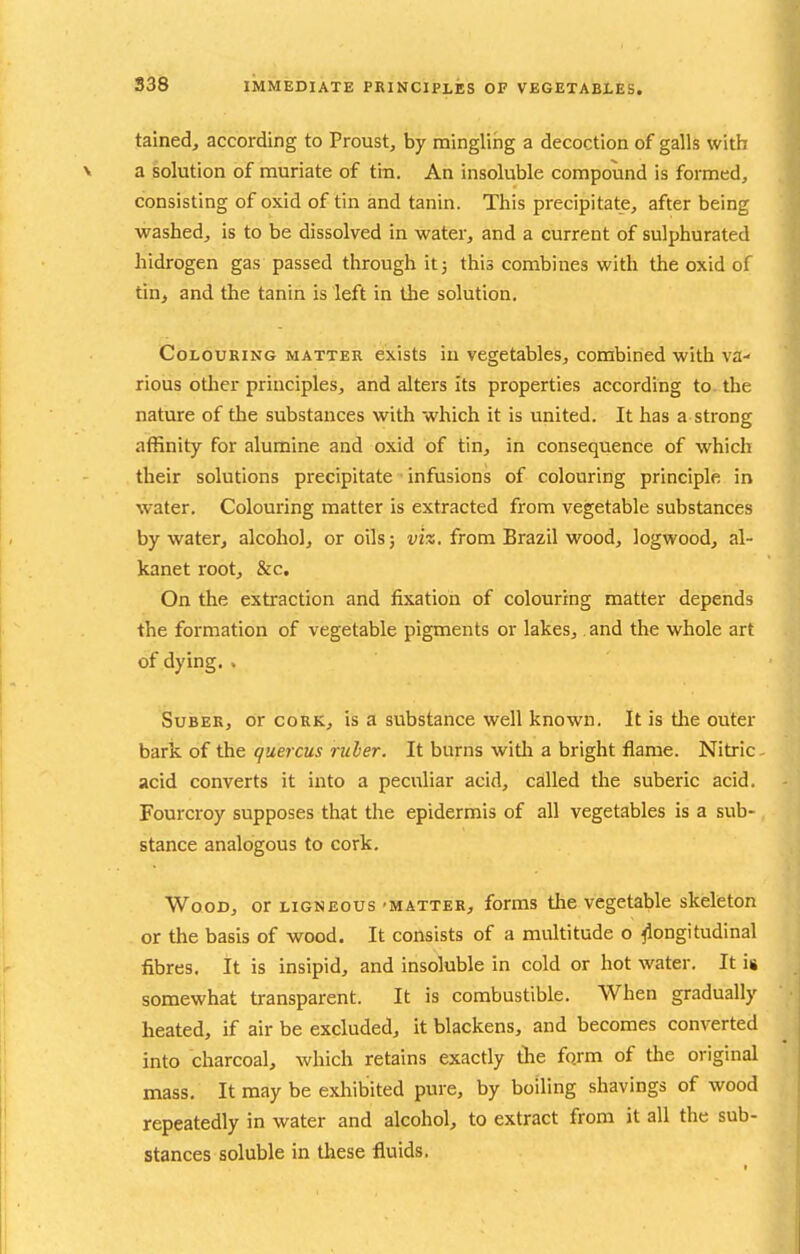 tainedj according to Proust, hj mingling a decoction of galls with a solution of muriate of titi. An insoluble compound is formed, consisting of oxid of tin and tanin. This precipitate, after being washed, is to be dissolved in water, and a current of sulphurated hidrogen gas passed through it} this combines with the oxid of tin, and the tanin is left in the solution. Colouring matter exists in vegetables, combined with va- rious otlier principles, and alters its properties according to. the nature of the substances with which it is united. It has a strong affinity for alumine and oxid of tin, in consequence of which their solutions precipitate ■ infusions of colouring principle in water. Colouring matter is extracted from vegetable substances by water, alcohol, or oils 5 vix. from Brazil wood, logwood, al- kanet root, &c. On the extraction and fixation of colouring matter depends the formation of vegetable pigments or lakes,. and the whole art of dying. . Surer, or cork, is a substance well known. It is tlie outer bark of the quercus ruler. It burns witli a bright flame. Nitric acid converts it into a peculiar acid, called the suberic acid. Fourcroy supposes that tlie epidermis of all vegetables is a sub- stance analogous to cork. Wood, or ligneous -matter, forms tlie vegetable skeleton or the basis of wood. It consists of a multitude o ^longitudinal fibres. It is insipid, and insoluble in cold or hot water. It i« somewhat transparent. It is combustible. When gradually heated, if air be excluded, it blackens, and becomes converted into charcoal, which retains exactly tihe form of the original mass. It may be exliibited pure, by boiling shavings of wood repeatedly in water and alcohol, to extract from it all the sub- stances soluble in these fluids.