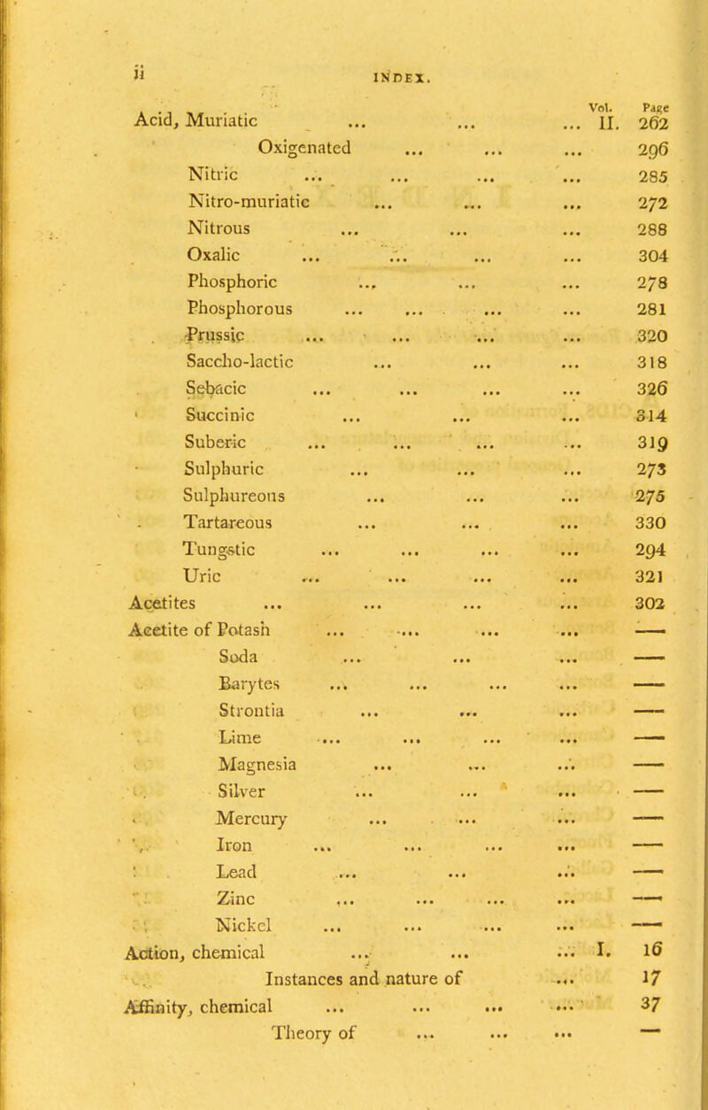 Acid, Muriatic Oxigenated Nitric Nitro-muriatic Nitrous Oxalic Phosphoric Phosphorous ■Prussic Sacclio-lactic §ebacic ' Succinic Suberic Sulphuric Sulphureous Tartar€ous Tung*tic Uric Acetites Aeetite of Potash Soda Barytes ... Strontia Lime ... Magnesia Silver Mercurj' Iron Lead Zinc ,.■ Nickel Action, chemical Instances and nature of Affinity, chemical Theory of