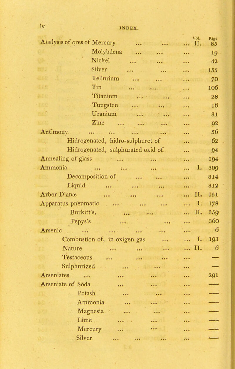 Analysis of ores of Mercury ... Yl*. ^85 Molybdena ... ... ... 19 , Nickel ... ... ... 42 Silver ... ... ... 155 Tellurium ... ... ... 70 Tin ... 106 Titanium ... ... ... 28 Tungsten ... ;.. ... 16 Uranium ... 31 Zinc ... ... 92 Antimony ... ... ... 56 Hidrogenated, hidro-sulphuret of ... 62 , Hidrogenated, sulphurated oxid of ... Q4 Annealing of glass ... ... ... ig4 Ammonia ... ... ... ... I. 30Q Decomposition of ... ... ... 814 Liquid ... ... ... ... 313 Arbor Dianae ... ... ... ... II. 151 Apparatus pneumatic ... ... ... ... I. 178 Burkitt's, ... ... ... II. 359 Pepys's ... 360 Arsenic ... ... ... ... ... 6 Combustion of, in oxigen gas ... ... I. 103 Nature ... ... ... ... II. 6 Testaceous ... ... ... ... — Sulphurized ... ... ... — Arseniates ... ... ... ... 291 Arseniate of Soda Potash Ammonia Magnesia Lime Mercury . Silver