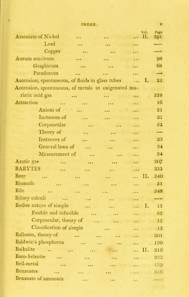 Vol. Page Arseuiate of Nickel ... ... ... II. 291 Lead ... ... ... Copper ... ... ... —I. Aurum musivura ... ... ... 98 Graphicum ... ... . ... 68 Paradoxum ... ... ... —• Ascension, spontaneous, of fluids in glass tubes .... I. 23 Accension, spontaneous, of metals in oxigenated mu- riatic acid gas ... ... ... 338 Attraction ... ... ... ... 16 Axiom of ... ... ' ... 21 Instances of ... ... ... 21 Corpuscular ... ... ... 32 Theory of ... ... ... — Instances of ... ... 33 (Jenerallaws of ... ... ... 34 Measurement of ... ... ... 34 Azotic gas ... .., ... ... 207 BARYTES ... ... ... ... 222 Beer ... ... ... ... II. 340 Bismuth ... ... ... ... 51 Bile ... ... ... ... 348 Biliary calculi ... ... ... ... —- Bodies nature of simple ... ... ... I. 13 Fusible and infusible ... ... ... 85 Corpuscular, theory of ... ... ... U Classification of simple ... ... 12 Balloons, theory of ... ... ... ... 201 Baldwin's phosphoms ... ... 130 Baikalite .. ... ... . ... ... H. 210 Baro-Selenite ... ... ... ... 2,22 Bell-metal ... .„ ... ... i3g Benzoales ... ... ... ... 316 Benzoate of ammonia ... ... ... —.