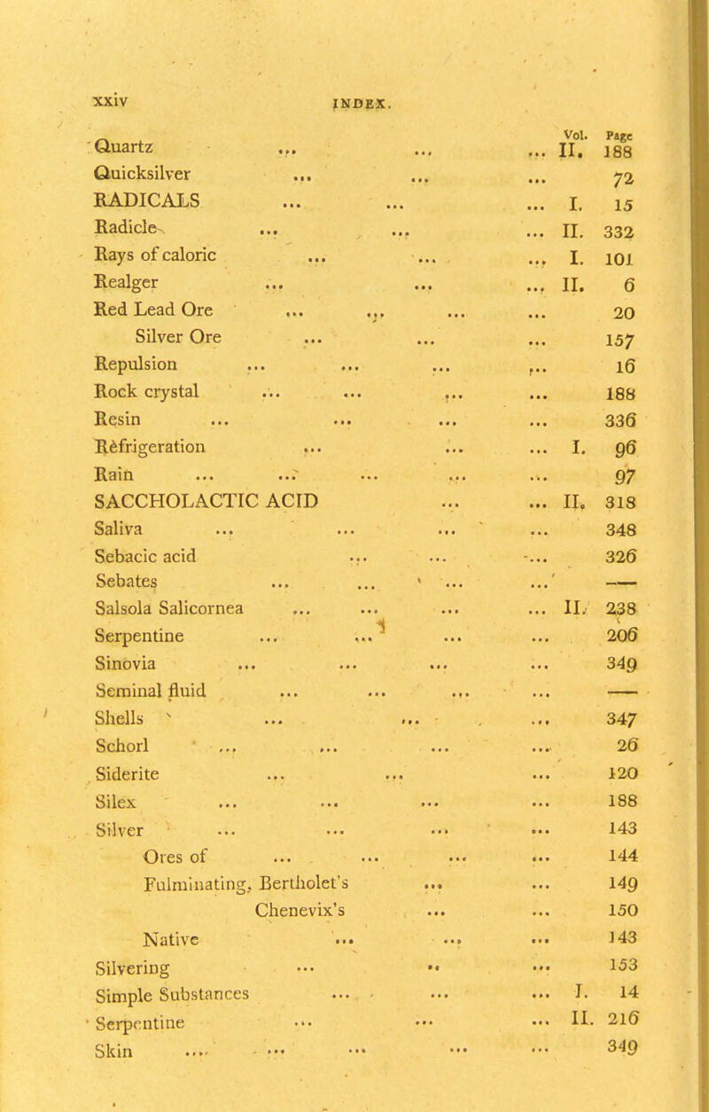 Vol. Pige Quartz ... ... ... II. 188 Quicksilver ... ... ... 72 RADICALS ... ... ... I. 15 Radicle ... ... II. 332 Rays of caloric ... ... ... I. lOl Realger ... ... n. 6 Red Lead Ore ... ... ... ... 20 Silver Ore ... ... ... 157 Repulsion ... ... ... iQ Rock crystal ... ... ... ... 18S Resin ... ... ... ... 336 Refrigeration ... ... ... I, 96 Rain ... ...^ ... ... ... 97 SACCHOLACTIC ACID ... ... H, 318 Saliva ... ... ... ... 348 Sebacic acid ... ... ... 326 Sebates ... ... ' ... Salsola Salicornea ... ... ... ... II,- 238 Serpentine ... ... ... ... 206 Sinovia ... ... ... ... 34Q Seminal fluid ... ... ... ... Shells ^ ... ... - ... 347 Schori ... ... ... ... 26 Siderite ... ... ... 120 Silex ... ••• ••• ••■ 188 Silver ... ••• ••• ••• 143 Ores of ... ■•• ••• ••• 144 Fulminating, Bertliolet's ... ... 149 Chenevix's ... ... 150 Native ••. ... ... 143 Silvering ••• •• ••• 153 Simple Substances ... - ... ... I. 14 • Serpentine ••• ••• ••• li- 2l6 Skin .... ••• ••• ••• - 3^9