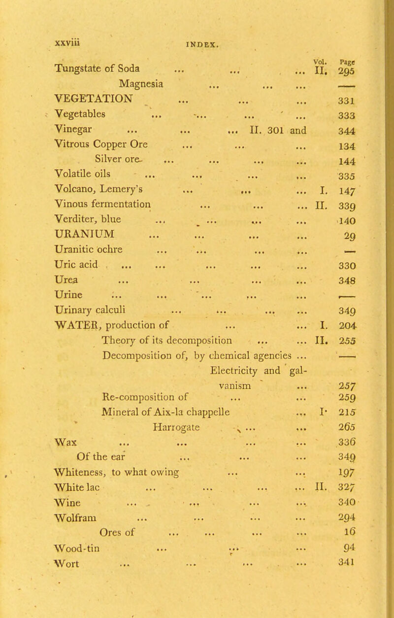 XXVIU INDEX. Vol. Page Tungstate of Soda ... ... .... II. 295 Magnesia ... VEGETATION ... ... ... 331 Vegetables ... ... ' ... 333 Vinegar ... ... ... II. 301 and 344 Vitrous Copper Ore ... ... ... 134 Silver ore- ... ... ... ... 144 Volatile oils - ... ... ... ... 335 Volcano, Lemery's ... ... ... I. 147 Vinous fermentation ... ... ... II. 339 Verditer, blue ... _ ... „. ... 140 URANIUM ... ... ... 29 Uranitic ochre ... ... ... ... ~ Uric acid ... ... ... 330 Urea ... ... ... ... 348 Urine ... ... ... ... r— Urinary calculi ... ... 349 WATER, production of ... ... I. 204 Theory of its decomposition ... ... II. 255 Decomposition of, by chemical agencies ... . Electricity and gal- vanism ... 257 Re-composition of ... ... 259 Mineral of Aix-la chappelle .,. I* 215 Harrogate ^ ... ... 265 Wax ... ... ... ... .336 Of the ear ... ... ... 349 Whiteness, to what owing ... ... 197 White lac ... ... II. 327 Wine ... . ... ... .... 340 Wolfram ... ... ... ... 294 Ores of ... ... 16 Wood-tin ... ... ••• 94 r Wort ... ••• •.. ••• 341