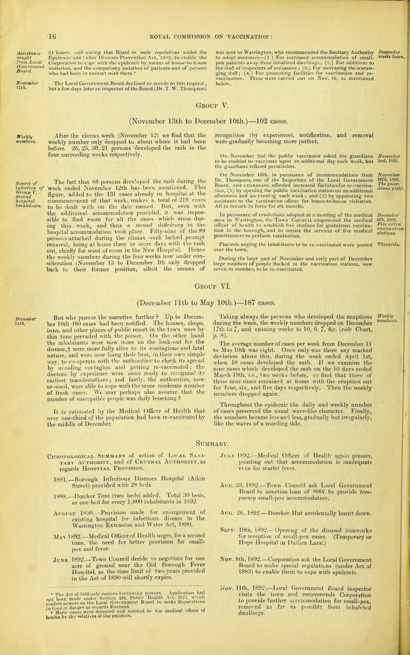 Assistance sought from Local Government 'Board. November nth. numbers. Source of infection of Group V. iSecond hospital breakdown. 24 hours, ciiid asking that Board to make regulations under the Epideniii- ;ind Other Diseases Prevention Act, ]8'*3. to enable the Corporation to cope with the epidemic by means of house-to liouse visitation, and the compulsory isolation of patients and of persons who had been in contact with them.* The Local Government Board declined to accede to this request j buta few days lateran inspector of the Board (Dr. T. W. Thompson) was sent to Warrington, who recommended the Sanitary Authority Inspector to adopt measures—(1.) For increased accommodation of small- iiisits town, pox patients away from inhabited dwellings ; (2.) For additions to the staff of inspectors of nuisances ; (3.) For increasing the scaven- ging staft ; (4.) For promoting facilities for vaccination and re- vaccination. Theiie were carried out on Nov. 16, as mentioned below. Group V. (November 13th to December 10th.)—102 eases. After the climax week (November \-2) we find that the weekly number only dropped to about where it had been before. 26, 25, 30, 21 persons developed the rash in the four succeeding weeks respectively. The fact that 88 persons developed the rash during the week ended November 12th has been mentioned. This figure, added to the 131 cases already in hospital at the commencement of that week, makes a total of 21.9 cases to be dealt with on the date named. But, even with the additional accommodation provided, it was impos- sible to find room for all the cases which arose diir- ing this week, and thus a second deficiency in the hospital accommodation took place. Fifty-nine of the 88 persons attacked during the climax week lacked prompt removal, being at home three or more days with the rash out, chiefly forwant of room in the New Flospital. Hence the weekly numbers during the four weeks now under con- sideration' (November 13 to December 10) only dropped back to their former position, albeit the means of recognition (by experience), notification, Were gradually becoming more perfect. and removal On-November 2nd the public vaccinator asked the guardians to be enabled to vaccinate upon an additional day eacli week, but the guardians refused permission. On November 16th, in pursuance of recommendations from Dr. Thompson, one of the Inspectors of the Local Government Board, theruardians afforded increased facilities for re-vaccina- tion, (1) by opening the public vaccination station on an additional afternoon and an evening each week ; and (2) by appointing two assistants to the vaccination officer for house-to-house visitation. All to remain in force for six months. In pursuance of resolutions adopted at a meeting of the medical men in Warrington, the Town Council empowered the medical officer of healtli to establish five stations for gratuitous vaccina- tion in the borough, and to secure the services of five medical practitioners to perform vaccination. Placards urging the inhabitants to be re-vaccinated were posted over the town. During the later part of November and early part of December large numbers of people flocked to the vaccination stations, now seven in number, to be re-vaccinated. November 2nd, J 892. Novembef 16th, 1892. The guar- dians yield. December Uh, 1892. Five extra vaccination stations. Placards,' Group VI. (December 11th to May 10th.)—187 cases. December But why pursue the narrative further P Up to Decem- nth. ijer 10th '!60 cases had been notified. The houses, shops, inns, and other places of public resort in the town were by this time pervaded with the poison. On the other hand the inhabitants were now inore on the look-out for the disease, t were more fully ahve to its contagious and fatal nature, and were now doing their best, in their own simple wav, to co-operate with the authorities- to check its spread bv avoiding coritagion and getting re-vaccinated; the doctors by experience were more ready to recognise^ its earliest manifestations; and lastly, the authorities, now ar','Used, were able to cope with the more moderate number of fresh cases. We may perhaps also assume that the number of susceptible people was daily lessening ? It is estimated by the Medical Officer of Health that over one-third of the population had been re-vaccinated by the middle of December. Taking always the persons who developed the eruptions during the week, the weekly numbers dropped on December 17th to 7, and ensuing weeks to 10, 6, 7, &c. {vide Chart, p. 8). The average number of cases per week from December 11 to May 10th was eight. Once only was there any marked deviation above this, during the week ended April 1st, when 18 cases developed the rash. If we examine the nine cases which developed the rash on the 10 days ended March 19th, i.e., two weeks before, ice find that three of those nine cases remained at home with the eruption out for four, six, and five days respectively. Then the weekly numbers dropped again. Throughout the epidemic the daily and weekly number of cases preserved the usual wave-like character. Finally, the numbers became less and less, gradually but irregularly, like the waves of a receding tide. Weekly numbers. Summary. Ghronological Summary of action of Local Sani- tary Authority, and of Central Authority,as regards Hospital Provision. 1881. Borough Infectious Diseases Hospital (Aikin Street) provided with 28 beds. 1888.—Dcecker Tent (two beds) added. Total 30 beds, or one bed for every 1,800 inhabitants in 1892. August 1890.—Provision made for enlargement of existing hospital for infectious disease in the Warrington Extension and Water Act, 1890. May 1892.—Medical Ofiicer of Health urges, for a second time, the need for better provision for small- pox and fever. June 1892.—Town Council decide to negotiate for one acre of ground near the Old Borough Fever Hospital, as the time limit of two years provided in the Aet of 1890 will shortly expire. * The Act of 1883 only confers borrowing powers. Appliofition had not been made under Section 13i, Public Health Act, 1875, wjuch confers powers on the Local Government Board to mo.ke Megulattons ''n time of danger as reirards Enirland. ■ , a.  + Many cases were detected and notitied to tiie medical officer of health by th,T relatives of the patients. July 1892.—Medical Offlcei of Health again presses, pointing out that accommodation is inadequate even for scarlet fever. Aug. 23, 1892.—Town Council ask Local Government Board to sanction loan of 800/. to provide tem- jjorary small-pox accommodation. Aug. 2G, 1892.—Doecker Hut accidentally burnt down. Sept. 19th, 1892.—Opening of the disused ironworks for reception of small-pox cases. (Temporary or Hope Hospital in Dallam Lane.) Nov. 8th, 1892.—Corporation ask the Local Government Board to make special regulations (under Act of 1883) to enable them to cope with epidemic. Nov. 11th, 1892.—Local Government Board inspector visits the town and recommends Corporation to provide further accoininodation for small-pox, removed as fa.v as possible from inhabited dwellings.
