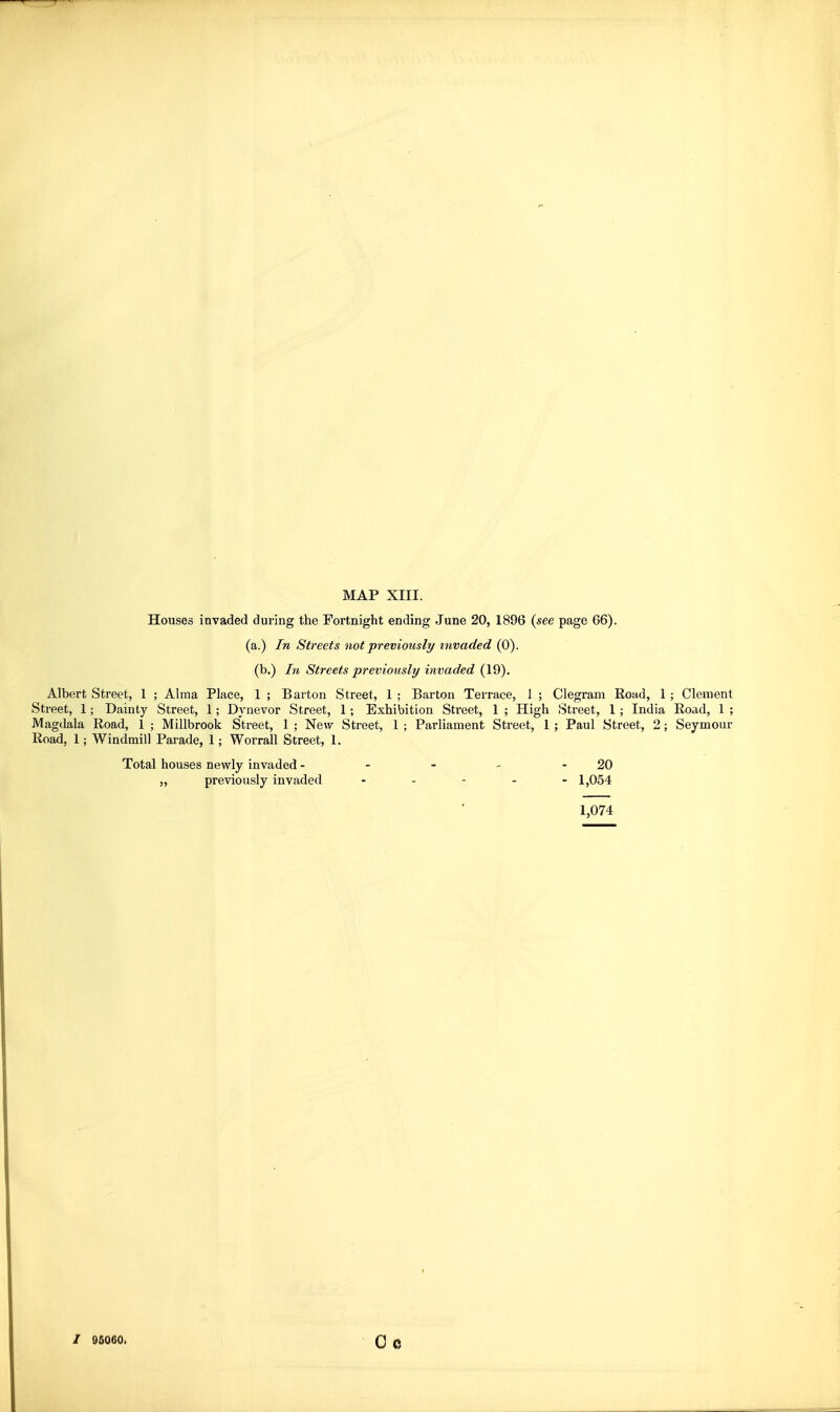 Houses invaded during the Fortnight ending June 20, 1896 (see page 66). (a.) In Streets not previously invaded (0). (b.) In Streets previously invaded (19), Albert Street, 1 ; Alma Place, 1 ; Barton Street, 1 ; Barton Terrace, 1 ; Clegrani Road, 1 ; Clement Street, 1; Dainty Street, 1; Dynevor Street, 1; Exhibition Street, 1 ; High Street, 1 ; India Road, 1 ; Magdala Road, 1 ; Millbrook Street, 1 ; New Street, 1 ; Parliament Street, 1 ; Paul Street, 2; Seymour Road, 1; Windmill Parade, 1; Worrall Street, 1. Total houses newly invaded - - - -- - 20 „ previously invaded . . - . - 1,054 1,074 / 96060. Oo