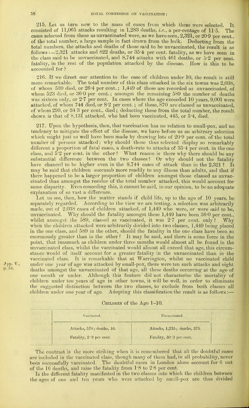 215. Let us turn now to the mass of cases from whicli these were selected. It consisted of 11,065 attacks resulting in 1,283 deaths, i.e., a per-centag'e of 11-5. The cases selected from these as unvaccinated were, as we have seen, 2,321, or 20*9 per cent., of the total number, a large sample in fact drawn from the bulk. Deducting from the total numbers, the attacks and deaths of those said to be unvaccinated, the result is as follows :—2,321 attacks and 822 deaths, or 35*4 per cent, fatality, as we have seen in the class said to be unvaccinated, and 8,744 attacks with 461 deaths, or 5*2 per cent, fatality, in the rest of the population attacked by the disease. How is this to be accounted for ? 216. If we direct our attention to the case of children under 10, the result is still more remarkable. The total number of this class attacked in the six towns was 2,038, of whom 539 died, or 26*4 per cent.; 1,449 of these are recorded as unvaccinated, of whom 523 died, or 36*0 per cent.; amongst the remaining 589 the number of deaths was sixteen only, or 2*7 per cent. In cases where the age exceeded 10 years, 9,001 were attacked, of whom 744 died, or 8-2 per cent.; of these, 870 are classed as unvaccinated, of whom 299, or 34 3 per cent., died ; deducting these from the total number, the result shown is that of 8,131 attacked, who had been vaccinated, 445, or 5*4, died. 217. Upon the hypothesis, then, that vaccination has no relation to small-pox, and no tendency to mitigate the effect of the disease, we have before us an arbitrary selection which might just as well have been made by drawing lots of 20*9 per cent, of the total number of persons attacked; why should those thus selected display so remarkably different a proportion of fatal cases, a death-rate to attacks of 35-4 per cent, in the one class, and 5*2 per cent, in the other? What reason is there why there should be any substantial difference between the two classes? Or why should not the fatality have chanced to be higher even in the 8,744 cases of attack than in the 2,321 ? It may be said that children succumb more readily to any illness than adults, and that if there happened to be a larger proportion of children amongst those classed as unvac- cinated than amongst the residue of the total number attacked, this would account for some disparity. Even conceding this, it cannot be said, in our opinion, to be an adequate explanation of so vast a difference. Let us see, then, how the matter stands if child life, up to the age of 10 years, be separately regarded. According to the view we are testing, a selection was arbitrarily made, out of 2,038 cases of children attacked, of 1,449 who were, or were said to be, unvaccinated. Why should the fatality amongst these 1,449 have been 36*0 per cent., whilst amongst the 589, classed as vaccinated, it was 2*7 per cent, only ? Why when the children attacked were arbitrarily divided into two classes, 1,449 being placed in the one class, and 589 in the other, should the fatality in the one class have been so enormously greater than in the other ? It may be said, and there is some force in the point, that inasmuch as children under three months would almost all be found in the unvaccinated class, whilst the vaccinated would almost all exceed that age, this circum- stance would of itself account for a greater fatality in the unvaccinated than in the vaccinated class. It is remarkable that at Warrington, whilst no vaccinated child PP- v., under one year of age was attacked by small-pox, there were ten such attacks and eight deaths amongst the unvaccinated of that age, all these deaths occurring at the age of one month or under. Although this feature did not characterise the mortality of children under ten years of age in other towns, it will be well, in order to eliminate the suggested distinction between the two classes, to exclude from both classes all children under one year of age. Adopting this classification the result is as follows :— Children of the Age 1-10. Vaccinated. Unvaccinated. 1 Attacks, 570; deaths, 16. Fatality, 2 • 8 per cent. Attacks, 1,235; deaths, 375. Fatality, 30 ■ 3 per cent. The contrast is the more striking when it is remembered that all the doubtful cases are included in the vaccinated class, though many of them had, in all probability, never been successfully vaccinated. The doubtful cases in London alone account for 6 out of the 16 deaths, and raise the fatality from 1-8 to 2-8 per cent. Is the different fatality manifested in the two classes into which the children between the ages of one and ten years who were attacked by small-pox are thus divided