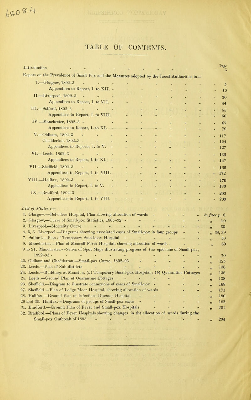 TABLE OF CONTENTS. Introduction Eeport on the Prevalence of Small-Pox and the Measures adopted by the I.ocal Authorities I.—Glasgow, 1892-3 Appendices to Eeport, I. to XII. IL—Liverpool, 1892-3 - - - . Appendices to Report, I. to VII. - •- - ^ . . III. —Salford, 1892-3 - . . .... Appendices to Eeport, I. to VIII. - - - . . IV. —Manchester, 1892-3 - - - - . Appendices to Eeport, 1. to XI. - - - ... ... . . v.—Oldham, 1892-3 - - - ~ . ■ . Chadderton, 1892-3 Appendices to Eeports, 1. to V. - VI.~Leeds, 1892-3 Appendices to Eeport, I. to XI. - - . • _ ' . VII. —Sheffield, 1892-3 - Appendices to Eepoi-t, I. to VIII. - - _ . _ VIII. —Halifax, 1892-3 Appendices to Eeport, I. to V. • IX.—Bradford, 1892-3 Appendices to Eeport, I. to VIII. - - Page 5 16 30 44 55 60 67 79 117 124 127 136 147 166 172 179 186 200 209 List of Plates :— 1. Glasgow.—Belvidere Hospital, Plan showing allocation of wards - - - . 2. Glasgow.—Curve of Small-pox Statistics, 1865-92 3. Liverpool.—Mortality Curve 4. 5, 6. Liverpool.—Diagrams showing associated cases of Small-pox in four groups 7. Salford.—Plan of Temporary Small-pox Hospital 8. Manchester.—Plan of Monsall Fever Hospital, showing allocation of wards - ^ - 9 to 21. Manchester.—Series of Spot Maps illustrating progress of the epidemic of Small-pox, 1892-93 22. Oldham and Chadderton.—Small-pox Curve, 1892-93 - - - 23. Leeds.—Plan of Sub-districts 24. Leeds.—Buildings at Mansion, (a) Temporary Small-pox Hospital; (b) Quarantine Cottages 25. Leeds.—Ground Plan of Quarantine Cottages 26. Sheffield.—Diagram to illustrate connexions of cases of Small-pox - - - . 27. Sheffield. —Plan of Lodge Moor Hospital, showing allocation of wards - 28. Halifax.—Ground Plan of Infectious Diseases Hospital . . - . . 29 and 30. Halifax.—Diagrams of groups of Small-pox cases ----- 31. Bradford.—Ground Plan of Fever and Small-pox Hospitals . - - - 32. Bradford.—Plans of Fever Hospitals showing changes in the allocation of wards during the Small-pox Outbreak of 1893 - to face p. 8 10 30 38, 39 56 69 70 125 136 138 138 168 171 180 182 201 204