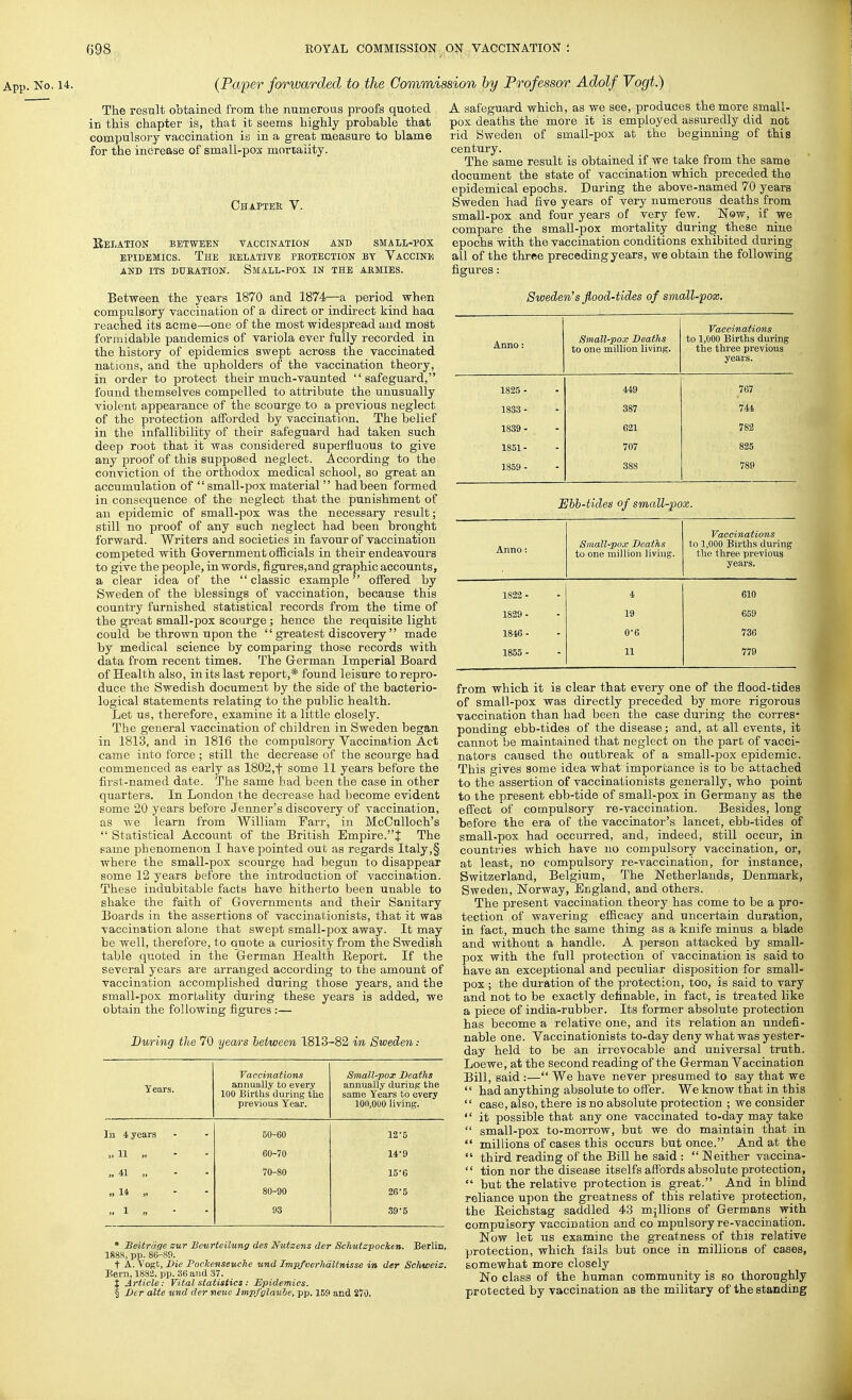 No. 14. (Paper forwarded to the Commission by Professor Adolf Vogt.) The result obtained from the numerous proofs quoted in this chapter is, that it seems highly probable that compulsory vaccination is in a great measure to blame for the increase of small-pox mortality. Chapter V. Relation between vaccination and smallpox epidemics. The relative protection by Vaccine AND ITS DURATION. SmALL-POX IN THE ARMIES. Between the years 1870 and 1874—a period when compulsory vaccination of a direct or indirect kind haa reached its acme—one of the most widespread and most formidable pandemics of variola ever fully recorded in the history of epidemics swept across the vaccinated nations, and the upholders of the vaccination theory, in order to protect their much-vaunted safeguard, found themselves compelled to attribute the unusually violent appearance of the scourge to a previous neglect of the protection afforded by vaccination. The belief in the infallibility of their safeguard had taken such deep root that it was considered superfluous to give any proof of this supposed neglect. According to the conviction of the orthodox medical school, so great an accumulation of  small-pox material  had been formed in consequence of the neglect that the punishment of an epidemic of small-pox was the necessary result; still no proof of any such neglect had been brought forward. Writers and societies in favour of vaccination competed with Government officials in their endeavours to give the people, in words, figures,and graphic accounts, a clear idea of the classic example offered by Sweden of the blessings of vaccination, because this country furnished statistical records from the time of the great small-pox scourge; hence the requisite light could be thrown upon the  greatest discovery made by medical science by comparing those records with data from recent times. The German Imperial Board of Health also, in its last report,* found leisure to repro- duce the Swedish document by the side of the bacterio- logical statements relating to the public health. Let us, therefore, examine it a little closely. The general vaccination of children in Sweden began in 1813, and in 1816 the compulsory Vaccination Act came into force ; still the decrease of the scourge had commenced as early as 1802,f some 11 years before the first-named date. The same had been the case in other quarters. In London the decrease had become evident some 20 years before Jenner's discovery of vaccination, as we learn from William Farr, in McCulloch's  Statistical Account of the British Empire.J The same phenomenon I have pointed out as regards Italy,§ where the small-pox scourge had begun to disappear some 12 years before the introduction of vaccination. These indubitable facts have hitherto been unable to shake the faith of Governments and their Sanitary Boards in the assertions of vaccinationists, that it was vaccination alone that swept small-pox away. It may be well, therefore, to Quote a curiosity from the Swedish table quoted in the German Health Report. If the several years are arranged according to the amount of vaccination accomplished during those years, and the small-pox mortality during these years is added, we obtain the following figures :— During the 70 years between 1813-82 in Sweden: A safeguard which, as we see, produces the more small- pox deaths the more it is employed assuredly did not rid Sweden of small-pox at the beginning of this century. The same result is obtained if we take from the same document the state of vaccination which preceded the epidemical epochs. During the above-named 70 years Sweden had five years of very numerous deaths from small-pox and four years of very few. New, if we compare the small-pox mortality during these nine epochs with the vaccination conditions exhibited during all of the three preceding years, we obtain the following figures: Sweden's flood-tides of small-fox. Years. Vaccinations annually to every 100 Births during the previous Year. Small-pox Deaths annually during the same Years to every 100,000 living. In 4 years 60-60 12'5 „ 11 60-70 14-9 „ 41 „ 70-80 15'6 >t 14 „ - 80-90 26-5 1 », 93 39*5 Anno : Small-pox Deaths to one million living. Vaccinations to 1,000 Births during the three previous years. 1825 - 449 767 1833 - 387 744 1839 - 621 782 1851 - 707 825 1859 - 388 789 Ebb-tides of small-pox. Anno: Small-pox Deaths to one million living. Vaccinations to 1,000 Births during the three previous years. 1822 - 4 610 1829 - 19 659 1846 - 0'6 736 1855 - 11 779 * JBeitrage zur lieurteilung des Nutzens der Schutzpocken. Berlin, 1888, pp. 86-89. t A. Vogt, Die Pockenseuche und Imp/verhdltnisse in der Schweiz. Bern, 1882, pp. 36 and 37. % Article: Vital statistics: Epidemics. § Der alte and der neiie lmpfglaube, pp. 159 and 270. from which it is clear that every one of the flood-tides of small-pox was directly preceded by more rigorous vaccination than had been the case during the corres- ponding ebb-tides of the disease; and, at all events, it cannot be maintained that neglect on the part of vacci- nators caused the outbreak of a small-pox epidemic. This gives some idea what importance is to be attached to the assertion of vaccinationists generally, who point to the present ebb-tide of small-pox in Germany as the effect of compulsory re-vaccination. Besides, long before the era of the vaccinator's lancet, ebb-tides of small-pox had occurred, and, indeed, still occur, in countries which have no compulsory vaccination, or, at least, no compulsory re-vaccination, for instance, Switzerland, Belgium, The Netherlands, Denmark, Sweden, Norway, England, and others. The present vaccination theory has come to be a pro- tection of wavering efficacy and uncertain duration, in fact, much the same thing as a knife minus a blade and without a handle. A person attacked by small- pox with the full protection of vaccination is said to have an exceptional and peculiar disposition for small- pox ; the duration of the protection, too, is said to vary and not to be exactly definable, in fact, is treated like a piece of india-rubber. Its former absolute protection has become a relative one, and its relation an undefi- nable one. Vaccinationists to-day deny what was yester- day held to be an irrevocable and universal truth. Loewe, at the second reading of the German Vaccination Bill, said :— We have never presumed to say that we  had anything absolute to offer. We know that in this  case, also, there is no absolute protection ; we consider  it possible that any one vaccinated to-day may take  small-pox to-morrow, but we do maintain that in  millions of cases this occurs but once. And at the  third reading of the Bill he said : Neither vaccina-  tion nor the disease itselfs affords absolute protection,  but the relative protection is great. And in blind reliance upon the greatness of this relative protection, the Eeichstag saddled 43 millions of Germans with compulsory vaccination and co mpulsory re-vaccination. Now let us examine the greatness of this relative protection, which fails but once in millions of cases, somewhat more closely No class of the human community is so thoroughly protected by vaccination as the military of the standing