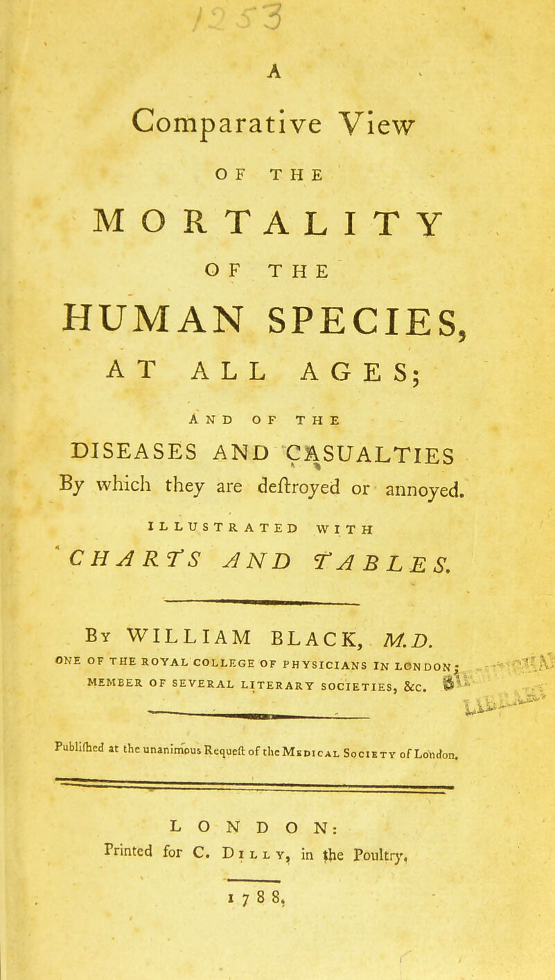 Comparative View OF THE MORTALITY OF THE HUMAN SPECIES, AT ALL AGES; And of the DISEASES AND CASUALTIES By which they are deftroyed or annoyed. ILLUSTRATED WITH 'CHARTS AND TABLES, By WILLIAM BLACK, M.D. ONE OF THE ROYAL COLLEGE OF PHYSICIANS IN LONDON; MEMBER OF SEVERAL LITERARY SOCIETIES, &C. ft- Publilhed at the unanimous Requeft of the Medical Society ofLondon. LONDON: Printed for C. Dill y, in tfie Poultry, 1788,