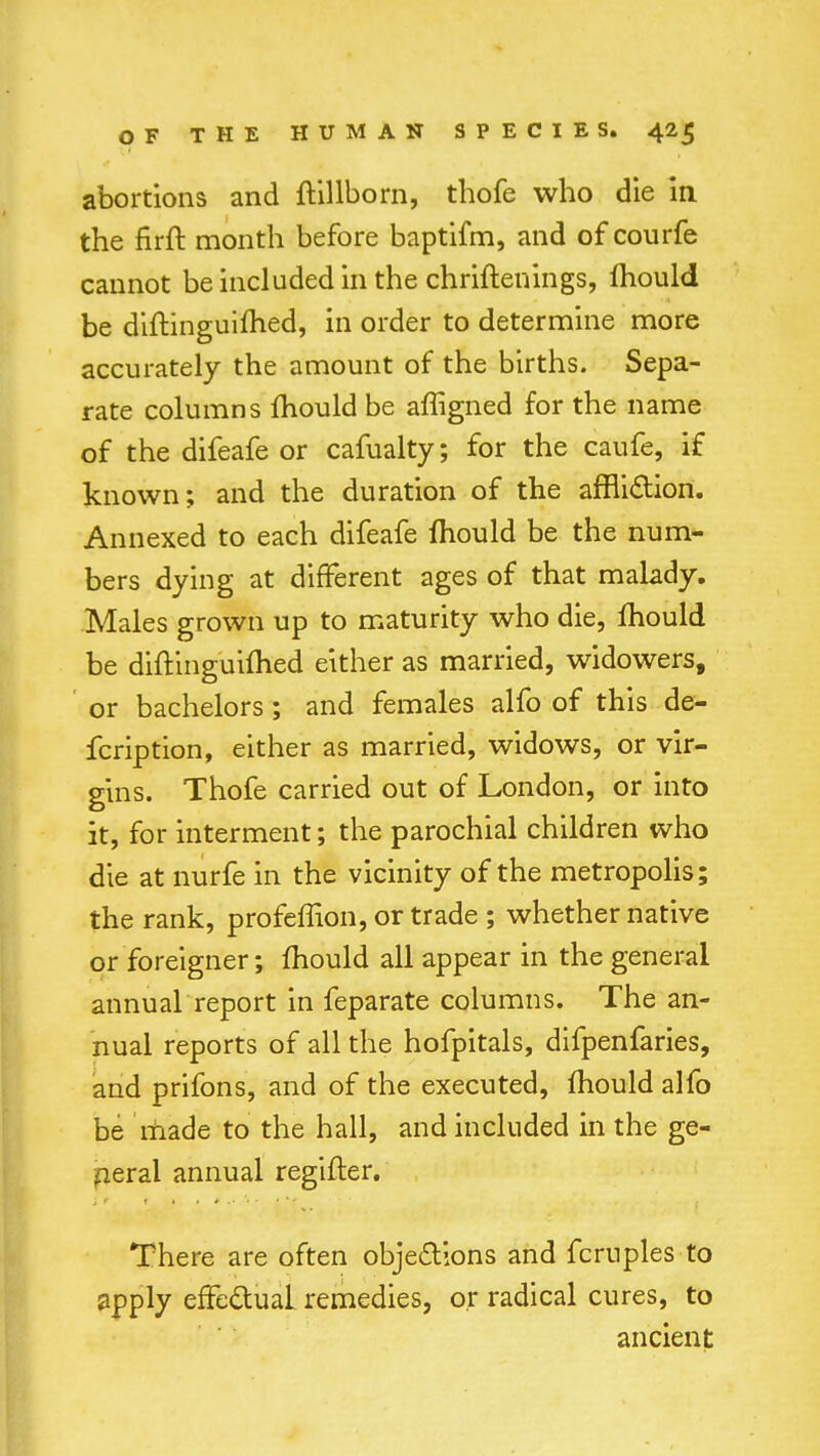 abortions and ftillborn, thofe who die in the firft month before baptifm, and of courfe cannot be included in the chriftenings, mould be diftinguifhed, in order to determine more accurately the amount of the births. Sepa- rate columns mould be affigned for the name of the difeafe or cafualty; for the caufe, if known; and the duration of the affliction. Annexed to each difeafe mould be the num- bers dying at different ages of that malady. Males grown up to maturity who die, mould be diftinguifhed either as married, widowers, or bachelors; and females alfo of this de- fcription, either as married, widows, or vir- gins. Thofe carried out of London, or into it, for interment; the parochial children who die at nurfe in the vicinity of the metropolis; the rank, profeffion, or trade ; whether native or foreigner; mould all appear in the general annual report in feparate columns. The an- nual reports of all the hofpitals, difpenfaries, and prifons, and of the executed, mould alfo be made to the hall, and included in the ge- neral annual regifter. There are often obje&ions and fcruples to apply efFe&uaL remedies, or radical cures, to ancient