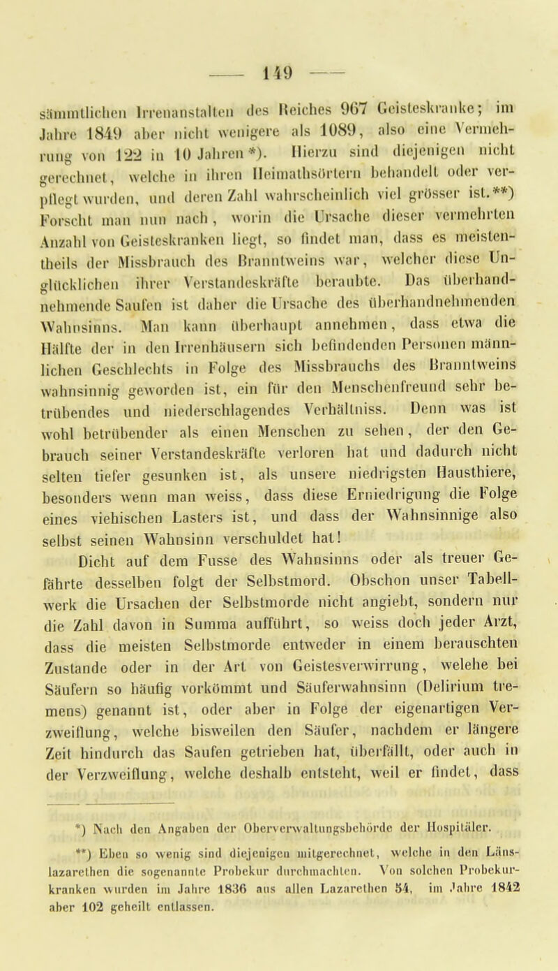 saiiimtlichci) limi;uisi;<lu-n des Reiches 9(57 Geisteskranke; im Jahre 1849 aber nicht wenigere als 1089, also eine Verödete PöDg von 12-2 in 10 Jahren *). Hierzu sind diejenigen nicht gerechnet, welche in ihren Ilchnathsörtern behandelt oder ver- pflegt wurden, und deren Zahl wahrscheinlich viel grösser ist. **) Forscht man nun nach, worin die Ursache dieser vermehrten Anzahl von Geisteskranken liegt, so findet man, dass es meisten- theils der Missbrauch des Branntweins war, welcher diese Un- glücklichen ihrer Verstandeskräfte beraubte. Das überhand- nehmende Saufen ist daher die Ursache des überhandnehmenden Wahnsinns. Man kann überhaupt annehmen, dass etwa die Hälfte der in den Irrenhäusern sich befindenden Personen mann- lichen Geschlechts in Folge des Missbrauchs des Branntweins wahnsinnig geworden ist, ein für den Menschenfreund sehr be- trübendes und niederschlagendes Verhältniss. Denn was ist wohl betrübender als einen Menschen zu sehen, der den Ge- brauch seiner Verstandeskräfte verloren hat und dadurch nicht selten tiefer gesunken ist, als unsere niedrigsten Hausthiere, besonders wenn man weiss, dass diese Erniedrigung die Folge eines viehischen Lasters ist, und dass der Wahnsinnige also selbst seinen Wahnsinn verschuldet hat! Dicht auf dem Fusse des Wahnsinns oder als treuer Ge- fährte desselben folgt der Selbstmord. Obschon unser Tabell- werk die Ursachen der Selbstmorde nicht angiebt, sondern nur die Zahl davon in Summa aufführt, so weiss doch jeder Arzt, dass die meisten Selbstmorde entweder in einem berauschten Zustande oder in der Art von Geistesverwirrung, welehe bei Säufern so häufig vorkömmt und Säuferwahnsinn (Delirium tre- mens) genannt ist, oder aber in Folge der eigenartigen Ver- zweiflung, welche bisweilen den Säufer, nachdem er längere Zeit hindurch das Saufen getrieben hat, tiberfällt, oder auch in der Verzweiflung, welche deshalb entsteht, weil er findet, dass *) Nach den Angaben der Oberverwaltungsbehörde der Hospitäler. **) Eben so wenig sind diejenigen mitgerechnet, welche in den Läns- lazarelhen die sogenannte Probekur durchmachten. Von solchen Probekur- kranken wurden im Jahre 1836 aus allen Lazarethen 54, im Jahre 1842 aber 102 geheilt entlassen.