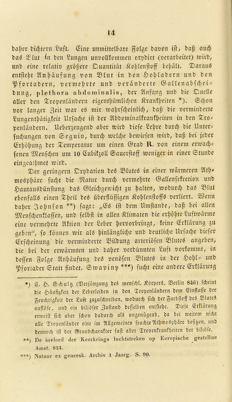 bapcr btcfttevu Suft. (Sine inimtttelt^are g^otgc battön tfi/ bn^ öud; ba^ S?rut tu ben Sangen un^ottfommen oipbtvt (öerarbettet) it>ivb, imb eine vdatix> gvopeve Duantität iio^Icniloff hc^U. £)arauö entpe^t S{nT;änfnnö öon SInt tn ben ^)o^(abcrn unb ben ^fortabern, i^evme^vte unb »erÄnberte ®atfenab[cl)et== bung, Plethora abdominalis, bcv Slnfang unb btc Due((c aller ben Jtvo^entcinbevn etgentprimüdicn ilranf()citen ©cl)on »or tauger 3eit war eS mir vraprfd;e{ntt(i), bap bte öerminbertc Sungentpätigfett llvfac^e ift ber Slbboiutnotfranf^eiten in ben XxO' ^enlänbern. Ueberjeugenb aber anrb btefe Se^rc burd) bie Unter* fnd)ungen »on ©cgutn, burc^ weld)c bewtefen U)irb, bap bei jeber er^ö^nug ber 5temperatur unt einen ©rab R. öon einem exwaä)' fenen 5)?enfd;en um 10 (Subifjoti ©auerf^off hJeniger in einer 8tunbe eingfat|)met ivirb. ©er geringem Drpbatiou beö SBruteö in einer Wärmeren 21t|>' nto^V'^J^c \nd)t bie ^^atur burc^ »ermc^rte ©aüenfefvetion unb ^autauöbünflung baö ®Ieid;gen'id;t ju Ratten, wobnrd; baö S3tut ebenfatiö einen 2;^eir beö überpffigcn ^o^tenflop \)erticrt. 2ßenn ba^er So^nfon **) fagt: „di i\t bem Itmjlanbc, ba§ bei alten «Oknfdjenüaffen, unb fetbfi in aßen ^imaten bie er^ö^tc Cuftwärme eine ijcrmeljrte Slftiou ber Seber |)ernorbringt, feine (Jrfiarung geben, fo fönnen wir aU !^inlängtid;e unb beuttid;e Ur[ad)e biefer er[d)einung bie »erminberte SBitbung arteriöfen S3UUcö angeben^ bie bei ber erwärmten unb ba^er »erbiinuten Suft »orfommt, in beffen golge Slnpäufung beö i^enofen ^Bluteö in ber «^o^I* unb ^^fortaber ©tatt pnbet. ©wa»iuy ***) fu(|)t eine anbere ©rflärung *) 6. >f). ©c()ulö (SSeriünguiig be§ menfii)!. ^brperg, aBerliii 846) fd)eint bie ^(iuftflfcit ber Scberretben in ben Sropenlänbeni bem ßinfluffe bet 5-eud)ti9feit ber £uft sujufd)reiben, rooburd) fiel) ber gatbjloff beS Slute? ciiipfe, mib ein bitiofer 3ui^anb beffelben ent(iel)e. Siefe (grfldrung cnveift ftct) aber fd)pn baburd) als ungeinigenb, ba bei weitem nidit alle Irppenlänber eine im Slllgemeincn feud)te ?(tljmp§v^äre bcji^en, unb bennod) ijl ber ®runbd)acaFter fa(t aller CErouenfranföeiten ber bitibfe. **) De invloed der Keerkrings luchtstreken op Europisclie gestellne Amst. 824. ***) Natuur cx geneesk. Archiv 1 Jaarg. S. 90.