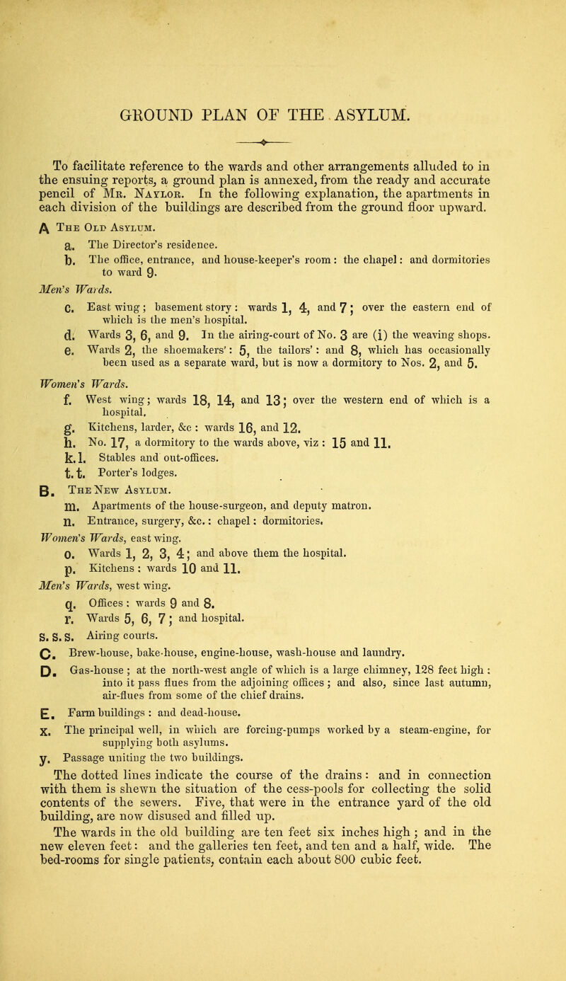 GROUND PLAN OF THE ASYLUM. To facilitate reference to the wards and other arrangements alluded to in the ensuing reports, a ground plan is annexed, from the ready and accurate pencil of Mr. Naylor. In the following explanation, the apartments in each division of the buildings are described from the ground floor upward. /\, The Old Asylum. a. The Director's residence. I). The office, entrance, and house-keeper's room : the chapel: and dormitories to ward 9- Men's Wards. C. East wing ; basement story : wards 1? 4, and 7 ) over the eastern end of which is the men's hospital. (J. Wards 3, 6, and 9. In the airing-court of No. 3 are (i) the weaving shops. e. Wards 2, the shoemakers': 5, the tailors': and 8, which has occasionally been used as a separate ward, hut is now a dormitory to Nos. 2, and 5. Women's Wards. f. West wing; wards 18, 14, and 13; over the western end of which is a hospital. g. Kitchens, larder, &c : wards 16, and 12. h. No. 17, a dormitory to the wards above, viz : 15 and H, k. 1. Stables and out-offices. 1.1. Porter's lodges. B. The New Asylum. HI. Apartments of the house-surgeon, and deputy matron. n. Entrance, surgery, &c.: chapel: dormitories. Women's Wards, east wing. 0. Wards 1} 2, 3, 4 \ and above them the hospital. p, Kitchens : wards 10 and 11, Men's Wards, west wing. q. Offices : wards 9 and 8. r. Wards 5, 6, 7 ', and hospital. S. S. S. Airing courts. Q. Brew-house, bake-house, engine-house, wash-house and laundry. Q. Gas-house ; at the north-west angle of which is a large chimney, 128 feet high : into it pass flues from the adjoining offices ; and also, since last autumn, air-flues from some of the chief drains. E. Farm buildings : and dead-house. X. The principal well, in which are forcing-pumps worked by a steam-engine, for supplying both asylums, y. Passage uniting the two buildings. The dotted lines indicate the course of the drains : and in connection with them is shewn the situation of the cess-pools for collecting the solid contents of the sewers. Five, that were in the entrance yard of the old building, are now disused and filled up. The wards in the old building are ten feet six inches high ; and in the new eleven feet: and the galleries ten feet, and ten and a half, wide. The bed-rooms for single patients, contain each about 800 cubic feet.
