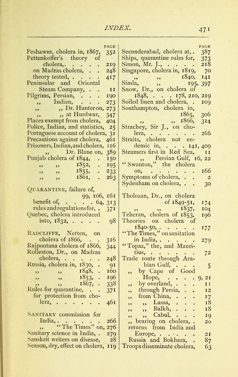 PAGE Peshawur, cholera in, 1867, 352 Pettenkoffer's theory of cholera, 219 on Madras cholera, . . 248 theory tested, . . . . 417 Peninsular and Oriental Steam Company, . . ii Pilgrims, Persian, . . . 190 ,, Indian, . . . 273 ,., Dr. Hunteron, 273 ,, at Hurdwar, 347 Places exempt from cholera, 404 Police, Indian, and statistics, 25 T'ortuguese accomit of cholera, 31 Precautions against cholera, 461 Prisoners, Indian, and cholera, 116 ,, Dr. Blane on, 389 Punjab cholera of 1844, . 150 1852, . 195 1855, . 233 1861, . 263 Quarantine, failure of, 99, 106, 161 benefit of, . . . . 64, 313 rules and regulations for, . 371 Quebec, cholera introduced into, 1832, .... 98 Radcliffk, Netten, on cholera of 1866, . . 316 Rajpootana cholera of 1866, 344 Rolleston, Dr., on Madras cholera, 248 Russia, cholera in, 1830, . 91 ,, ,, 1848, . 160 1853, . 196 1867, . 338 Rules for quarantine, . . 371 for protection from cho- lera, 461 Sanitary commission for India, 266 ,,  The Times on, 276 Sanitary science in India, . 279 Sanskrit writers on disease, 28 Season, dry, effect on cholera, 119 47 T PAGE Secunderabad, cholera at,. 387 Ships, quarantine rules for, 373 Simon, Mr. J., . . . . 218 Singapore, cholera in, 1819, 70 1840, 141 Simla, ,, 195, 397 Snow, Dr., on cholera of 1848, . . .178, 210, 219 Soiled linen and cholera, , 109 Southampton, cholera in, 1865, 306 ,, 1866, 314 Strachey, Sir J., on cho- lera, 266 Straits, cholera not en- demic in, . . . 141, 409 Steamers first in Red Sea, 11 ,, Persian Gulf, 16, 22  Swanton, the cholera on, 166 Symptoms of cholera, . . 2 Sydenham on cholera, . . 30 Tholozan, Dr., on cholera of 1849-51, 174 1837, 104 Teheran, cholera of 1853, 196 Theories on cholera of 1840-50, 177 The Times, onsanitation in India, 279 Topaz, the, and Mauri- tius, 72 Trade route through Ara- bian Gulf, ... 5 ,, by Cape of Good Hope, . . . . 9, 21 by overland, ... i [ ,, through Persia, . . 12 ,, from China, ... 17 ,, ,, Lassa, ... 18 „ Balkh, ... 18 ,, ,, Cabul, ... 19 ,, bearing on cholera, . 20 returns from India and Europe, . . • . . . 21 Russia and Bokhara, . 87 Troops disseminate cholera, 63