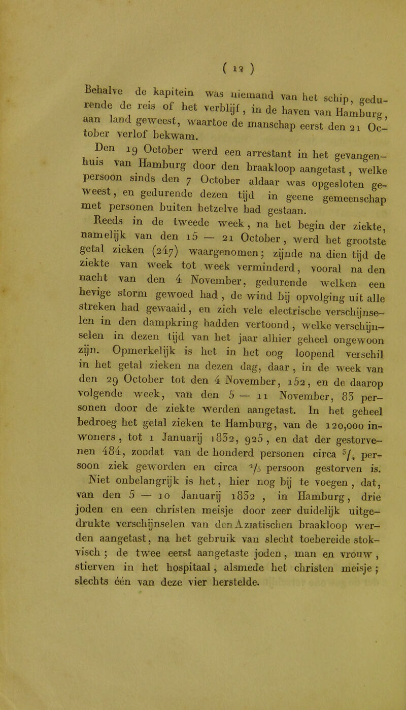 Behalve de kapitein was niemand van het schip, gedu- rende de reis of het verblijf, in de haven van Hamburg aan land geweest, waartoe de manschap eerst den 21 Oc- tober verlof bekwam. Den 19 October werd een arrestant in het gevangen- üuis van Hamburg door den braakloop aangetast, welke persoon sinds den 7 October aldaar was opgesloten ge- weest , en gedurende dezen tijd in geene gemeenschap met personen buiten hetzelve had gestaan. Reeds in de tweede week, na het begin der ziekte namelijk van den i5 - 21 October, werd het grootste getal zieken (247) waargenomen; zijnde na dien tijd de ziekte van week tot week verminderd, vooral na den nacht van den 4 November, gedurende welken een hevige storm gewoed had , de wind bij opvolging uit alle streken had gewaaid, en zich vele electrische verschijnse- len in den dampkring hadden vertoond, welke verschijn- selen in dezen tijd van het jaar alhier geheel ongewoon zijn. Opmerkelijk is het in het oog loopend verschil in het getal zieken na dezen dag, daar , in de week van den 29 October tot den 4 November, 162, en de daarop volgende week, van den 5 — 11 November, 85 per- sonen door de ziekte werden aangetast. In het geheel bedroeg het getal zieken te Hamburg, van de 120,000 in- woners , tot 1 Januarij i832, 926, en dat der gestorve- nen 484, zoodat van de honderd personen circa 2/4 per- soon ziek geworden en circa ^/^ persoon gestorven is. Niet onbelangrijk is het, hier nog bij te voegen, dat, van den 5 — 10 Januarij i832 , in Hamburg, drie joden en een christen meisje door zeer duidelijk uitge- drukte verschijnselen van denAziatisciien braakloop wer- den aangetast, na het gebruik van slecht toebereide stok- visch ; de twee eerst aangetaste joden , man en vrouw , stierven in het hospitaal, alsmede het christen meisje j slechts één van deze vier herstelde.