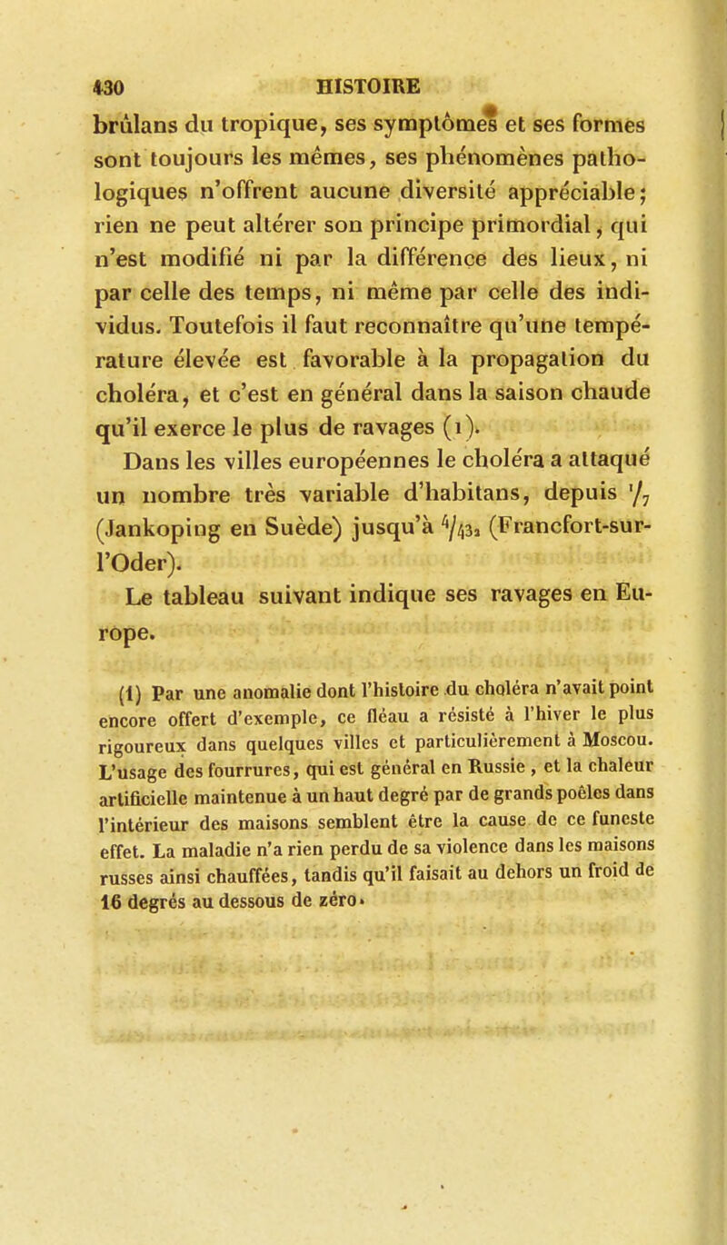 brûlans du tropique, ses symptômes et ses formes sont toujours les mêmes, ses phénomènes patho- logiques n'offrent aucune diversité appréciable; rien ne peut altérer son principe primordial, qui n'est modifié ni par la différence des lieux, ni par celle des temps, ni même par celle des indi- vidus. Toutefois il faut reconnaître qu'une tempé- rature élevée est favorable à la propagation du choléra, et c'est en général dans la saison chaude qu'il exerce le plus de ravages (i). Dans les villes européennes le choléra a attaqué un nombre très variable d'habitans, depuis '/^ (Jankoping eu Suède) jusqu'à ^/43j (Francfort-sur- l'Oder). Le tableau suivant indique ses ravages en Eu- rope. (1) Par une anomalie dont l'histoire du choléra n'avait point encore offert d'exemple, ce fléau a résisté à l'hiver le plus rigoureux dans quelques villes et particulièrement à Moscou. L'usage des fourrures, qui est général en Russie , et la chaleur artificielle maintenue à un haut degré par de grands poêles dans l'intérieur des maisons semblent être la cause de ce funeste effet. La maladie n'a rien perdu de sa violence dans les maisons russes ainsi chauffées, tandis qu'il faisait au dehors un froid de 16 degrés au dessous de zéro •