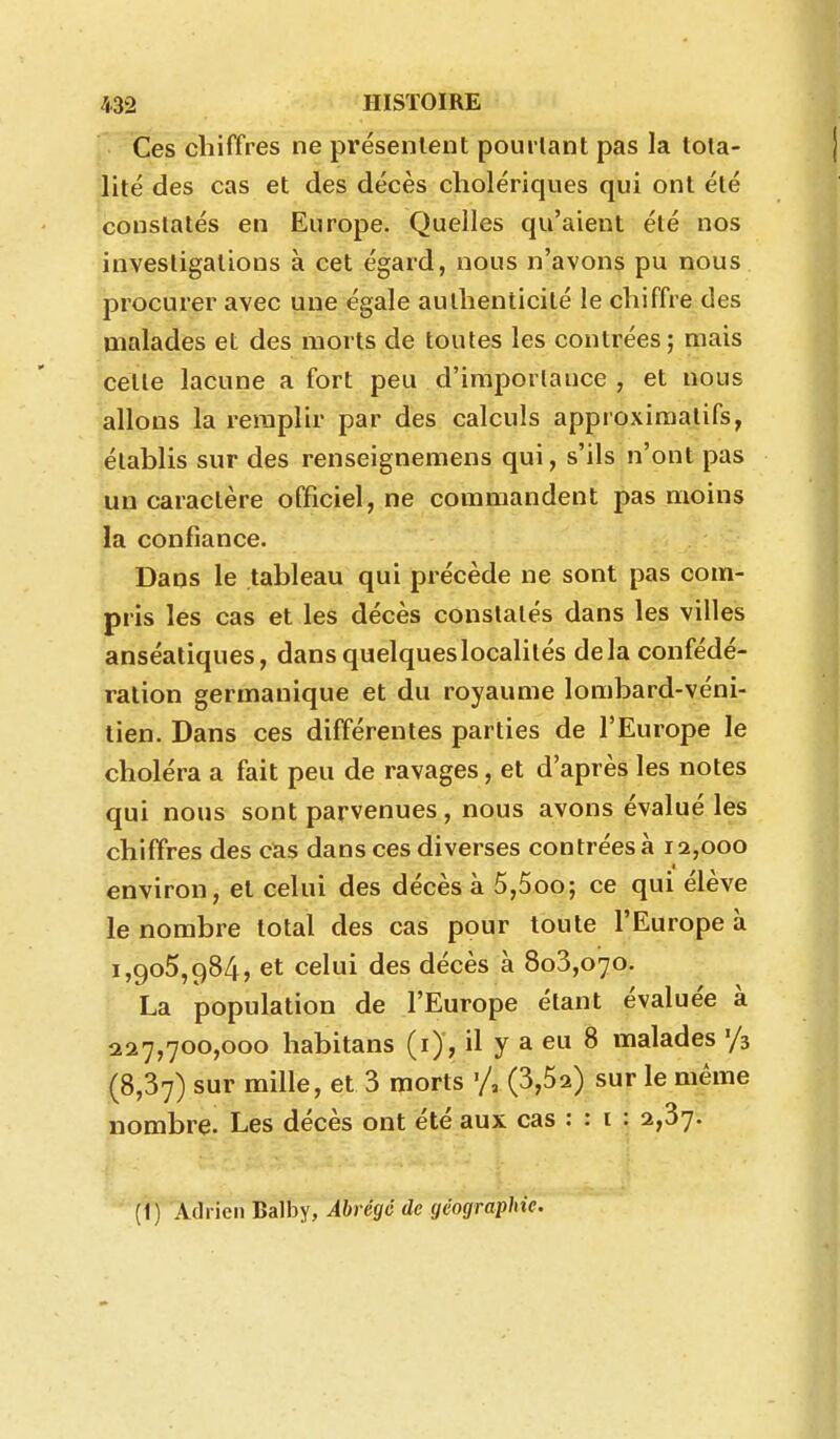 Ces chiffres ne présenlent pourtant pas la tota- lité des cas et des décès cholériques qui ont été constatés en Europe. Quelles qu'aient été nos investigations à cet égard, nous n'avons pu nous procurer avec une égale authenticité le chiffre des malades et des morts de toutes les contrées; mais cette lacune a fort peu d'importance , et nous allons la remplir par des calculs approximatifs, établis sur des renseignemens qui, s'ils n'ont pas un caractère officiel, ne commandent pas moins la confiance. Dans le tableau qui précède ne sont pas com- pris les cas et les décès constatés dans les villes anséatiques, dans quelqueslocahlés delà confédé- ration germanique et du royaume lombard-véni- tien. Dans ces différentes parties de l'Europe le choléra a fait peu de ravages, et d'après les notes qui nous sont parvenues, nous avons évalué les chiffres des cas dans ces diverses contrées à 12,000 environ, et celui des décès à 5,5oo; ce qui élève le nombre total des cas pour toute l'Europe à 1,905,984, et celui des décès à 803,070. La population de l'Europe étant évaluée à 227,700,000 habitans (i), il y a eu 8 malades '/s (8,37) sur mille, et 3 morts (3,52) sur le même nombre. Les décès ont été aux cas : : i : 2,37. ' (î) Adrien Balby, Abrégé de géographie.