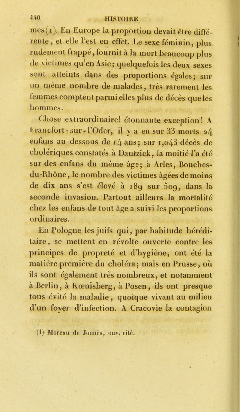 **0 HISTOIIIE mes(i). En Europe la proporlion devait élre diffe'- lenle , et elle l'est en effet. Le sexe féminin, plus rudement frappé, fournit à la mort beaucoup plus de viclimes qu'en Asie; quelquefois les deux sexes sont atteints dans des proportions égales; sur un même nombre de malades, très rarement les femmes comptent parmi elles plus de décès que les hommes. Chose extraordinaire! étonnante exception! A Francfort-sur-l'Oder, il y a eu sur 33 morts 24 enfans au dessous de i4 ans; sur i,o43 décès de cholériques constatés à Daiitzick, la moitié l'a été sur des enfans du même âge; à Arles, Bouches- du-Rhône, le nombre des viclimes âgées de moins de dix ans s'est élevé à 189 sur Sog, dans la seconde invasion. Partout ailleurs la mortalité chez les enfans de tout âge a suivi les proportions ordinaires. En Pologne les juifs qui, par habitude hérédi- laire, se mettent en révolte ouverte contre les principes de propreté et d'hygiène, ont été la matière première du choléra; mais en Prusse> où ils sont également très nombreux, et notamment à Berlin, à Kœnisberg, à Posen, ils ont presque tous évité la maladie, quoique vivant au milieu d'un foyer d'infection. A Cracovie la contagion (1) Moreau de Jonnès, ouv. cité.