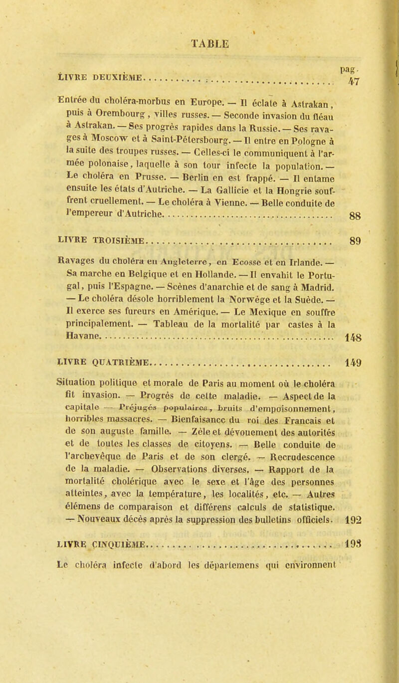 ^ . pag LIVRE DEUXIEME , Entrée du choléra-morbus en Europe. - Il éclate à Astrakan, puis à Orembourg, villes russes. — Seconde invasion du fléaiî à Astrakan. —Ses progrès rapides dans la Russie. —Ses rava- ges à Moscow et à Saint-Pétersbourg. —Il entre en Pologne à la suite des troupes russes. — Celles-ci le communiquent à l'ar- mée polonaise, laquelle à son tour infecte la population. — Le choléra en Prusse. — Berlin en est frappé. — Il entame ensuite les états d'Autriche. — La Gallicie et la Hongrie souf- frent cruellement. — Le choléra à Vienne. — Belle conduite de l'empereur d'Autriche 88 LIVRE TROISIÈME 89 Ravages du choléra eu Augleterre, en Ecosse et en Irlande. — Sa marche en Belgique et en Hollande. — Il envahit le Portu- gal , puis l'Espagne. — Scènes d'anarchie et de sang à Madrid. — Le choléra désole horriblement la Norwège et la Suède. — Il exerce ses fureurs en Amérique. — Le Mexique en souffre principalement. — Tableau de la mortalité par castes à la Havane 148 LIVRE QUATRIÈME 149 Situation politique et morale de Paris au moment où le choléra fit invasion. — Progrès de celte maladie. — Aspect de la capitale — Préjugés populaires, bruits d'empoisonnement, horribles massacres. — Bienfaisance du roi des Français et de son auguste famille. — Zèle et dévouement des autorités et de toutes les classes de citoyens. — Belle conduite de l'archevêque de Paris et de son clergé. — Recrudescence de la maladie. — Observations diverses. — Rapport de la mortalité cholérique avec le sexe et l'âge des personnes atteintes, avec la température, les localités, etc. — Autres élémens de comparaison et différens calculs de statistique, -r- Nouveaux décès après la suppression des bulletins offlciels. 192 LIVRE CINQUIÈME 19S Le choléra infecte d'abord les dcparlcmcns qui environnent