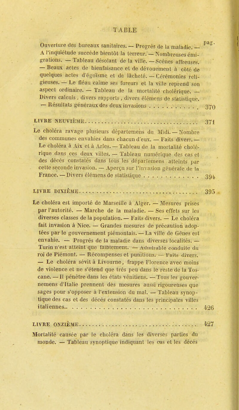 Ouverture des bureaux sanitaires. — Progrès tic la maladie. — A l'inquiétude succède bientôHa terreur.—Nombreusesémi- grations. — Tableau désolant de la ville. — Scènes affreuses. — Beaux actes de bienfaisance et de dévouement à côté de quelques actes d'égoïsme et de lâcheté. — Cérémonies rcli- . gieuses. — Le fléau calme ses fureurs et la ville reprend son aspect ordinaire. — Tableau de la mortalité cholérique. — Divers calculs, divers rapports, divers clémens de statistique. — Résultats généraux des deux invasions 37O LIVRE NEUVIÈME 371 Le choléra ravage plusieurs déparlemehs du Midi. —Nombre des communes envahies dans chacun d'eux. — Faits divers. — Le choléra à Aix et à Arles. — Tableau de la mortalité cholé- rique dans ces deux villes. — Tableau numérique des cas et des décès constatés dans tous les départemens atteints par cette seconde invasion. — Aperçu sur l'invasion générale de la France. —Divers élémens de statistique 394 LIVKE DIXIÈME 395 Le choléra est importé de Marseille à Alger, — Mesures prises par l'autorité. — Marche de la maladie. — Ses effets sur les diverses classes de la population. — Faits divers. — Le choléra fait invasion à Nice. — Grandes mesures de précaution adop- tées par le gouvernement piémontais. — La ville de Gênes est envahie. — Progrès de la maladie dans diverses localités. — Turin n'est atteint que laiDlement. — Adinhablo conduite du roi de Piémont. — Récompenses et punitions. — Faits divers. — Le choléra sévit à Livourne, frappe Florence avec moins de violence et ne s'étend que très peu dans le reste de la Tos- cane. — Il pénètre dans les états vénitiens. — Tous les gouver- nemens d'Italie prennent des mesures aussi rigoureuses que sages pour s'opposer à l'extension du mal. — Tableau synop- tique des cas et des décès constatés dans les principales villes italiennes 426 LIVRE ONZIÈME 427 Mortalité causée par le choléra dans les diverses parties du monde. — Tableau synoptique indiquant les oas et les décès