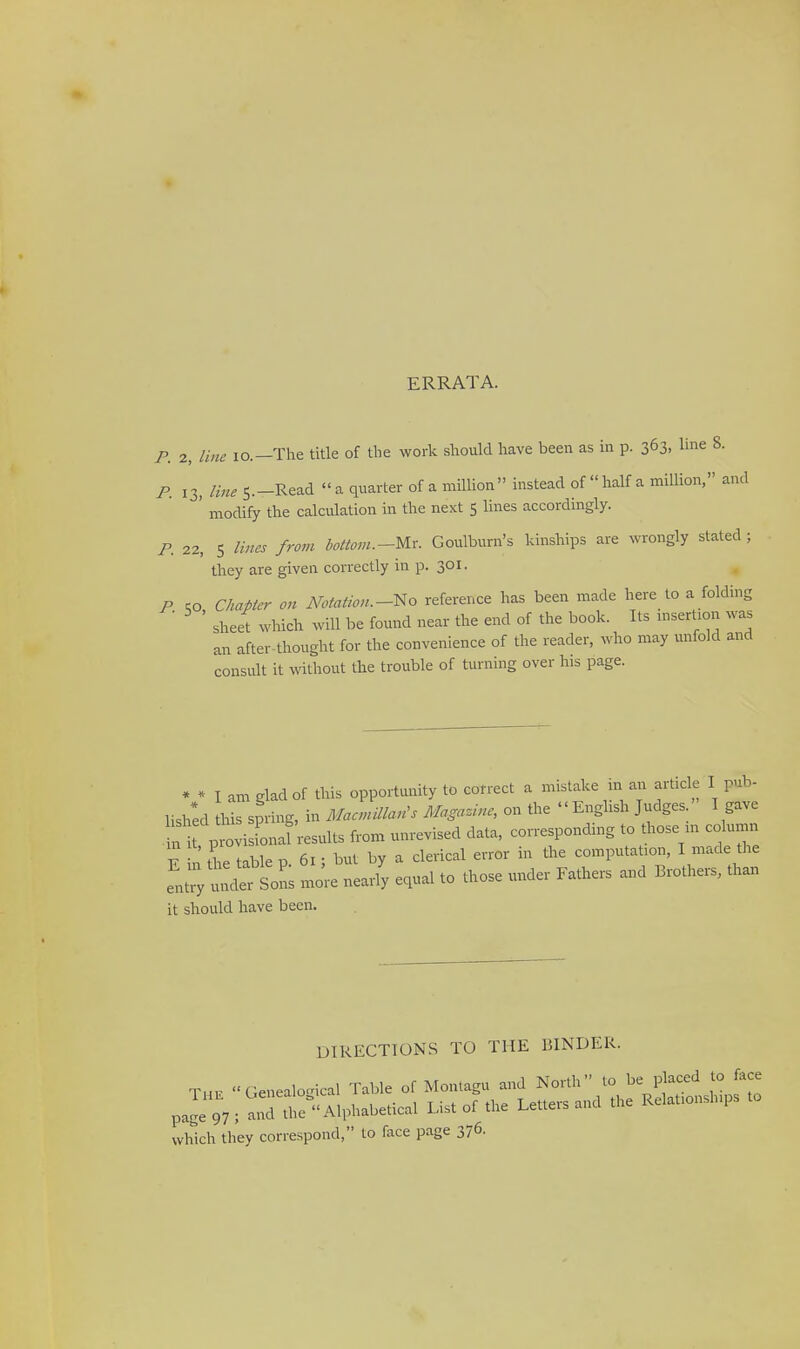 ERRATA. r. 2, line lo.—The title of the work should have been as in p. 363. line 8. P. 13, line S.-Read  a quarter of a million instead of  half a million, and ' modify the calculation in the next 5 lines accordingly. P. 22, 5 lines from hottoni.-VLx. Goulburn's kinships are wrongly stated; they are given correctly in p. 301. P to Chapter on Notation.-^o reference has been made here lo a folding ■ ' sheet which will be found near the end of the book. Its insertion was an after thought for the convenience of the reader, who may unfold and consult it without the trouble of turning over his page. • * I am glad of this opportunity to correct a mistake m an article I pub- lishid this sp-ing, in MacMs Magazine, on the English Judges ' I gave i provisL.^ from unrevised data, corresponding to those m column ^ tCLble T3 61 • but by a clerical error in the computation, I made the mJre nearly equal to those under Fathers and Brothers, than it should have been. DIRECTIONS TO THE BINDER, which they correspond, to face page 376.