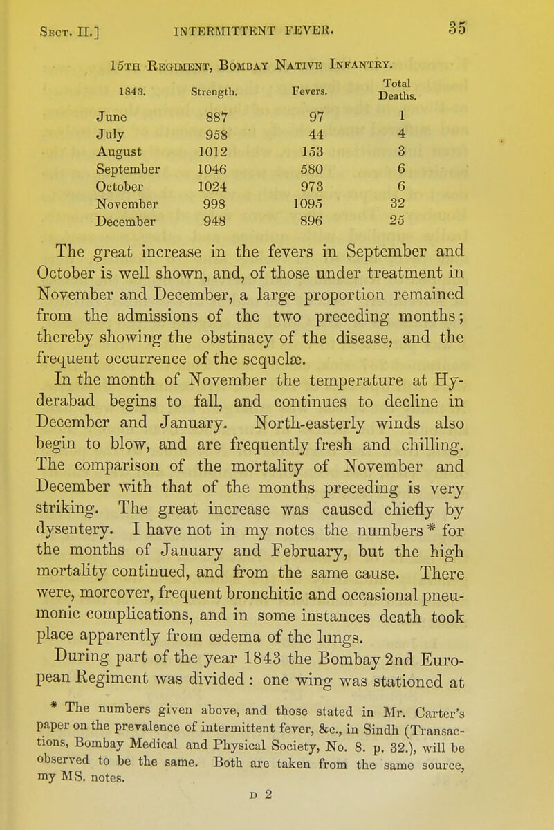 15th Regiment, Bombay Native Infantry. 1843. Strength. Fevers. Deaths. Jun6 OO ( 97 1 AA 4 lOO Q o September 1046 580 6 October 1024 973 6 November 998 1095 32 December 94« 896 25 The great increase in the fevers in September and October is well shown, and, of those under treatment in November and December, a large proportion remained from the admissions of the two preceding months; thereby showing the obstinacy of the disease, and the frequent occurrence of the sequel£e. In the month of November the temperature at Hy- derabad begins to fall, and continues to decline in December and January. North-easterly winds also begin to blow, and are frequently fresh and chilling. The comparison of the mortality of November and December with that of the months preceding is very striking. The great increase was caused chiefly by dysentery. I have not in my notes the numbers * for the months of January and February, but the high mortahty continued, and from the same cause. There were, moreover, frequent bronchitic and occasional pneu- monic complications, and in some instances death took place apparently from oedema of the lungs. During part of the year 1843 the Bombay 2nd Euro- pean Regiment was divided : one wing was stationed at * The numbers given above, and those stated in Mr. Carter's paper on the prevalence of intermittent fever, &c., in Sindh (Transac- tions, Bombay Medical and Physical Society, No. 8. p. 32.), will be observed to be the same. Both are taken from the same source, my MS. notes.