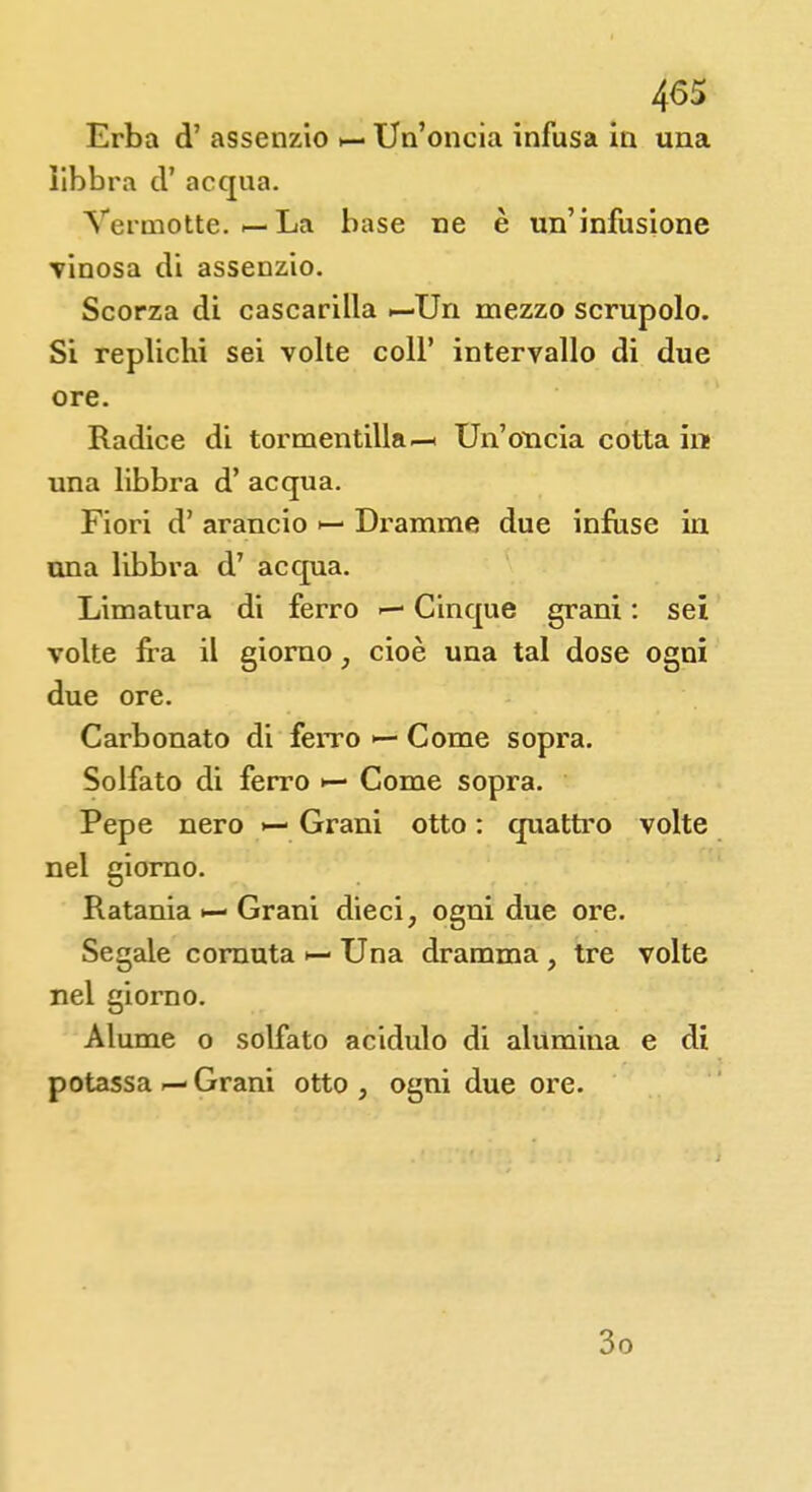Erba d' assenzio Un'oncia infusa in una libbra ci' acqua. Vcrmotte. — La base ne è un'infusione vinosa di assenzio. Scorza di cascarilla ^-Un mezzo scrupolo. Si replichi sei volte coli' intervallo di due ore. Radice di tormentilla—■ Un'oncia cotta in una libbra d' acqua. Fiori d' arancio Dramme due infuse in una libbra d' acqua. Limatura di ferro Cinque grani : sei volte fra il giorno, cioè una tal dose ogni due ore. Carbonato di ferro <— Come sopra. Solfato di ferro Come sopra. Pepe nero >—■ Grani otto : quattro volte nel giorno. Ratania *—Grani dieci, ogni due ore. Segale cornuta »— Una dramma , tre volte nel giorno. Alume o solfato acidulo di alumina e di potassa — Grani otto , ogni due ore. 3o