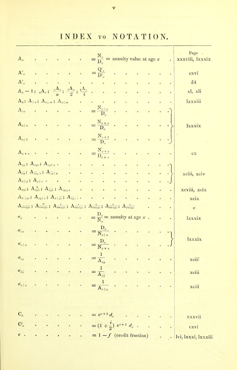 INDEX to NOTATION. A', ~- = annuity value at age * A^ 1; aA.x ; — n A„; A,,,; A„.OT ; A,,, A.,;i Ax |. Aa|1 . A a + 11 ' • ' A, „A„ . A, A^ ; A.,.,,,,; AX!I | „ A^p; A^t „; A— | n . , AX | y J Ky I J. . . . Aj^jj A^-,; A~ ; Aj.^,, ...... AavU; A*,^; A^,s . . . ' . ■^■vvixys 5 Apipj-j, , A.VKXj/i ', A.mxyZ l AVIOXj>3 J A-ewxys 5 A-vioxyz Dx ax = i=== — annuity at age a; c, Cr. c . 1 AXj/ J_ 1 a7^ (1 +g) dx . 1 — / (credit fraction) N, + 1 D, Page . xxxviii, lxxxix cxvi 54 xl, xli Ixxxiii lxxxix ex xcm, xciv xcvin, xcix xcix c lxxxix lxxxix xcii: xciii xcm XXXVll cxvi lvi, Ixxxij Ixxxiii