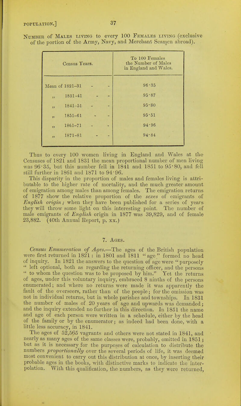 Number of Males living to every 100 Females living (exclusive of the portion of the Army, Navy, and Merchant Seamen abroad). Census Years. To 100 Females the Number of Males in England and Wales. Mean of 1821-31 96-35 „ 1831-41 95-87 „ 1841-51 95-80 „ 1851-61 95-51 „ 1861-71 94-96 1871-81 , - 94-84 Thus to every 100 women living in England and Wales at the Censuses of 1821 and 1831 the mean proportional number of men living was 96-35, but this number fell in 1841 and 1851 to 95-80, and fell still further in 1861 and 1871 to 94-96. This disparity in the proportion of males and females living is attri- butable to the higher rate of mortality, and the much greater amount of emigration among males than among females. The emigration returns of 1877 show the relative pi-oportion of the sexes of emigrants of English origin; when they have been pubHshed for a series of years they wiU throw some light on this interesting point. The number of male emigrants of English origin in 1877 was 39,829, and of female 23,882. (40th Annual Report, p. xx.) 7. Ages. Census Enumeration of Ages.—The ages of the British population were first returned in 1821 : in 1801 and 1811 age formed no head of inquiry. In 1821 the answers to the question of age were purposely left optional, both as regarding the returning officer, and the persons to whom the question was to be proposed by him. Yet the returns of ages, under this voluntary inquiry, embraced 8 ninths of the persons enumerated; and where no returns were made it was apparently the fault of the overseers, rather than of thepeoiile; for the omission was not in individual returns, but ui whole parishes and townships. In 1831 the number of males of 20 years of age and upwards was demanded; and the inquiry extended no further in this direction. In 1851 the name and age of each person were written in a schedule, either by the head of the family or by the enumerator; as indeed had been done, with a little less accuracy, in 1841. The ages of 52,565 vagrants and others were not stated in 1841, and nearly as many ages of the same classes were, probably, omitted in 1851; but as it is necessary for the purposes of calculation to distribute the numbers proportionally over the several periods of life, it was deemed most convenient to carry out this distribution at once, by inserting their probable ages in the books, with distinctive marks to indicate the inter- polation. With this qualification, the numbers, as they were returned,