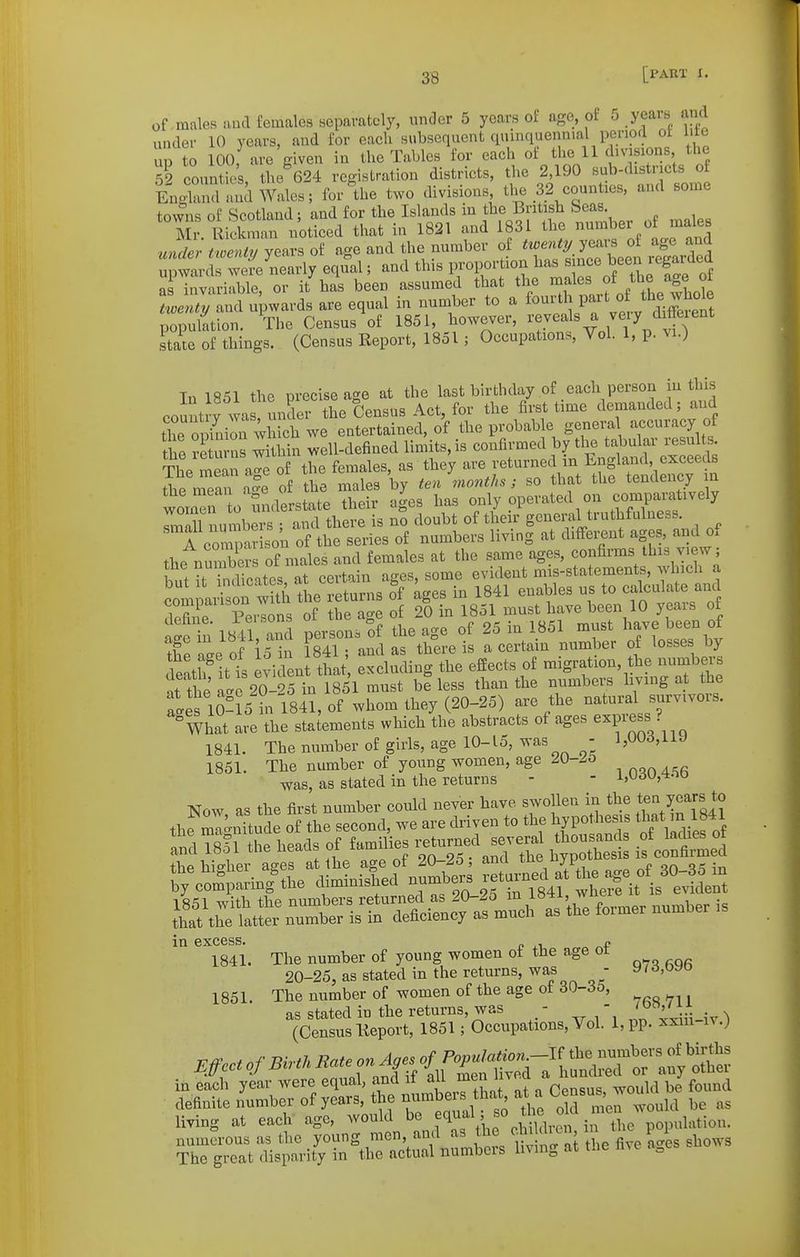 of males and females separately, under 5 years of age, oi o years and under 10 years, and for each subsequent quinquennial period ol l.le up to 100 are'given in the Tables for each of the 11 divisions the 59 counties the 624 registration districts, the 2,190 sub-distr cts of kgW and Wales; for^the two divisions tlie 32 counties, and some towns of Scotland; and for the Islands in the British Seas. Mr. UiSr noticed that in 1821 and 1831 the --l^er of males under ttoeni?/ years of age and the number of twenty years of age and u trd we nearly equal; and this proportion has ^'^'^^^/^^f f tf j ns invariable or it has been assumed that the males of the age ot are equal in number to a ^urth part of the w^^^^^ population. The Census of 1851, however, reveals a veiy diffexent state of things. (Census Report, 1851; Occupations, Vol. 1, p. vi.) In 1851 the precise age at the last birthday of each person iu this oountrv was under the Census Act, for the first time demanded; and The 0 inion w ch we entertained, of the probable genei-a accuracy of he r tui ns within well-defined limits, is confirmed ^^[^Ig tabular^^^^^^^^^^ The mean age of the females as they ^'^^''^^Z lZ ^^^^^^ thpmean a°e of the males by ten mo7iths; so that the tenuency in womT o understate their a|es has only operated on compax-atively Tmlu numbers ■ and there is no doubt of their general truthfulness, f coZar son of the series of numbers living at different ages, and of the age ot ° ' ^^cludiug the effects of migration, the numbers aU 2oiril 18^^ be less than the numbers living at the ales 10^5 in 184l of whom they (20-25) are the natural survivors. ° What are the statements which the abstracts of ages express ? 1841. Thenumberofgirls, agelO-l5, was - l,OUd,iiJ 1851. The number of young women, age was, as stated in the returns - - i^^^^^j'^'^o Now, as the first number could never have swollen in the ten yeajs to thfrnl^nitude of the second, we are driven to the hypothesis t^t in 1841 tl 1851 the heads of families -turned severa t— ^of^ ladi. of S^fe it KtS nrbrisTdTfi^c^^^^^^^^^^^^^ former number is in excess :cess. , j> 1841. The number of young women of the age ot 20-25, as stated in the returns, was - y7d,byo 1851. The number of women of the age ot dO-35, living at each age, would be 4f p^^^ numcioas as tlio young men ami as Ihe oM icn m t 11 The great (lisiiwity in the actual numbcra hvmg at tnc nve