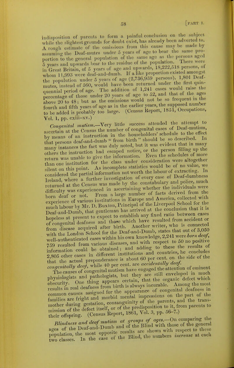 indisposition of parents to form a iminfiil conclusion on the suLjcna while t he slightest grounds for doubt exist, has already been adverted to. A rou<'h estimate of the omissions from this cause may be made by assumfn- the Deaf-mutes under 5 years of age to bear the same pro- portion to the general population of the same age as the persons aged 5 years and upwards bear to the residue of the population. There ^vere inGLt Britain, of 5 years of age and upwards, 18,222,.518 persons, o whom 11,993 were deaf-and-dumb. If a like proportion existed amongst X populution under 5 years of age (2,736,959 persons), 1,801 Deaf- mutes, instead of 560, would have been returned under the first qu in- renn al period of ag^. The addition of 1,241 cases would i-a,se the percen age of those^nder 20 years of age to 52, and that of the ages above 20 to 48; but as the omissions would not be so frequent in the fourth and fifth years of age as in the earlier [/-^t^-.^.^PP^f^^^^^X^^^^^ to be added is probably too large. (Census Report, 18ol, Occupations, Vol, 1, pp. cxiii-xv.) Conaenital 7nutism.-Yevy little success attended the attempt to •vsoei tafn at the Census the number of congenital cases of Deat-mutism t means of an h'structi^ in the householders'schedule to the effect that persons deaf-and-dumb  from birth  should be so described. In maiy instances the fact was duly noted, but it was evident that in many Ss the instruction had escaped notice, or the person fil ing up the return w's unable to give the information. Even the schedules of more than onlTnrtitution for the class under consideration were altogether silent on tHs point. As incomplete statistics would be of no value, v.e cSde^ef the^Trtial information not worth the labour of extracting. In S va Ls temutionsfn Europe and America colleceed wtb hbom by Mr. D. Buxton, PrincilMl of the L verpoo School for the Seat-and-Dumb, that goutleman has arrived at the conelusiou that it is Wle« at nresent to expect to establish my fixed rat.o between cases S ^:^JZ^:^UMl^-t^^^r:,. that out of 3 050 rlautheutoted css^ within his own knowledge, ^f^l^^'^i^f^^fl ?59 resuM fronr ?flll^'^--':^'j^/Z'tJ:Z'^:iT:c f8r:Sc:^n^itS ikiU«ions aSd couutries, he concludes ?S tto tcS p eponderance is about 60 per cent, on Ae side of the vf^p^i^-^ rj^'t.z wis SSrea^;e22l&^ common °° families are flight and ^^^^^^^ parents, and the trans- mother dumg S ° 'Jirf;^^^^ priuspoBitiin to it, from parents to ages of *^»«f-\''■i,™„ it, are shown wltli respect to those ?r£es.''ln™e cT^f the tuTtl-umbers iJeas. at each