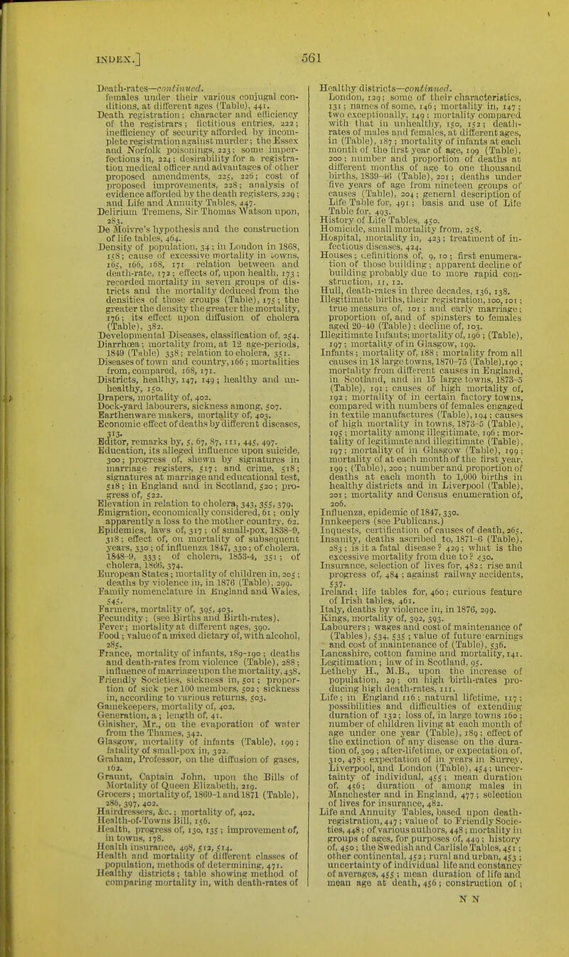 Doafcli-i-atcs—continued. fi'iuales utidoi- their vai-ioiis conjiigal con- ditions, at ditlerciit ages (Tablo), 441. Death registration; character and etliciency of tho registrars; llctitious entries, 222; iiietFiciency of security aU'oriied liy incom- plete registration against murder; tlio Essex and Norfollc poisonings, 333; some imper- fections in, 234; desirability for a registrn- tiou medical officer and advantages of other proposed amendments, 33J, 326; cost of proposed improvements, 33S; analysis of evidence afforded by the death registers, 23g; and Life and Annuity Tables, 447. Delirium Tremens, Sir Thomas Watson npon, 3S3. De Moivre's hypothesis and the construction of life tables, 464. Density of population, 34; in London in 1868, ijS; cansB of excessive mortality in uowns, i6j, 166, j68, 171 i-elation between and death-rate, 173; effects of, upon health, 173 ; recorded mortality in seven groups of dis- tricts and the mortality deduced from tho densities of those groups (Table), 175; the greater the density the greater the mortality, 176; its effect upon diffusion of cholera (Table), 383. Developmental Diseases, classification of, 354. Diarrhoea; mortality from, at 12 age-periods, 1849 (Table) 338; relation to cholera, 3S1. Diseases of town and country, 166; mortalities from, compared, 168,171. Disti'icts, healthy, 147, 149; healthy and un- healthy, i^o. Drapers, mortality of, 403. Dock-yard labourers, sickness among, 507. Earthenware makers, mortality of, 403. Economic effect of deaths by different diseases, 313. Editor, remarks by, 67, 87, iii, 44^, 497. Education, its alleged influence upon suicide, 300; progress of, shewn by signatures in man-iage registers, J17; and crime, Si8; signatures at man'iage and educational test, S18; in England and in Scotland, 520; pro- gress of, 533. Elevation in relation to cholera, 343, 355,379. Emigration, economically considered, 61; only apparently a loss to the mother country, 62. Epidemics, laws of, 317 ; of small-pox, 1S38-9, 318; effect of, on mortality of subsequent years, 330; of infUienza 1847, 330; of cholera, 1848-9, 333; of cholera, 1853-4, 3S1 ; of cholera, ISOti, 374. European States; mortality of children in, 205 ; deaths by violence in, in 1876 (Table), 399. Pamily nomenclature in JJugland and Wales, <45. Parmers, mortality of, 395, 403. Fecundity; (see Births and Birth-rates). J?evcr; nlortality at different ages, 390. Pood; value of a mixed dietary of, with alcohol, 28S. France, mortality of infants, 189-190 ; deaths and death-rates from violence (Table), 388; influence of man'iage upon the mortality, 43S. Priendly Societies, sickness in, 501; propor- tion of sick per 100 members, 502; sickness in, according to various returns, 503. Gamekeepers, mortality of, 403. Generation, a ; length of, 41. Glaisher, 3Ir., on the evaporation of wjiter from the Thames, 343. Glasgow, mortality of infants (Table), 199; fatality of small-pox in, 322. Graham, Professor, on the diffusion of gases, 163. Graunt, Captain .John, upon the Bills of Jlortality of Queen Elizabeth, 219. Grocers; mortality of, 1800-1 and 1871 (Table), 286, 397, 403. Hairdressers, &c.; mortality of, 402. Health-ot-Towns Bill, 156. Health, progress of, 130,13S ; improvement of, ill towns, 178. Healtli insurance, 498, gi3, ^14. flealth and mortality of dillcrent classes of population, methods of determining, ^71. Healthy districts; tablo showing metliod of comparing mortality in, with death-rates of Healthy districts—continued. London, 139; some of their eharaoteriutics, 131; names of some, 14O; mortality in, 147 ; two exeeptioiially, 149; mortality compared with that in unhealthy, ijo, 153 ; death- rates of males and females, at different ages, in (Table), 187; mortality of infants at each month of tho first year of age, 199 (Table), 300; number and jjroportion of deaths at different months of age to one thousand births, 1839-40 (Table), 2or; deaths under Five years of age from nineteen groups of causes (Table), 304; general description of Life Table for, 491; basis and use of Lite Table for, 493. History of Life Tables, 4J0. Homicide, small mortality from, 358. Hospital, mortality in, 433; treatment of in- fectious diseases, 424. Houses; L.elinitions of, 9, lo; first enumera- tion of those building; apparen.t decline of building probably due to more rapid con- struction, II, 12. Hull, death-rates in three decades, 136, 138. Illegitimate births, their registration, 100, loi; true measure of, loi; and early marriage; proportion of, and of spinsters to females aged 20-40 (Table); decline of, 103. HlegitimatoTnfantsi mortality of, 196 ; (Table), 197; mortality of in Glasgow, 199. Infants ; mortality of, 188 ; mortality from all causes in 18 large towns, 1870-75 (Table),190 ; mortality from dift'erent causes in England, in Scotland, and in 15 large towns, 1873-5 (Table), 191; causes of high mortality of, 192; mortality of in certain factory towns, compared with numbers of females engaged in textile manufactures (Table), 194; causes of high mortality in towns, 1873-5 (Table), 195 ; mortality among illegitimate, 196; mor- tality of legitimate and illegitunate (Table). 197; mortality of in Glasgow (Table), 199; mortality of at each month of the lirst year, 199; (Table), 200; number and proportion of deaths at each month to 1,000 births in healthy districts and in Liverpool (Table), 301; mortality and Census enumeration of, 3o6. Influenza, epidemic of 1847,330. Innkeepers (see Publicans.) Inquests, certification of causes of death, 265, Insanit^v, deaths ascribed to, 1871-G (Table), 383 ; IS it a fatal disease ? 429; what is the excessive mortality from due to? ^30. Insurance, selection of lives for, 482; rise and progress of, 484 ; aeainst railwav accidents, 537- Ireland; life tables for, 460; curious feature of Irish tables, 461. Italy, deaths by violence in, in 1876, 299. Kings, mortality of, 393, 393. Labourers; wages and cost of maintenance of (Tables), S34, iii ; value of future earnings and cost of maintenance of (Table), 536. Lancashire, cotton famine and mortality, 141. Legitimation; law of in Scotland, 95. Letheby H., M.B., upon the increase of population, 39; on high birth-rates pro- ducing high death-rates, iii. Life; in England 116; natural lifetime, 117; possibilities and difficulties of extending duration of 133; loss of, in large towns 160; number of children living at each month of age under one year (Table), 189; effect of the extinction of any disease on the dura- tion of, 309 ; after-lifetime, or expectation of, 310,478; expectation of in years in Surrey, Liverpool, and London (Table), 4S4; uncer- tainty of individual, 45J ; mean duration of, 456; duration of among males in Manchester and in England, 477; selection of lives for insurance, 482. Life and Annuity Tables, based upon death- registration, 447 ; value of to Priendly Socie- ties, 448; of various authors, 448; mortality in groups of ages, for purposes of, 449 ; history of, 4So; the Swedish and Carlisle Tables, 451; other continental, 452; rural and urban, 4S3 ; uncertainty of individual life and constancy of averages, 4S5 ; moan duration of life and mean ago at death, 456 ; construction of ; N N