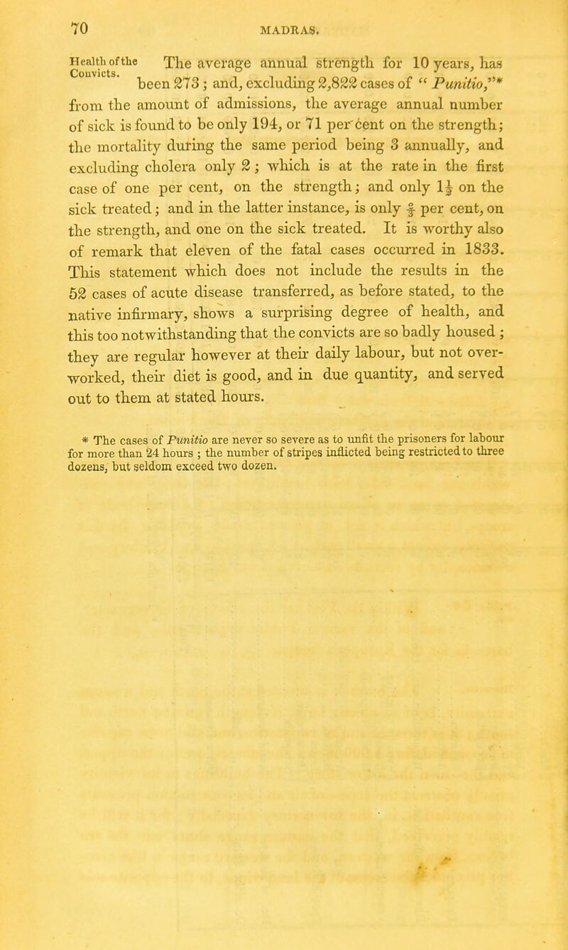 Health of the The average annual strength for 10 years, has been 213; and, excluding 2,S22 cases of  Punitio,* from the amount of admissions, the average annual number of sick is found to be only 194, or 71 per cent on the strength; the mortality during the same period being 3 annually, and excluding cholera only 2; which is at the rate in the first case of one per cent, on the strength; and only 1| on the sick treated; and in the latter instance, is only f per cent, on the strength, and one on the sick treated. It is worthy also of remark that eleven of the fatal cases occurred in 1833. Tliis statement which does not include the results in the 52 cases of acute disease transferred, as before stated, to the native infirmary, shows a surprising degree of health, and this too notwithstanding that the convicts are so badly housed; they are regular however at their daily labour, but not over- worked, their diet is good, and in due quantity, and served out to them at stated hours. * The cases of Punitio are never so severe as to unfit the prisoners for labour for more than 24 hours ; the number of stripes inflicted being restricted to three dozens, but seldom exceed two dozen.